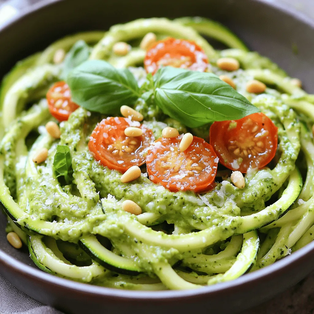 To make Zucchini Noodles with Pesto, gather these items: - 4 medium zucchinis, spiralized - 1 ripe avocado - 1 cup fresh basil leaves, packed - 2 tablespoons pine nuts - 2 garlic cloves, minced - 2 tablespoons freshly squeezed lemon juice - 3 tablespoons extra virgin olive oil - Sea salt and freshly ground black pepper, to taste - 1 cup cherry tomatoes, halved (for garnish) - Grated Parmesan cheese (optional, for serving) Using fresh and ripe ingredients is key. Choose firm zucchinis without blemishes. The avocado should be soft yet not mushy. Fresh basil adds strong flavor, so select vibrant green leaves. For the best taste, use extra virgin olive oil. The quality of your olive oil can enhance the dish greatly. If you have allergies or dietary needs, here are some ideas: - Zucchini: You can replace it with carrots or sweet potatoes for different flavors. - Avocado: Use cooked spinach or nut butter if you're allergic to avocados. - Pine Nuts: Substitute with walnuts or sunflower seeds for a nut-free option. - Parmesan Cheese: Omit it for a dairy-free meal or use nutritional yeast for a cheesy flavor. Feel free to mix and match ingredients based on your taste or what you have at home. For the full recipe, check the details above. To start, take four medium zucchinis and spiralize them. A spiralizer helps create long, noodle-like strands. If you lack a spiralizer, a vegetable peeler can work too. Once you spiralize, place the zucchini noodles in a big bowl. This keeps them ready for the next steps. Now, let’s make the avocado pesto. Grab one ripe avocado and a cup of packed fresh basil leaves. Add two tablespoons of pine nuts and two minced garlic cloves. Squeeze in two tablespoons of fresh lemon juice and three tablespoons of extra virgin olive oil. Sprinkle in some sea salt and black pepper. Now, blend this mixture in a food processor. Blend until it's smooth and creamy. Stop to scrape down the sides to mix well. Taste it and adjust the seasoning if needed. Next, heat a drizzle of olive oil in a large skillet over medium heat. Carefully add the zucchini noodles to the skillet. Sauté them for about two to three minutes. Stir gently so they soften but still stay crunchy. Avoid cooking too long. Once done, remove the skillet from heat. Fold the avocado pesto into the zucchini noodles gently. Make sure each noodle gets coated in that vibrant green sauce. Finally, divide the noodles into serving bowls. For a colorful touch, garnish with halved cherry tomatoes. If you like, sprinkle some grated Parmesan cheese on top for extra flavor. You can find the full recipe below to ensure every step is easy to follow. Enjoy your fresh and flavorful meal! To get the best zucchini noodles, choose firm, fresh zucchinis. The best size is medium. Spiralizing creates long strands that mimic pasta. If you don't have a spiralizer, use a vegetable peeler to make ribbons. After cutting, place the noodles in a colander. This helps remove excess moisture. Let them sit for about 15 minutes. Pat them dry with a clean towel before cooking. This keeps your dish from becoming watery. You can boost the flavor of your dish with simple add-ins. Try adding red pepper flakes for some heat. A sprinkle of fresh herbs like parsley or mint adds brightness. For a nutty taste, toss in some toasted walnuts or almonds. If you want a protein boost, grilled chicken or shrimp works well too. Just remember, the key is to keep it light so the fresh flavors shine. For a beautiful dish, presentation matters. Start by twirling the zucchini noodles into a nest on each plate. This adds height and makes it look fancy. Drizzle some extra pesto around the edges for color. Scatter halved cherry tomatoes on top for a pop. If you like, add a sprinkle of grated Parmesan cheese too. This makes your meal not only tasty but visually appealing as well. A well-presented dish can make your meal feel special. Enjoy the process of making it pretty! {{image_4}} You can add protein to make this dish heartier. Cooked chicken, shrimp, or tofu works well. For chicken, grill or pan-sear it before slicing. Toss it into the noodles with the pesto for a complete meal. If you want a plant-based option, try chickpeas or lentils. They add protein and fiber, making your dish satisfying. While pesto is fantastic, you might want to try other sauces too. A creamy Alfredo or a spicy marinara can change the flavor. For a fresh twist, use a lemon-garlic sauce. Just mix olive oil, lemon juice, and garlic. This simple sauce is great for summer. Experimenting with sauces helps you find your favorite taste. This recipe is naturally vegan and gluten-free if you skip the cheese. You can use nutritional yeast for a cheesy flavor. It adds nutrients and keeps the dish plant-based. If you want to add gluten-free pasta, mix it with zucchini noodles. This gives you the best of both worlds. With these easy swaps, you can enjoy a tasty meal that fits your diet. For more details, check the Full Recipe. To store leftovers, place the zucchini noodles in an airtight container. Make sure to layer the noodles with the avocado pesto. This helps to keep the flavor and moisture in. Store the container in the fridge. The noodles are best if eaten within two days. When you are ready to eat, gently reheat the zucchini noodles. Use a skillet over low heat to warm them. Add a splash of olive oil if they look dry. Heat just until warm, about two to three minutes. Avoid high heat, as it can make the noodles soggy. You can freeze zucchini noodles, but the texture may change. To freeze, spiralize the zucchini and blanch it in boiling water for a minute. Then, quickly transfer the noodles to ice water. Drain and pat them dry before placing them in a freezer bag. Remove as much air as possible, then seal and label the bag. Use the frozen noodles within three months for best taste. Yes, you can make zucchini noodles ahead of time. Spiralize the zucchinis and store them in a container. Keep them in the fridge for up to two days. However, they may lose some crispness. To keep them fresh, store them with a paper towel to absorb excess moisture. To make this dish, you need a few simple tools: - Spiralizer or vegetable peeler - Food processor - Large skillet - Mixing bowl - Measuring cups and spoons These tools make the process easy and fun. A spiralizer gives the best noodle shape. If you don't have one, a vegetable peeler can work too. To prevent sogginess, follow these tips: - Use fresh zucchinis. Older zucchinis have more water. - Spiralize and then salt the noodles lightly. Let them sit for 10 minutes, then pat dry. - Cook them for a short time. Sauté for only 2-3 minutes until they are tender but still firm. - Serve immediately after mixing with the pesto. This keeps them from sitting and getting mushy. These steps help keep your zucchini noodles firm and tasty. In this post, I covered how to make zucchini noodles with avocado pesto. We explored the best ingredients, tips for preparation, and ways to enhance flavor. I also shared storage advice and answered common questions. Zucchini noodles are easy, tasty, and healthy. They offer many options for variation and customization. Enjoy your cooking, and make this dish suit your tastes!
