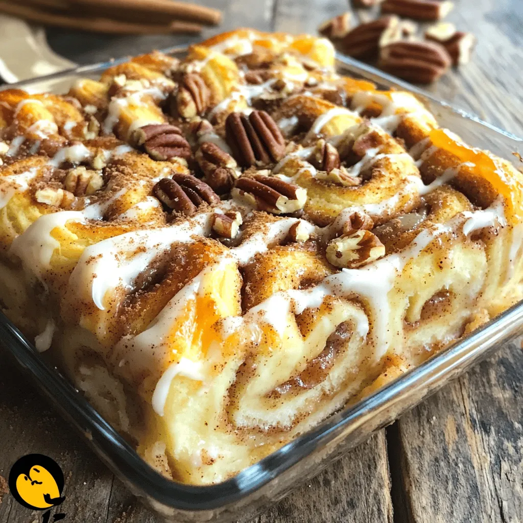 To make a delicious cinnamon roll casserole, you need some key ingredients. Here’s what you will need: - 1 can (16 oz) refrigerated cinnamon rolls, cut into quarters - 4 large eggs - 1 cup milk (whole or almond milk for dairy-free) - 1/2 cup packed brown sugar - 1 teaspoon vanilla extract - 1 teaspoon ground cinnamon - 1/4 teaspoon ground nutmeg - 1/2 cup chopped pecans or walnuts (optional) - 1/2 cup raisins or dried cranberries (optional) - 1 cup cream cheese frosting (from the cinnamon roll can or homemade) These ingredients come together to create a warm, sweet dish that is perfect for breakfast or brunch. The cinnamon rolls give it a rich flavor, while the eggs and milk provide a custard-like base. You can make it your own by adding mix-ins like nuts or dried fruit. The cream cheese frosting on top adds the final touch of sweetness. For a detailed recipe, check out the Full Recipe. First, preheat your oven to 375°F (190°C). This helps the casserole cook evenly. Next, take a 9x13-inch baking dish and lightly grease it. You can use cooking spray or butter to prevent sticking. In a large bowl, whisk together the eggs and milk. Add the brown sugar, vanilla, ground cinnamon, and nutmeg. Mix until the mixture is smooth and well combined. This is the base for your casserole. Now, gently fold in the quartered cinnamon rolls. Make sure each piece gets coated in the egg mixture. If you like, stir in chopped nuts or dried fruit for extra flavor. Carefully pour the mixture into the greased baking dish. Spread it evenly for better cooking. Place the baking dish in the oven and bake for 25-30 minutes. Check for doneness by inserting a toothpick in the center. If it comes out clean, it's ready! While it bakes, prepare the cream cheese frosting as per the package instructions. This will top off your delicious casserole. For the full recipe, check the details above. To avoid a soggy bottom, make sure to grease the baking dish well. You can use cooking spray or butter for this. This helps the casserole cook evenly. Another tip is to bake it long enough until the top is golden brown. To test for doneness, use a toothpick. Insert it into the center of the casserole. If it comes out clean, your dish is ready. If not, give it a few more minutes in the oven. For a stunning presentation, cut the casserole into neat squares. Serve each piece warm on individual plates. You can drizzle extra frosting on top for a sweet touch. Adding a sprinkle of cinnamon or some chopped nuts also helps enhance the look and flavor. If you like extra flavor, consider adding more cinnamon or nuts. This gives the casserole a delightful crunch and a warm spice. You can choose between homemade and store-bought frosting. Homemade frosting is simple and can add a personal touch. Store-bought options are quick and easy for busy mornings. For other frosting flavors, consider cream cheese or chocolate. These can add a fun twist to your cinnamon roll casserole. Just imagine how delicious a chocolate frosting would taste on this dish! {{image_4}} You can change the flavor of your cinnamon roll casserole in fun ways. One great idea is to make a pumpkin spice version. Just add pumpkin puree and pumpkin pie spice to the mix. This gives your casserole a warm, fall vibe. Another tasty option is a chocolate chip cinnamon roll casserole. Simply add chocolate chips to the egg mixture. The melted chocolate adds a rich flavor that kids love. You can mix and match flavors to suit your taste! If you're looking for healthier options, you can swap some ingredients. Try using egg whites instead of whole eggs. This cuts down on fat while keeping protein high. You can also use almond milk or oat milk instead of regular milk. For a gluten-free version, look for gluten-free cinnamon rolls. They work just as well and taste great. You can enjoy this casserole without worrying about gluten. Seasonal fruits can add freshness to your casserole. In summer, toss in berries like strawberries or blueberries. In fall, sliced apples bring a sweet crunch. These fruits not only taste good but also add color to your dish. For the holidays, think about adding peppermint or eggnog flavors. A splash of eggnog in the egg mixture makes it festive. You can even sprinkle crushed candy canes on top for a fun touch. Enjoy making your cinnamon roll casserole fit every season! You can find the full recipe for this delicious dish in the earlier sections. After you enjoy your cinnamon roll casserole, let it cool. Place leftovers in an airtight container. This keeps the casserole fresh and tasty. You can store it in the fridge for up to three days. If you want to keep it longer, freezing is a great option. To reheat without drying out, use the oven. Preheat it to 350°F (175°C). Cover the casserole with foil to keep moisture in. Heat for about 15-20 minutes. You can also use the microwave. Heat in short bursts, about 30 seconds, checking often. This helps to avoid a dry texture. You can freeze the casserole before baking or after. If freezing before baking, assemble it and cover tightly. Freeze for up to two months. When you’re ready to bake, let it thaw overnight in the fridge. If freezing after baking, let it cool completely. Then, slice it and wrap each piece in plastic wrap. Place in a freezer-safe bag for easy access. Yes, you can prepare this casserole the night before. To do this, follow these steps: - Mix the egg mixture as you normally would. - Cut the cinnamon rolls and fold them in. - Pour the mixture into the baking dish, cover it, and place it in the fridge overnight. - In the morning, bake it straight from the fridge, adding a few extra minutes to the cooking time. Check for these signs to know when your casserole is ready: - The top should be golden brown. - A toothpick inserted in the center should come out clean. - The casserole should feel firm to the touch. These visual and textural cues will help you ensure a perfect bake every time. Yes, you can use other types of bread. Here are some tasty options: - Brioche for a rich, buttery flavor. - Croissants for a flaky texture. - Even sourdough can add a nice tang. Just remember, the bread should soak up the egg mixture well. Absolutely! This recipe is great for serving a crowd. Here are some tips for scaling up: - Double the ingredients and use a larger baking dish. - Bake in batches if your oven space is limited. - Keep an eye on the baking time, as larger casseroles may take longer. You can enhance your casserole with delicious toppings. Consider these options: - A drizzle of extra cream cheese frosting. - Fresh fruits like berries or sliced bananas. - A sprinkle of chopped nuts for crunch. These garnishments can add flavor and make your dish look stunning! For the full recipe, refer to the main section. In this blog post, we explored how to make a delicious cinnamon roll casserole. We covered essential ingredients, step-by-step instructions, and helpful tips to make it perfect. You can customize flavors and even try healthier options. Remember, storing and reheating the casserole correctly keeps it tasty. Whether it’s a breakfast treat or dessert, this recipe is sure to impress. Enjoy creating your own version and share it with others.