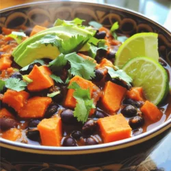 - 2 medium sweet potatoes, peeled and cut into 1-inch cubes - 1 can (15 oz) black beans, rinsed thoroughly and drained - 1 can (14 oz) diced tomatoes with green chilies - 1 medium onion, diced - 3 cloves garlic, minced - 1 bell pepper (any color), diced - 1 cup corn (can use frozen or fresh) - 2 cups vegetable broth - 1 tablespoon chili powder - 1 tablespoon ground cumin - 1 teaspoon smoked paprika - 1 teaspoon dried oregano - Salt and freshly ground black pepper, to taste - 2 tablespoons olive oil - Fresh cilantro leaves, for garnish - Slices of avocado, for topping (optional) I love the bright colors and flavors in this dish! Each ingredient plays a key role. Sweet potatoes bring a natural sweetness and creaminess. Black beans add protein and fiber, making the dish hearty. Diced tomatoes bring acidity and brightness, while the onion and garlic give depth of flavor. The bell pepper adds crunch, and corn brings a sweet burst. Vegetable broth serves as the base, tying everything together. The spices—chili powder, cumin, smoked paprika, and oregano—create a warm, savory taste. I always use fresh cilantro for garnish; it adds a fresh touch. And if you like avocado, it makes a great topping! You can find the full recipe for this delicious chili above. - Step 1: Sautéing Onion and Bell Pepper Start by heating olive oil in a large pot over medium heat. Add diced onion and bell pepper. Cook for about 5 minutes. You want the onion to look soft and clear. - Step 2: Add Minced Garlic Next, stir in the minced garlic. Keep stirring for 1 to 2 minutes. This helps to release the garlic's great smell without burning it. - Step 3: Incorporate Sweet Potatoes and Other Ingredients Now, it's time to add the sweet potatoes. Toss in corn, black beans, and diced tomatoes with their juice. Pour in the vegetable broth. Mix everything together well. - Step 4: Season and Bring to Boil Add chili powder, cumin, smoked paprika, oregano, salt, and pepper. Stir to blend the spices evenly. Increase the heat to bring the chili to a gentle boil. - Step 5: Simmer and Stir Once boiling, reduce the heat and cover the pot. Let it simmer for about 25 to 30 minutes. Stir occasionally to stop anything from sticking to the bottom. You want the sweet potatoes to be soft enough to pierce with a fork. - Step 6: Adjust Seasoning and Serve After cooking, taste your chili. Adjust any seasonings if needed, adding more salt, pepper, or spices. When ready, ladle the chili into bowls. Garnish with fresh cilantro and top with avocado slices if you like. You can check the Full Recipe for all the details. Enjoy your cooking! - Optimal cooking time for sweet potatoes: Sweet potatoes cook well in about 25-30 minutes. Check for tenderness with a fork. They should be soft but not mushy. - How to enhance flavor profiles: To boost flavor, use fresh herbs like cilantro. You can also squeeze lime juice for a zesty kick. Adding a pinch of sugar balances the spices. - Ensuring a thick chili consistency: If your chili is too thin, let it simmer a bit longer. You can also mash some sweet potatoes in the pot to create a thicker texture. - Suggested garnishes for presentation: Fresh cilantro adds color and flavor. Slices of avocado on top make it creamy. A sprinkle of cheese can also enhance the dish. - Best side dishes to serve with chili: Pair your chili with crunchy tortilla chips. A simple salad or cornbread also complements the meal well. For a heartier option, serve with rice or quinoa. {{image_4}} You can switch up the beans in this chili. Try kidney beans or pinto beans for a new twist. Both add flavor and texture. If you have chickpeas, those work well too. You can add more vegetables for variety. Zucchini, carrots, or spinach mix nicely with sweet potatoes. They add color and nutrients. You can even toss in some chopped kale for a hearty boost. Adjust the spice level to your taste. If you like it mild, skip the chili powder. For heat, add diced jalapeños or cayenne pepper. Start small, then add more if you want it spicier. To make this chili gluten-free, ensure your vegetable broth is gluten-free. Most brands are safe, but check the label. The rest of the ingredients are naturally gluten-free, so you’re good to go. For vegan options, this recipe is already vegan-friendly! All the ingredients fit within a plant-based diet. If you want extra protein, consider adding quinoa or lentils. Both are tasty and filling. For the full recipe, check out the Sweet Potato Black Bean Chili . To store leftover chili, let it cool to room temperature first. Transfer it to an airtight container. Make sure you seal it tightly. This will keep it fresh for your next meal. For freezing, use freezer-safe bags or containers. Portion the chili for easy reheating. Remove as much air as possible from the bags before sealing. When you are ready to enjoy it, thaw in the fridge overnight. Reheat it on the stove or in the microwave until hot. In the fridge, sweet potato black bean chili stays good for about 4 to 5 days. Always check for signs of spoilage before eating. If you see mold or an off smell, discard it. When frozen, the chili can last for 3 to 4 months. After that, it may lose flavor and texture. Always trust your senses. If it looks or smells bad, it's best to throw it away. What can I serve with sweet potato black bean chili? You can serve this chili with warm cornbread or rice. Tortilla chips are great too. Fresh avocado slices add a nice touch. A sprinkle of cheese or sour cream also works well. Can I make this chili in a slow cooker? Yes, you can make this chili in a slow cooker. Just add all ingredients and cook on low for 6-8 hours. Stir occasionally if you can. This method allows flavors to blend well. How do I store and reheat leftovers? Store leftover chili in an airtight container. It lasts up to 5 days in the fridge. To reheat, warm it on the stove or in the microwave. Add a splash of broth to keep it moist. What is the nutritional value of this chili recipe? This chili is packed with nutrients. It is rich in fiber and protein. Sweet potatoes provide vitamins A and C. Black beans add iron and additional protein. Can I prepare the chili ahead of time? Yes, you can prepare this chili a day ahead. Let it cool and store it in the fridge. This allows flavors to deepen. Reheat before serving for the best taste. Is sweet potato black bean chili healthy? Yes, it is very healthy. It is low in fat and high in fiber. Sweet potatoes and black beans make it nutritious. This chili is also filling, making it a great meal option. How can I make it spicier? To make it spicier, add chopped jalapeños or cayenne pepper. You can also increase the chili powder. Taste as you go to find your perfect spice level. What are some other variations of chili? You can try adding different beans, like kidney or pinto beans. Some people like to add meat, such as ground turkey or beef. You can also mix in other veggies like zucchini or carrots for variety. For the full recipe, check out the Sweet Potato Black Bean Chili section. To make this savory sweet potato black bean chili, gather your ingredients. Here’s what you need: - 2 medium sweet potatoes, peeled and cut into 1-inch cubes - 1 can (15 oz) black beans, rinsed thoroughly and drained - 1 can (14 oz) diced tomatoes with green chilies - 1 medium onion, diced - 3 cloves garlic, minced - 1 bell pepper (any color), diced - 1 cup corn (can use frozen or fresh) - 2 cups vegetable broth - 1 tablespoon chili powder - 1 tablespoon ground cumin - 1 teaspoon smoked paprika - 1 teaspoon dried oregano - Salt and freshly ground black pepper, to taste - 2 tablespoons olive oil - Fresh cilantro leaves, for garnish - Slices of avocado, for topping (optional) This chili is a great blend of flavors. Sweet potatoes add a nice sweetness. Black beans give it a hearty texture. The spices bring warmth and depth. You’ll enjoy how easy it is to prepare. Start by warming olive oil in a large pot. Add diced onion and bell pepper. Cook these for about 5 minutes. You want the onion to turn soft and clear. Next, add minced garlic. Stir it for 1-2 minutes. This step makes your kitchen smell amazing! Then, toss in the sweet potatoes, corn, black beans, and diced tomatoes. Pour in the vegetable broth, too. Season the mix with chili powder, cumin, smoked paprika, oregano, salt, and pepper. Stir everything well. Make sure the spices spread evenly. Now, turn up the heat until it boils gently. Once it’s bubbling, lower the heat and cover the pot. Let it simmer for 25-30 minutes. This makes the sweet potatoes fork-tender. After cooking, taste your chili. Adjust the seasoning if needed. Add more salt, pepper, or spices based on your taste. When ready, ladle the chili into bowls. Garnish with fresh cilantro and avocado slices if you like. For a fun touch, serve with crunchy tortilla chips on the side. This dish is not only tasty but also beautiful. The colors are vibrant, and the flavors are rich. Enjoy making this sweet potato black bean chili for yourself and others! This blog post shared a simple, tasty recipe for Sweet Potato Black Bean Chili. You learned about the key ingredients and step-by-step cooking method. Practical tips and serving ideas made it easier to enjoy this dish. Variations and storage advice offered more flexibility for your needs. In closing, this chili is not just healthy but also fun to make. I hope you feel inspired to try it soon!