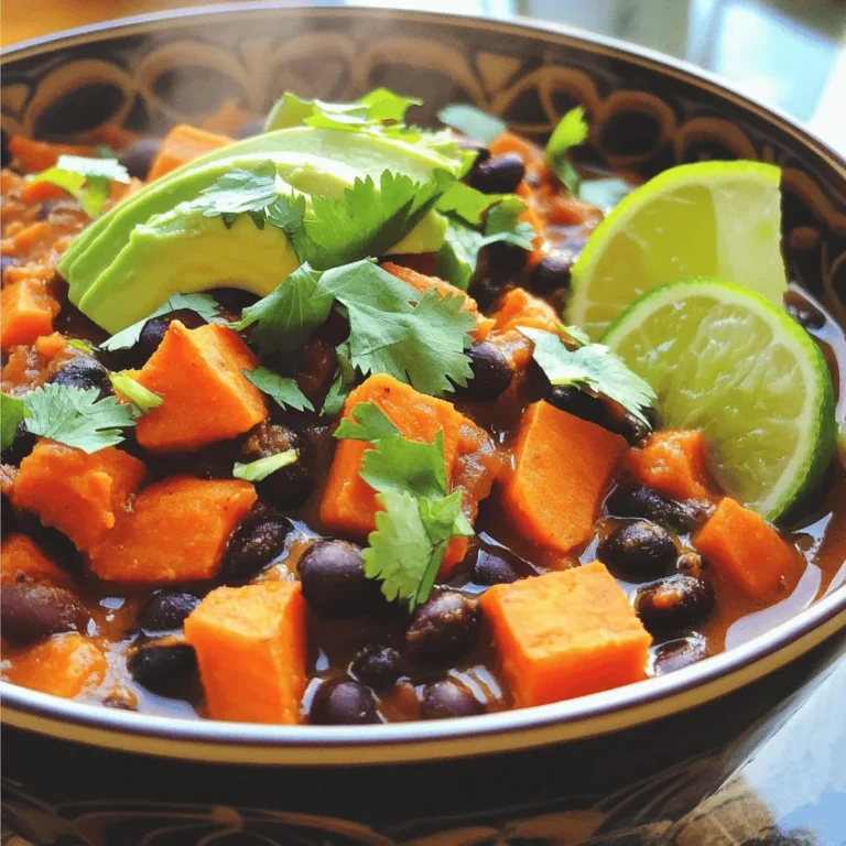 - 2 medium sweet potatoes, peeled and cut into 1-inch cubes - 1 can (15 oz) black beans, rinsed thoroughly and drained - 1 can (14 oz) diced tomatoes with green chilies - 1 medium onion, diced - 3 cloves garlic, minced - 1 bell pepper (any color), diced - 1 cup corn (can use frozen or fresh) - 2 cups vegetable broth - 1 tablespoon chili powder - 1 tablespoon ground cumin - 1 teaspoon smoked paprika - 1 teaspoon dried oregano - Salt and freshly ground black pepper, to taste - 2 tablespoons olive oil - Fresh cilantro leaves, for garnish - Slices of avocado, for topping (optional) I love the bright colors and flavors in this dish! Each ingredient plays a key role. Sweet potatoes bring a natural sweetness and creaminess. Black beans add protein and fiber, making the dish hearty. Diced tomatoes bring acidity and brightness, while the onion and garlic give depth of flavor. The bell pepper adds crunch, and corn brings a sweet burst. Vegetable broth serves as the base, tying everything together. The spices—chili powder, cumin, smoked paprika, and oregano—create a warm, savory taste. I always use fresh cilantro for garnish; it adds a fresh touch. And if you like avocado, it makes a great topping! You can find the full recipe for this delicious chili above. - Step 1: Sautéing Onion and Bell Pepper Start by heating olive oil in a large pot over medium heat. Add diced onion and bell pepper. Cook for about 5 minutes. You want the onion to look soft and clear. - Step 2: Add Minced Garlic Next, stir in the minced garlic. Keep stirring for 1 to 2 minutes. This helps to release the garlic's great smell without burning it. - Step 3: Incorporate Sweet Potatoes and Other Ingredients Now, it's time to add the sweet potatoes. Toss in corn, black beans, and diced tomatoes with their juice. Pour in the vegetable broth. Mix everything together well. - Step 4: Season and Bring to Boil Add chili powder, cumin, smoked paprika, oregano, salt, and pepper. Stir to blend the spices evenly. Increase the heat to bring the chili to a gentle boil. - Step 5: Simmer and Stir Once boiling, reduce the heat and cover the pot. Let it simmer for about 25 to 30 minutes. Stir occasionally to stop anything from sticking to the bottom. You want the sweet potatoes to be soft enough to pierce with a fork. - Step 6: Adjust Seasoning and Serve After cooking, taste your chili. Adjust any seasonings if needed, adding more salt, pepper, or spices. When ready, ladle the chili into bowls. Garnish with fresh cilantro and top with avocado slices if you like. You can check the Full Recipe for all the details. Enjoy your cooking! - Optimal cooking time for sweet potatoes: Sweet potatoes cook well in about 25-30 minutes. Check for tenderness with a fork. They should be soft but not mushy. - How to enhance flavor profiles: To boost flavor, use fresh herbs like cilantro. You can also squeeze lime juice for a zesty kick. Adding a pinch of sugar balances the spices. - Ensuring a thick chili consistency: If your chili is too thin, let it simmer a bit longer. You can also mash some sweet potatoes in the pot to create a thicker texture. - Suggested garnishes for presentation: Fresh cilantro adds color and flavor. Slices of avocado on top make it creamy. A sprinkle of cheese can also enhance the dish. - Best side dishes to serve with chili: Pair your chili with crunchy tortilla chips. A simple salad or cornbread also complements the meal well. For a heartier option, serve with rice or quinoa. {{image_4}} You can switch up the beans in this chili. Try kidney beans or pinto beans for a new twist. Both add flavor and texture. If you have chickpeas, those work well too. You can add more vegetables for variety. Zucchini, carrots, or spinach mix nicely with sweet potatoes. They add color and nutrients. You can even toss in some chopped kale for a hearty boost. Adjust the spice level to your taste. If you like it mild, skip the chili powder. For heat, add diced jalapeños or cayenne pepper. Start small, then add more if you want it spicier. To make this chili gluten-free, ensure your vegetable broth is gluten-free. Most brands are safe, but check the label. The rest of the ingredients are naturally gluten-free, so you’re good to go. For vegan options, this recipe is already vegan-friendly! All the ingredients fit within a plant-based diet. If you want extra protein, consider adding quinoa or lentils. Both are tasty and filling. For the full recipe, check out the Sweet Potato Black Bean Chili . To store leftover chili, let it cool to room temperature first. Transfer it to an airtight container. Make sure you seal it tightly. This will keep it fresh for your next meal. For freezing, use freezer-safe bags or containers. Portion the chili for easy reheating. Remove as much air as possible from the bags before sealing. When you are ready to enjoy it, thaw in the fridge overnight. Reheat it on the stove or in the microwave until hot. In the fridge, sweet potato black bean chili stays good for about 4 to 5 days. Always check for signs of spoilage before eating. If you see mold or an off smell, discard it. When frozen, the chili can last for 3 to 4 months. After that, it may lose flavor and texture. Always trust your senses. If it looks or smells bad, it's best to throw it away. What can I serve with sweet potato black bean chili? You can serve this chili with warm cornbread or rice. Tortilla chips are great too. Fresh avocado slices add a nice touch. A sprinkle of cheese or sour cream also works well. Can I make this chili in a slow cooker? Yes, you can make this chili in a slow cooker. Just add all ingredients and cook on low for 6-8 hours. Stir occasionally if you can. This method allows flavors to blend well. How do I store and reheat leftovers? Store leftover chili in an airtight container. It lasts up to 5 days in the fridge. To reheat, warm it on the stove or in the microwave. Add a splash of broth to keep it moist. What is the nutritional value of this chili recipe? This chili is packed with nutrients. It is rich in fiber and protein. Sweet potatoes provide vitamins A and C. Black beans add iron and additional protein. Can I prepare the chili ahead of time? Yes, you can prepare this chili a day ahead. Let it cool and store it in the fridge. This allows flavors to deepen. Reheat before serving for the best taste. Is sweet potato black bean chili healthy? Yes, it is very healthy. It is low in fat and high in fiber. Sweet potatoes and black beans make it nutritious. This chili is also filling, making it a great meal option. How can I make it spicier? To make it spicier, add chopped jalapeños or cayenne pepper. You can also increase the chili powder. Taste as you go to find your perfect spice level. What are some other variations of chili? You can try adding different beans, like kidney or pinto beans. Some people like to add meat, such as ground turkey or beef. You can also mix in other veggies like zucchini or carrots for variety. For the full recipe, check out the Sweet Potato Black Bean Chili section. To make this savory sweet potato black bean chili, gather your ingredients. Here’s what you need: - 2 medium sweet potatoes, peeled and cut into 1-inch cubes - 1 can (15 oz) black beans, rinsed thoroughly and drained - 1 can (14 oz) diced tomatoes with green chilies - 1 medium onion, diced - 3 cloves garlic, minced - 1 bell pepper (any color), diced - 1 cup corn (can use frozen or fresh) - 2 cups vegetable broth - 1 tablespoon chili powder - 1 tablespoon ground cumin - 1 teaspoon smoked paprika - 1 teaspoon dried oregano - Salt and freshly ground black pepper, to taste - 2 tablespoons olive oil - Fresh cilantro leaves, for garnish - Slices of avocado, for topping (optional) This chili is a great blend of flavors. Sweet potatoes add a nice sweetness. Black beans give it a hearty texture. The spices bring warmth and depth. You’ll enjoy how easy it is to prepare. Start by warming olive oil in a large pot. Add diced onion and bell pepper. Cook these for about 5 minutes. You want the onion to turn soft and clear. Next, add minced garlic. Stir it for 1-2 minutes. This step makes your kitchen smell amazing! Then, toss in the sweet potatoes, corn, black beans, and diced tomatoes. Pour in the vegetable broth, too. Season the mix with chili powder, cumin, smoked paprika, oregano, salt, and pepper. Stir everything well. Make sure the spices spread evenly. Now, turn up the heat until it boils gently. Once it’s bubbling, lower the heat and cover the pot. Let it simmer for 25-30 minutes. This makes the sweet potatoes fork-tender. After cooking, taste your chili. Adjust the seasoning if needed. Add more salt, pepper, or spices based on your taste. When ready, ladle the chili into bowls. Garnish with fresh cilantro and avocado slices if you like. For a fun touch, serve with crunchy tortilla chips on the side. This dish is not only tasty but also beautiful. The colors are vibrant, and the flavors are rich. Enjoy making this sweet potato black bean chili for yourself and others! This blog post shared a simple, tasty recipe for Sweet Potato Black Bean Chili. You learned about the key ingredients and step-by-step cooking method. Practical tips and serving ideas made it easier to enjoy this dish. Variations and storage advice offered more flexibility for your needs. In closing, this chili is not just healthy but also fun to make. I hope you feel inspired to try it soon!