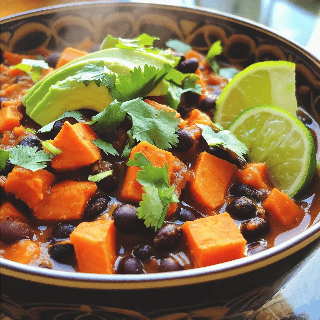 - 2 medium sweet potatoes, peeled and cut into 1-inch cubes - 1 can (15 oz) black beans, rinsed thoroughly and drained - 1 can (14 oz) diced tomatoes with green chilies - 1 medium onion, diced - 3 cloves garlic, minced - 1 bell pepper (any color), diced - 1 cup corn (can use frozen or fresh) - 2 cups vegetable broth - 1 tablespoon chili powder - 1 tablespoon ground cumin - 1 teaspoon smoked paprika - 1 teaspoon dried oregano - Salt and freshly ground black pepper, to taste - 2 tablespoons olive oil - Fresh cilantro leaves, for garnish - Slices of avocado, for topping (optional) I love the bright colors and flavors in this dish! Each ingredient plays a key role. Sweet potatoes bring a natural sweetness and creaminess. Black beans add protein and fiber, making the dish hearty. Diced tomatoes bring acidity and brightness, while the onion and garlic give depth of flavor. The bell pepper adds crunch, and corn brings a sweet burst. Vegetable broth serves as the base, tying everything together. The spices—chili powder, cumin, smoked paprika, and oregano—create a warm, savory taste. I always use fresh cilantro for garnish; it adds a fresh touch. And if you like avocado, it makes a great topping! You can find the full recipe for this delicious chili above. - Step 1: Sautéing Onion and Bell Pepper Start by heating olive oil in a large pot over medium heat. Add diced onion and bell pepper. Cook for about 5 minutes. You want the onion to look soft and clear. - Step 2: Add Minced Garlic Next, stir in the minced garlic. Keep stirring for 1 to 2 minutes. This helps to release the garlic's great smell without burning it. - Step 3: Incorporate Sweet Potatoes and Other Ingredients Now, it's time to add the sweet potatoes. Toss in corn, black beans, and diced tomatoes with their juice. Pour in the vegetable broth. Mix everything together well. - Step 4: Season and Bring to Boil Add chili powder, cumin, smoked paprika, oregano, salt, and pepper. Stir to blend the spices evenly. Increase the heat to bring the chili to a gentle boil. - Step 5: Simmer and Stir Once boiling, reduce the heat and cover the pot. Let it simmer for about 25 to 30 minutes. Stir occasionally to stop anything from sticking to the bottom. You want the sweet potatoes to be soft enough to pierce with a fork. - Step 6: Adjust Seasoning and Serve After cooking, taste your chili. Adjust any seasonings if needed, adding more salt, pepper, or spices. When ready, ladle the chili into bowls. Garnish with fresh cilantro and top with avocado slices if you like. You can check the Full Recipe for all the details. Enjoy your cooking! - Optimal cooking time for sweet potatoes: Sweet potatoes cook well in about 25-30 minutes. Check for tenderness with a fork. They should be soft but not mushy. - How to enhance flavor profiles: To boost flavor, use fresh herbs like cilantro. You can also squeeze lime juice for a zesty kick. Adding a pinch of sugar balances the spices. - Ensuring a thick chili consistency: If your chili is too thin, let it simmer a bit longer. You can also mash some sweet potatoes in the pot to create a thicker texture. - Suggested garnishes for presentation: Fresh cilantro adds color and flavor. Slices of avocado on top make it creamy. A sprinkle of cheese can also enhance the dish. - Best side dishes to serve with chili: Pair your chili with crunchy tortilla chips. A simple salad or cornbread also complements the meal well. For a heartier option, serve with rice or quinoa. {{image_4}} You can switch up the beans in this chili. Try kidney beans or pinto beans for a new twist. Both add flavor and texture. If you have chickpeas, those work well too. You can add more vegetables for variety. Zucchini, carrots, or spinach mix nicely with sweet potatoes. They add color and nutrients. You can even toss in some chopped kale for a hearty boost. Adjust the spice level to your taste. If you like it mild, skip the chili powder. For heat, add diced jalapeños or cayenne pepper. Start small, then add more if you want it spicier. To make this chili gluten-free, ensure your vegetable broth is gluten-free. Most brands are safe, but check the label. The rest of the ingredients are naturally gluten-free, so you’re good to go. For vegan options, this recipe is already vegan-friendly! All the ingredients fit within a plant-based diet. If you want extra protein, consider adding quinoa or lentils. Both are tasty and filling. For the full recipe, check out the Sweet Potato Black Bean Chili . To store leftover chili, let it cool to room temperature first. Transfer it to an airtight container. Make sure you seal it tightly. This will keep it fresh for your next meal. For freezing, use freezer-safe bags or containers. Portion the chili for easy reheating. Remove as much air as possible from the bags before sealing. When you are ready to enjoy it, thaw in the fridge overnight. Reheat it on the stove or in the microwave until hot. In the fridge, sweet potato black bean chili stays good for about 4 to 5 days. Always check for signs of spoilage before eating. If you see mold or an off smell, discard it. When frozen, the chili can last for 3 to 4 months. After that, it may lose flavor and texture. Always trust your senses. If it looks or smells bad, it's best to throw it away. What can I serve with sweet potato black bean chili? You can serve this chili with warm cornbread or rice. Tortilla chips are great too. Fresh avocado slices add a nice touch. A sprinkle of cheese or sour cream also works well. Can I make this chili in a slow cooker? Yes, you can make this chili in a slow cooker. Just add all ingredients and cook on low for 6-8 hours. Stir occasionally if you can. This method allows flavors to blend well. How do I store and reheat leftovers? Store leftover chili in an airtight container. It lasts up to 5 days in the fridge. To reheat, warm it on the stove or in the microwave. Add a splash of broth to keep it moist. What is the nutritional value of this chili recipe? This chili is packed with nutrients. It is rich in fiber and protein. Sweet potatoes provide vitamins A and C. Black beans add iron and additional protein. Can I prepare the chili ahead of time? Yes, you can prepare this chili a day ahead. Let it cool and store it in the fridge. This allows flavors to deepen. Reheat before serving for the best taste. Is sweet potato black bean chili healthy? Yes, it is very healthy. It is low in fat and high in fiber. Sweet potatoes and black beans make it nutritious. This chili is also filling, making it a great meal option. How can I make it spicier? To make it spicier, add chopped jalapeños or cayenne pepper. You can also increase the chili powder. Taste as you go to find your perfect spice level. What are some other variations of chili? You can try adding different beans, like kidney or pinto beans. Some people like to add meat, such as ground turkey or beef. You can also mix in other veggies like zucchini or carrots for variety. For the full recipe, check out the Sweet Potato Black Bean Chili section. To make this savory sweet potato black bean chili, gather your ingredients. Here’s what you need: - 2 medium sweet potatoes, peeled and cut into 1-inch cubes - 1 can (15 oz) black beans, rinsed thoroughly and drained - 1 can (14 oz) diced tomatoes with green chilies - 1 medium onion, diced - 3 cloves garlic, minced - 1 bell pepper (any color), diced - 1 cup corn (can use frozen or fresh) - 2 cups vegetable broth - 1 tablespoon chili powder - 1 tablespoon ground cumin - 1 teaspoon smoked paprika - 1 teaspoon dried oregano - Salt and freshly ground black pepper, to taste - 2 tablespoons olive oil - Fresh cilantro leaves, for garnish - Slices of avocado, for topping (optional) This chili is a great blend of flavors. Sweet potatoes add a nice sweetness. Black beans give it a hearty texture. The spices bring warmth and depth. You’ll enjoy how easy it is to prepare. Start by warming olive oil in a large pot. Add diced onion and bell pepper. Cook these for about 5 minutes. You want the onion to turn soft and clear. Next, add minced garlic. Stir it for 1-2 minutes. This step makes your kitchen smell amazing! Then, toss in the sweet potatoes, corn, black beans, and diced tomatoes. Pour in the vegetable broth, too. Season the mix with chili powder, cumin, smoked paprika, oregano, salt, and pepper. Stir everything well. Make sure the spices spread evenly. Now, turn up the heat until it boils gently. Once it’s bubbling, lower the heat and cover the pot. Let it simmer for 25-30 minutes. This makes the sweet potatoes fork-tender. After cooking, taste your chili. Adjust the seasoning if needed. Add more salt, pepper, or spices based on your taste. When ready, ladle the chili into bowls. Garnish with fresh cilantro and avocado slices if you like. For a fun touch, serve with crunchy tortilla chips on the side. This dish is not only tasty but also beautiful. The colors are vibrant, and the flavors are rich. Enjoy making this sweet potato black bean chili for yourself and others! This blog post shared a simple, tasty recipe for Sweet Potato Black Bean Chili. You learned about the key ingredients and step-by-step cooking method. Practical tips and serving ideas made it easier to enjoy this dish. Variations and storage advice offered more flexibility for your needs. In closing, this chili is not just healthy but also fun to make. I hope you feel inspired to try it soon!