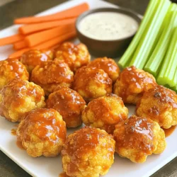 - 1 large head of cauliflower - 1 cup all-purpose flour - 1 cup non-dairy milk - 1 cup buffalo sauce - 2 tablespoons melted vegan butter - 1 teaspoon garlic powder - 1 teaspoon onion powder - 1 teaspoon paprika - 1/2 teaspoon sea salt - 1/2 teaspoon black pepper - Fresh celery and carrot sticks - Optional dipping sauces (blue cheese or ranch, vegan options available) You need a large head of cauliflower for this recipe. Cut it into bite-sized florets. This makes them easy to eat and perfect for snacking. For the batter, mix flour and non-dairy milk. This creates a smooth coating. Add garlic powder, onion powder, paprika, sea salt, and black pepper for flavor. The buffalo sauce gives the bites their kick. You can use store-bought or make your own. If you want to add richness, mix in melted vegan butter. Serving your Buffalo Cauliflower Bites with fresh celery and carrot sticks adds crunch. You can also serve them with blue cheese or ranch dressing. Vegan options are available too. These bites are tasty, crispy, and sure to impress your friends and family. For the full recipe, check out the details above. - Preheat your oven to 450°F (232°C) and line a baking sheet with parchment. - In a large bowl, whisk together the flour, garlic powder, onion powder, paprika, sea salt, and black pepper. - Slowly add in the non-dairy milk while stirring. Mix until you have a smooth batter. - Take each cauliflower floret and dip it into the batter. Make sure it is well coated. - Place the coated florets on the baking sheet. Space them out to allow even cooking. - Bake the cauliflower bites for 25-30 minutes. Look for a golden brown color and crispy texture. - Halfway through, turn the bites for even browning. - After baking, toss the bites in buffalo sauce. Return them to the baking sheet. - Bake again for 5-7 minutes more. This step adds flavor and richness. For the complete recipe details, check the Full Recipe. To get your buffalo cauliflower bites crispy, focus on the batter. The batter should be thick enough to coat the cauliflower but not too thick. It should run off the floret without leaving heavy clumps. After baking for about 15 minutes, turn the bites over. This helps them bake evenly and stay crunchy. For richer taste, try making your own buffalo sauce. A homemade sauce lets you control the flavor and spice level. You can also adjust the heat by adding more or less hot sauce. Taste as you go, and make it your own. When serving, arrange the bites on a large platter. Keep celery and carrot sticks in a separate bowl. This not only looks great but also offers a nice crunch. For a fresh touch, add chopped parsley or scallions on top. It elevates your dish and makes it pop! For the full recipe, check out the details above! {{image_4}} If you want to make this dish gluten-free, swap the all-purpose flour for a gluten-free flour. You can use almond flour or a blend designed for baking. These options work well and keep the bites crispy. Make sure to check that your buffalo sauce is also gluten-free. For more taste, add spices like cayenne or cumin to the batter. This gives the bites a kick. You can also mix in nutritional yeast for a cheesy flavor without using dairy. This ingredient adds a nutty taste and makes the bites richer. You can cook these bites in an air fryer. Set it to 400°F and cook for about 15-20 minutes. This method gives you a crispy texture without a lot of oil. If you prefer grilling, toss the cauliflower in the buffalo sauce after grilling. This adds a smoky flavor that pairs well with the spicy sauce. For the full recipe, check the ingredient list and steps above. After enjoying your buffalo cauliflower bites, let them cool down. This step helps keep them crispy. Place the cooled bites in an airtight container. Glass or plastic containers work well. Always try to use a container that seals tightly. This keeps moisture out and flavor in. To reheat, I suggest using the oven. Preheat it to 350°F (175°C). Place the bites on a baking sheet. Bake them for about 10 minutes. This keeps them crunchy. If you use a microwave, they may become soft. If you must use a microwave, heat in short bursts. Check every 30 seconds to avoid overcooking. You can freeze buffalo cauliflower bites for later. Lay the bites on a baking sheet. Make sure they do not touch. Freeze them for about an hour. Once frozen, transfer them to a freezer-safe bag. When you're ready to eat, thaw them in the fridge overnight. Reheat them in the oven for the best results. Enjoy your snack anytime with these easy storage tips! For the full recipe, refer back to the beginning. Yes, you can prepare Buffalo Cauliflower Bites ahead of time. You can cut the cauliflower and make the batter hours in advance. Store the batter in the fridge to keep it fresh. Just dip the cauliflower florets before baking. If you want, you can bake them and store them in the fridge too. Reheat them in the oven for a crispy snack later. Buffalo Cauliflower Bites pair well with several sides. Fresh celery and carrot sticks add crunch and coolness. You can also serve them with dipping sauces like vegan ranch or blue cheese. Some people enjoy them with a light salad or crusty bread. These sides make a fun and tasty meal. Yes, Buffalo Cauliflower Bites are vegan! The main ingredients include cauliflower, flour, and non-dairy milk. The buffalo sauce is usually vegan, but always check the label. If you use vegan butter, the whole recipe stays plant-based. You can enjoy these bites without any animal products. This blog post covered all you need to make tasty Buffalo Cauliflower Bites. You learned the right ingredients, seasonings, and step-by-step instructions for perfect preparation and baking. I shared tips for crispiness and flavor, plus variations for different diets. You also discovered how to store and reheat your bites. Enjoy your cooking journey, and feel free to experiment! These bites can be a great main dish or snack that everyone loves.