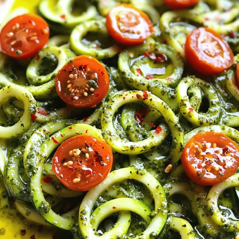 - 3 medium zucchinis, spiralized - 1 cup fresh basil leaves - 1/4 cup pine nuts, toasted - 1/4 cup freshly grated Parmesan cheese - 2 garlic cloves, peeled - 1/4 cup extra-virgin olive oil - Sea salt and freshly ground black pepper to taste - 1 cup cherry tomatoes, halved (for garnish) - Optional: A pinch of red pepper flakes Zucchini noodles are a great alternative to traditional pasta. You get a fresh taste and a light feel. For this dish, you need three medium zucchinis. Spiralize them to make long, noodle-like strands. This gives your plate a fun and colorful look. Next, fresh basil is essential for a tasty pesto. Use one cup of bright green leaves. They add a vibrant flavor. Pine nuts give the pesto a nice crunch and nutty taste. Toast a quarter cup to bring out their best flavor. You will also need Parmesan cheese. A quarter cup of freshly grated cheese adds richness. Garlic is key too. Two peeled cloves will infuse the pesto with a bold taste. Extra-virgin olive oil ties everything together. You will want a quarter cup of this, too. Don’t forget to season with sea salt and black pepper to taste. They enhance every flavor. Cherry tomatoes make a lovely garnish. Halve one cup to add color and freshness to your dish. For a little kick, add a pinch of red pepper flakes if you like spice. With these ingredients, you can make a delicious zucchini noodles with pesto dish. Check out the Full Recipe for more details. To make zucchini noodles, start with a spiralizer. Cut the ends off each zucchini. Secure the zucchini in the spiralizer and twist to create long, noodle-like strands. It’s easy and fun! Once you finish, place the spiralized noodles in a large mixing bowl. Set them aside while you make the pesto. Next, let’s whip up the pesto. Grab a food processor and add a cup of fresh basil leaves, a quarter cup of toasted pine nuts, a quarter cup of grated Parmesan cheese, and two peeled garlic cloves. Sprinkle in a little sea salt and freshly ground black pepper. Pulse the mixture until it's finely chopped. You want a grainy texture, not too smooth. Now, we need to make the pesto creamy. With the food processor running on a low setting, slowly drizzle in a quarter cup of extra-virgin olive oil. Keep blending until it’s smooth and creamy. Taste your pesto and adjust the seasoning if needed. You might want to add more salt or pepper for extra flavor. Heat a large skillet over medium heat. Add the spiralized zucchini noodles to the pan. Sauté them gently for about 2 to 3 minutes. You want them tender but still crunchy. Avoid overcooking to keep that fresh texture. Now it’s time to bring it all together! Remove the skillet from the heat and pour the fresh pesto over the zucchini noodles. Toss gently, ensuring each noodle is coated with the vibrant sauce. For a beautiful presentation, transfer the zoodles to individual plates. Top with halved cherry tomatoes for color and freshness. If you like a little spice, drizzle with extra olive oil and sprinkle some red pepper flakes. Enjoy your lively zucchini noodle pesto delight! For the full recipe, refer to the recipe section above. To make great zucchini noodles, use a spiralizer. This tool turns your zucchini into fun noodle shapes. Place the zucchini in the spiralizer and twist until you get long strands. To avoid a mess, do it over a large bowl. This catches any stray bits. After spiralizing, it is key to keep the texture. To do this, do not soak the noodles in salt. Instead, just toss them gently in a bowl. This keeps them firm and ready for cooking. Fresh ingredients make the best pesto. Use bright basil leaves, ripe garlic, and good olive oil. These items add a rich taste to your dish. Try different nuts in your pesto too. While pine nuts are classic, walnuts or cashews can work well. Each nut gives a unique flavor. For sautéing zoodles, a non-stick skillet is best. It helps the noodles cook evenly without sticking. Heat the skillet on medium. This way, your zoodles will cook just right. Be careful not to overcook your zoodles. They only need 2-3 minutes of cooking. This keeps them crunchy and full of nutrients. Overcooked zoodles can turn mushy and lose their bright color. When ready, follow the Full Recipe for the perfect finish! {{image_4}} Zucchini noodles are naturally gluten-free. You can easily make this dish without any gluten. If you want extra texture, try adding gluten-free grains. Quinoa or brown rice work well for this dish. You can also use gluten-free pasta if you prefer. To make this recipe vegan, just swap out the Parmesan cheese. Nutritional yeast gives a cheesy flavor without dairy. You can also blend in some avocado for creaminess. If you want to make a nut-free pesto, use sunflower seeds instead of pine nuts. This keeps it light and fresh. You can add protein to your dish for a well-rounded meal. Chicken, shrimp, or tofu are great options. Grilled chicken adds a nice flavor. Sauté shrimp with garlic for a quick boost. If you prefer plant-based protein, use firm tofu. Just make sure to keep the balance. Add protein without overpowering the fresh taste of the zucchini and pesto. For the full recipe, check out the detailed steps above. To keep your zucchini noodles fresh, store leftovers in an airtight container. Make sure to place a paper towel inside to absorb extra moisture. This helps keep the zoodles from getting soggy. You can keep them in the fridge for up to three days. After that, they might lose their nice crunch. If you want to freeze your zoodles, it’s best to blanch them first. Boil the zoodles for about one minute, then place them in ice water to stop cooking. Drain and dry them well. Then, fill a freezer-safe bag with the zoodles. Press out as much air as possible before sealing. They can stay frozen for up to three months. When you’re ready to use them, thaw in the fridge overnight or use the microwave for quick thawing. Sauté them briefly to heat through, but don’t overcook! To store leftover pesto, pour it into a jar and drizzle a thin layer of olive oil on top. This helps keep it fresh and prevents it from browning. Seal the jar tightly and keep it in the fridge for up to a week. For longer storage, you can freeze pesto in ice cube trays. Once frozen, transfer the cubes to a freezer-safe bag. They can last for several months. When ready to use, just thaw the cubes in the fridge or mix them directly into a warm dish. Yes, you can use regular pasta. However, the texture will change. Zucchini noodles are lighter and have a fresh taste. Regular pasta is denser and has a more chewy feel. If you want a low-carb option, zucchini noodles are perfect. For a heartier meal, stick with pasta. Zucchini noodles last for about 3 to 5 days in the fridge. Store them in an airtight container. They can lose their crunch over time, so eat them fresh. If you notice any signs of wilting, it’s best to toss them out. If you don’t have pine nuts, you can use almonds, walnuts, or sunflower seeds. Each nut gives a different flavor. Almonds add a nice crunch, while walnuts bring earthiness. Sunflower seeds are great if you need a nut-free option. Yes, this recipe is great for meal prep. You can spiralize the zucchini and make the pesto ahead of time. Store them separately for best results. When you're ready to eat, just sauté the zucchini and mix in the pesto. This makes for a quick and tasty meal later. Absolutely, you can make the pesto in advance. Store it in a jar with a layer of olive oil on top to keep it fresh. It lasts about a week in the fridge. If you freeze it, it can last for months. Just thaw before using. To add some heat, you can sprinkle red pepper flakes on top. You can also add sliced jalapeños or a dash of hot sauce in the pesto. Adjust the heat to your taste. Enjoy the kick it brings to your dish! For the full recipe, check out the details above! This blog post walks you through making tasty zucchini noodles with fresh pesto. You learned how to prepare zoodles and create a rich, flavorful sauce. I shared tips for perfecting your dish, plus variations for gluten-free and vegan options. Remember, fresh ingredients make a difference in flavor. Store leftovers properly to keep them fresh. With a little practice, you can master this healthy meal that everyone will enjoy. Enjoy making this dish your own!