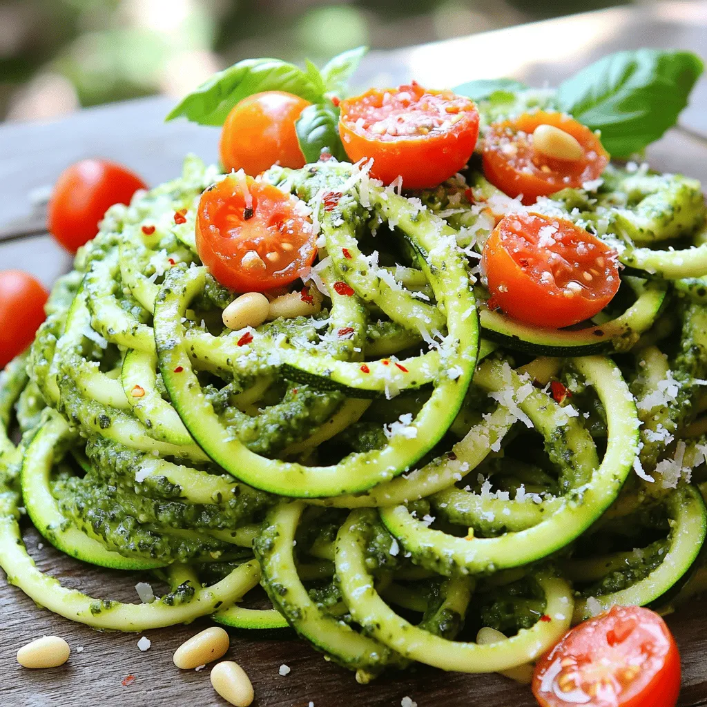 For this dish, you need: - 4 medium zucchinis Zucchini is key. They create a fresh, light base for your meal. You can use a spiralizer or a peeler to make them into noodles. Both methods work well. To make a tasty pesto, gather: - 1 cup fresh basil leaves, packed - 1/2 cup pine nuts, toasted - 1/4 cup freshly grated Parmesan cheese - 2 garlic cloves, peeled - 1/2 cup extra virgin olive oil - Sea salt and freshly cracked black pepper to taste This blend gives you a rich, vibrant sauce. The basil adds freshness, while garlic brings depth. The nuts and cheese create a creamy texture. For extra flavor and fun, consider: - 1 cup cherry tomatoes, halved - 1/4 teaspoon red pepper flakes (optional) Cherry tomatoes add a burst of sweetness. Red pepper flakes can spice things up if you enjoy heat. These add-ins make your dish more colorful and tasty. You can find the complete recipe in the Full Recipe section. To start, I make the pesto. I take my food processor and add fresh basil leaves, toasted pine nuts, grated Parmesan cheese, and garlic cloves. I pulse these until they blend well. This step is key for a smooth texture. Next, I slowly drizzle in the olive oil as the processor runs. This helps the pesto become creamy and rich. Once blended, I taste it. I season it with sea salt and black pepper to suit my taste. Then, I set the pesto aside for later. Now, I prepare the zucchini noodles. I use a spiralizer for fun, curly shapes. If I want flat ribbons, I use a vegetable peeler. I aim for even, wide ribbons. This keeps the texture pleasing and fun to eat. It’s important not to cut them too thin. I want them to hold up well when I cook them. For cooking, I heat a splash of olive oil in my large skillet over medium heat. Once hot, I add the zucchini noodles. I sauté them gently for about 2-3 minutes. I toss them lightly, making sure they soften but keep some crunch. I avoid overcooking them. After that, I remove the skillet from heat. I gently fold in the pesto and halved cherry tomatoes. I want the noodles and tomatoes to get evenly coated in the bright sauce. If I want some heat, I add red pepper flakes. Finally, I plate the zesty zucchini noodles. I sprinkle some extra Parmesan cheese on top and add whole basil leaves for color. For the full recipe, check out the details above. When picking zucchini, look for firm, smooth skin. Choose ones that feel heavy for their size. Smaller zucchinis have a sweeter taste and tender texture. Avoid those with blemishes or soft spots. Fresh zucchini will give your dish a nice crunch. To get smooth pesto, blend the ingredients well. Start with the basil, nuts, and cheese. Add the garlic next. Slowly drizzle in the olive oil while mixing. This helps create a creamy texture. If it feels too thick, add a bit of water or more oil. Taste as you go, adjusting salt and pepper for flavor. A common mistake is overcooking zucchini noodles. They cook fast, so sauté them just until soft. If you cook them too long, they become mushy. Always drain excess water after cooking. Use a clean towel to pat them dry. This keeps your dish from being watery and ensures the pesto sticks well. {{image_4}} You can easily make a vegan version of pesto. Just skip the Parmesan cheese. Use nutritional yeast instead. It gives a cheesy flavor without dairy. Blend together basil, garlic, pine nuts, and olive oil. Add a splash of lemon juice for brightness. This keeps the pesto rich and tasty. If you want more protein, add cooked chickpeas or grilled chicken. Both mix well with zucchini noodles. You can also use shrimp for a seafood twist. Just sauté them quickly before adding to the dish. This adds flavor and makes the meal more filling. Seasonal veggies can change the dish. Try adding bell peppers, spinach, or asparagus. Each brings a new taste and color. You can also use roasted vegetables for a deeper flavor. Mix them in right before serving. This keeps the dish vibrant and fresh. For more ideas, check the Full Recipe. After cooking, store leftover zucchini noodles in an airtight container. This keeps them fresh. Place them in the fridge and use them within two days for the best taste. To reheat, quickly sauté them in a pan. This helps retain their crunch. Avoid microwaving, as it may make them mushy. If you have extra pesto, freezing is a great option. Pour the pesto into ice cube trays. Once frozen, transfer the cubes to a freezer bag. This method makes it easy to use later. You can grab a cube or two when you need them. Defrost the pesto in the fridge overnight before using. For meal prep, spiralize your zucchini noodles ahead of time. Store them in a sealed bag with a paper towel. This helps absorb moisture and keeps them crisp. Prepare your pesto in advance too. This way, you can quickly combine everything when you’re ready to eat. Following these tips makes enjoying zucchini noodles with pesto easy and fun. For the full recipe, check out Zesty Zucchini Noodles with Pesto Delight. Yes, zucchini noodles are very nutritious. They are low in calories and high in vitamins. A cup of zucchini noodles has about 20 calories, while a cup of regular pasta has around 200 calories. Zucchini also provides fiber, vitamin C, and potassium. If you're looking to eat healthy, zucchini noodles are a great choice. You can make zucchini noodles ahead of time, but they are best fresh. If you make them early, store them in an airtight container in the fridge. Use them within one or two days for the best taste. To keep them from getting soggy, do not cook them until you're ready to eat. You can also spiralize them and keep them raw until serving. If you can't find pine nuts, you have options. Try using walnuts, almonds, or sunflower seeds. Each nut will give your pesto a unique taste. If you want a nut-free option, use pumpkin seeds. They add a nice crunch without the nuts. Just blend them the same way as the pine nuts in the recipe for a tasty result. For the full recipe, check the Zesty Zucchini Noodles with Pesto Delight. Zucchini noodles and homemade pesto are simple yet tasty. You now know the key ingredients, how to make them, and tips for success. By trying different variations, you can add your favorite flavors. Storing leftovers allows you to enjoy this meal later. Embrace these ideas for a healthy twist on pasta, and don’t hesitate to experiment. Your journey with zucchini noodles and pesto can be fun and flavorful. Enjoy the process and make it your own.