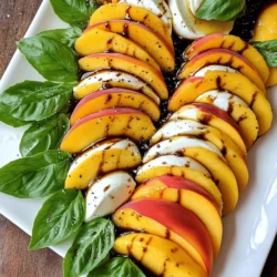 - 4 ripe peaches, sliced into wedges - 8 ounces fresh mozzarella cheese, sliced - 1 cup fresh basil leaves, gently torn - 2 tablespoons balsamic glaze - 1 tablespoon extra virgin olive oil - Salt and freshly ground black pepper, to taste This recipe serves four people. Each serving offers a burst of flavor and nutrition. Peaches are rich in vitamins A and C. They help with skin health and boost your immune system. Fresh mozzarella provides protein and calcium, which are great for your bones. Basil adds antioxidants and has anti-inflammatory properties. The olive oil in the dressing gives you healthy fats. This salad is light yet satisfying, making it perfect for warm days or special gatherings. For the full experience, enjoy this Peach Caprese salad right after you make it. Start by washing the peaches under running water. Make sure to scrub gently to remove any dirt. Next, slice each peach in half and remove the pit. Cut each half into wedges or rounds. For a beautiful look, arrange these cheerful slices in a circle on a large, flat serving plate. This makes the salad eye-catching and fun. Now, take the fresh mozzarella cheese. Slice it to match the thickness of the peach wedges. This helps with balance in both look and texture. Layer the mozzarella slices over the peach wedges. Alternate the slices to create a pretty pattern. This showcases both ingredients and makes your salad more appealing. Next, gently tuck the fresh basil leaves between the peach and mozzarella layers. This adds a pop of color and a lovely aroma. Now, drizzle balsamic glaze over the salad. Make sure each peach and cheese slice gets some of that sweet-tangy richness. Then, add a drizzle of extra virgin olive oil for more depth. Lastly, season with a sprinkle of salt and freshly ground black pepper. This will enhance all the flavors beautifully. Enjoy making this fresh Peach Caprese Salad Delight! For the full recipe, check out the details above. For a stunning Peach Caprese Salad, choose a large white platter. This makes the bright colors pop. Arrange peach slices in a circle for beauty. Layer mozzarella slices in between. This creates a lovely pattern. Tuck fresh basil leaves around the edges. This adds a nice touch of green. For a special finish, drizzle balsamic glaze over the top. You can swirl it for style. To balance flavors, focus on sweet and tangy. The peaches bring sweetness, while balsamic adds tang. Adjust the seasoning carefully. Start with a light sprinkle of salt and pepper. Taste and add more if needed. This ensures the flavors shine without overpowering each other. Serve the salad right after making it. This keeps the flavors fresh and bright. If you need to wait, chill it for ten minutes. This allows the flavors to blend. Pair this salad with grilled chicken or fish. A glass of chilled white wine complements it well. Enjoy how the flavors work together in every bite. {{image_4}} Depending on the season, you can change the fruit in your Peach Caprese salad. Try using ripe strawberries or figs when peaches are out of season. Both fruits pair well with cheese and basil. Strawberries add a sweet touch, while figs provide a unique, rich flavor. You can also switch up the cheese. Burrata is a great choice. It’s creamy and adds a different texture. It melts slightly and enhances the overall taste. Using a mix of cheeses can create a more complex flavor palette. If you want a dairy-free option, use a plant-based cheese. Look for brands that mimic mozzarella. They offer a similar texture and flavor. You can also try a nut-based cheese for a richer taste. For those on low-carb or keto diets, skip the cheese or use a smaller amount. You can add avocado slices for creaminess. This keeps the salad satisfying while lowering carbs. You can also add more greens to bulk up the salad without the carbs. To give your salad a crunch, add nuts or seeds. Sliced almonds or toasted pine nuts work well. They add texture and a nutty flavor. You can also make the salad heartier with grains. Quinoa or farro can be added to the mix. They provide protein and fiber, making the salad more filling. This is a great twist for a light lunch or picnic. For the full recipe, check out the Peach Caprese Salad Delight. To keep your Peach Caprese Salad fresh, store it in the fridge. Place it in an airtight container. This helps prevent the salad from wilting or absorbing other odors. The salad can last in the fridge for about 1 to 2 days. However, the peaches may soften over time. Enjoy it sooner for the best taste and texture. You can prepare the ingredients ahead of time. Wash and slice the peaches, cheese, and basil. Store each item in separate containers. This way, the flavors stay fresh. Assemble the salad just before you serve it. This keeps the basil vibrant and the cheese creamy. You can freeze some components, but not the whole salad. Slice peaches can be frozen for smoothies. Mozzarella does not freeze well. If you freeze it, the texture may change. To thaw, leave the peaches in the fridge overnight. Use them in a smoothie or as a topping. For best results, enjoy your Peach Caprese Salad fresh! Caprese salad comes from Italy. It is named after the island of Capri. This salad showcases fresh tomatoes, mozzarella, and basil. It celebrates the colors of the Italian flag: red, white, and green. The salad is simple yet full of flavor. It has roots in Italian culture and cuisine. Over time, variations emerged, adding different ingredients like peaches for a sweet twist. Yes, you can prepare Peach Caprese Salad ahead of time. Slice the peaches and mozzarella and store them separately. Keep them in airtight containers in the fridge. You can combine them just before serving. This helps to keep the salad fresh and crunchy. Drizzle the balsamic glaze and olive oil right before serving. This keeps the flavors vibrant. You can add many toppings to Peach Caprese Salad. Here are some ideas: - Crumbled feta cheese for a salty taste. - Toasted pine nuts for crunch. - Arugula for a peppery kick. - Slices of prosciutto for a savory touch. These toppings enhance flavors and make the salad more exciting. Yes, you can make Peach Caprese Salad vegan. Simply replace the mozzarella cheese with a plant-based alternative. Look for cashew cheese or tofu for a creamy texture. This way, you can enjoy the salad without dairy. It still tastes great and keeps that fresh flavor. In this blog post, we explored the vibrant Peach Caprese Salad. We covered fresh ingredients, essential condiments, and serving sizes. I shared step-by-step instructions for preparing and assembling the salad. You also learned tips for presentation and flavor, plus variations to suit your taste. This tasty dish is easy to prepare and full of nutrition. Enjoy experimenting with ingredients to make it your own!