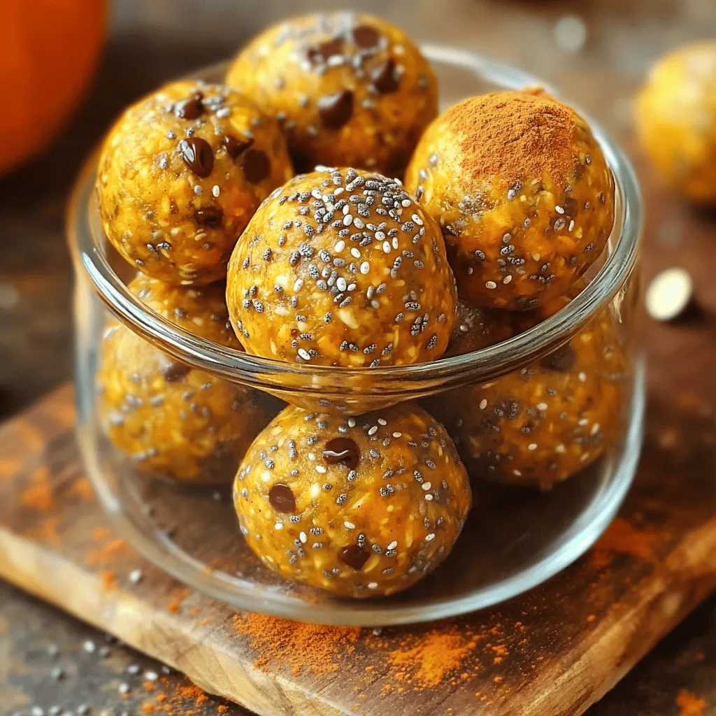 - 1 cup rolled oats - 1/2 cup almond butter (or substitute with peanut butter) - 1/2 cup canned pumpkin puree - 1/4 cup honey or maple syrup - 1/2 teaspoon vanilla extract - 1 teaspoon pumpkin spice blend - 1/4 cup chia seeds - 1/4 cup mini chocolate chips (optional) - A pinch of salt These ingredients come together to create a tasty and nutritious snack. Each one plays a key role in flavor and texture. Rolled oats give a hearty base, making the energy balls filling. They provide fiber and energy. Almond butter adds creaminess and healthy fats. You can swap it with peanut butter if you prefer. Canned pumpkin puree brings warmth and a hint of sweetness. It's packed with vitamins and minerals too. Using honey or maple syrup adds natural sweetness. Choose based on your taste. Vanilla extract enhances the overall flavor. The pumpkin spice blend gives that cozy seasonal taste. You can even make your own mix of cinnamon, nutmeg, and ginger! Chia seeds add crunch and omega-3 fatty acids. The mini chocolate chips are optional but bring a fun twist. Finally, a pinch of salt balances all the flavors. To create these delicious Pumpkin Spice Energy Balls, follow the [Full Recipe]. Enjoy making this easy, nutritious snack! 1. In a large bowl, start with rolled oats, almond butter, and pumpkin puree. 2. Add honey or maple syrup for sweetness. 3. Mix these ingredients well until the mixture is thick and sticky. 4. Make sure there are no dry oats left. 5. Next, stir in the vanilla extract and pumpkin spice blend. 6. Add chia seeds and a pinch of salt. 7. For a sweet touch, fold in mini chocolate chips if you like. 1. Take about a tablespoon of the mixture. 2. Roll it between your palms to form a ball. 3. Repeat until you shape all the mixture into about 15 energy balls. 4. For a nice touch, arrange the balls in a clear jar. 5. Sprinkle some pumpkin spice on top for extra flair. 1. Line a baking sheet with parchment paper. 2. Place the energy balls in a single layer on the sheet. 3. Chill them in the fridge for about 30 minutes. This helps them firm up. 4. Once they are set, move the energy balls to an airtight container. 5. Store them in the fridge for up to a week. 6. For longer storage, freeze them individually. Enjoy them as a quick snack later! You can find the full recipe for these tasty and nutritious snacks above. To get the right consistency for your energy balls, aim for a thick and sticky mix. If the mixture is too dry, add a bit more almond butter or pumpkin puree. Make sure there are no dry oats left. You want each bite to be soft and chewy. When it comes to sweetness, adjust to your taste. If you like it sweeter, add more honey or maple syrup. Start with the amount in the recipe and taste as you go. This way, you can find your perfect balance. You can change up the flavor with different nut butters. Try peanut butter for a stronger taste or cashew butter for a creamier texture. You can also mix in spices, like extra cinnamon or a dash of nutmeg, to make them your own. For extra texture, consider adding in nuts or dried fruits. Chopped walnuts or almonds add a nice crunch. Dried cranberries or raisins can give a burst of sweetness. This makes each energy ball unique and exciting. To serve your energy balls, try placing them in a clear glass jar. This shows off their lovely colors. You can also arrange them on a rustic wooden board for a homey feel. For special occasions, sprinkle some pumpkin spice on top. This adds a festive touch. You can even use mini cupcake liners to make them look like treats. Small details can make your energy balls stand out and be more fun to eat. {{image_4}} You can mix up your pumpkin spice energy balls with fun flavors. One great option is chocolate chip pumpkin spice energy balls. Just fold in some mini chocolate chips when you mix your ingredients. This adds a sweet touch that pairs well with the spice. Another tasty choice is spiced apple energy balls. For this, swap the pumpkin puree with applesauce and add a pinch of cinnamon. This brings a fresh twist to your snack while keeping it healthy. If you have dietary needs, don't worry! You can make gluten-free options easily. Use gluten-free oats instead of regular rolled oats. This small change keeps the energy balls safe for your gluten-sensitive friends. For nut-free alternatives, use sunflower seed butter in place of almond butter. This keeps the creamy texture while making it safe for those with nut allergies. Always check labels to ensure your ingredients fit your needs. You can also add seasonal flavors to your energy balls. For a holiday touch, consider adding dried cranberries and chopped pecans. These ingredients bring a festive flavor, making your energy balls perfect for gatherings. Just mix them in when you combine your other ingredients. To keep your pumpkin spice energy balls fresh, use an airtight container. Glass jars or plastic containers with secure lids work well. This helps prevent any air or moisture from getting in. In the refrigerator, these energy balls last up to a week. They taste best when cold and firm. For long-term storage, you can freeze your energy balls. Lay them in a single layer on a baking sheet. Place the sheet in the freezer for about an hour. This makes them firm. Once frozen, transfer them to a freezer-safe bag. Remove as much air as you can. These energy balls can last for up to three months in the freezer. When you want to eat one, simply take it out and let it sit at room temperature for about 15 minutes. You can also microwave it for about 10 seconds if you prefer a warm snack. Each energy ball is about one tablespoon. This is a great size for a quick snack. I usually recommend having two or three energy balls at a time. That keeps your energy up without overdoing it. Each energy ball has around 100 calories. They are packed with nutrients! You get fiber from the oats and chia seeds, protein from the almond butter, and vitamins from the pumpkin. Enjoy these tasty bites without guilt! For the full recipe, check out the previous section. Yes, you can make these energy balls vegan. Simply replace honey with maple syrup. Maple syrup adds sweetness and keeps the recipe plant-based. This swap maintains the energy ball's taste and texture. Pumpkin spice energy balls last up to a week in the fridge. Store them in an airtight container to keep them fresh. If you want them to last longer, freeze them. They can stay frozen for up to three months. You can get creative with flavors! Here are some tips: - Use different nut butters like cashew or sunflower seed butter. - Add different spices like cinnamon or ginger for a twist. - Toss in dried fruits like cranberries or raisins for extra sweetness. - Experiment with different seeds or nuts for crunch. You can use fresh pumpkin, but it requires more work. Fresh pumpkin needs to be cooked and pureed first. The taste can be richer, but canned pumpkin is convenient. Canned pumpkin is already smooth and ready to use, saving you time. We discussed how to make tasty pumpkin spice energy balls. You learned about the key ingredients and how to blend them. I shared steps for forming, chilling, and storing these snacks. We also explored tips for perfecting your energy balls and customizing flavors. Remember, these treats are flexible and fun; you can mix and match ingredients to fit your taste. Enjoy creating and snacking on your homemade energy balls, perfect for any occasion!