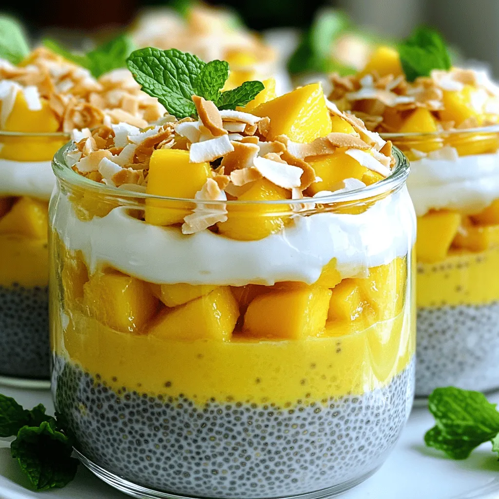 To make mango coconut chia pudding, gather these ingredients: - 1 cup coconut milk (canned or carton) - 1/4 cup chia seeds - 2 tablespoons honey or maple syrup - 1 ripe mango, diced into cubes - 1/2 teaspoon vanilla extract - A pinch of salt - Toasted coconut flakes and fresh mint leaves for garnish These simple ingredients create a creamy, tasty treat. Coconut milk gives a rich flavor. Chia seeds add a fun texture and lots of nutrients. The ripe mango brings a sweet, fruity taste that brightens the dish. You can choose honey or maple syrup based on your taste. The pinch of salt balances the sweetness and enhances the flavors. When picking a mango, choose one that feels slightly soft and smells sweet. This ensures the best flavor for your pudding. You can also switch up the sweetener to suit your needs. For a fun twist, consider trying different toppings. Toasted coconut flakes and mint leaves add a pop of color and flavor. For the full recipe and detailed instructions, please refer to the Full Recipe. - Step 1: Combine coconut milk, sweetener, vanilla, and salt In a medium bowl, pour in 1 cup of coconut milk. Add 2 tablespoons of honey or maple syrup. Then, mix in 1/2 teaspoon of vanilla extract and a pinch of salt. Whisk these together until smooth. This step creates a creamy base for your pudding. - Step 2: Fold in chia seeds Next, gently fold in 1/4 cup of chia seeds. Stir well to mix them evenly. This ensures that the seeds soak up the liquid and expand. You want no clumps to form. - Step 3: Chill and set in the refrigerator Cover your bowl with plastic wrap. If you prefer, you can use a sealable jar. Place it in the fridge for at least 4 hours or overnight. This time allows the chia seeds to absorb the coconut milk. - Step 4: Stir and layer for serving Once the pudding has set, take it out of the fridge. Stir it gently to break up any clumps. For serving, use clear glasses. Layer the chia pudding with diced mango. Start with the pudding and end with mango on top. Top each serving with toasted coconut flakes and fresh mint leaves for a nice touch. For the full recipe, refer to the earlier section. To make the best mango coconut chia pudding, proper chilling is key. Let it sit in the fridge for at least four hours. This time allows the chia seeds to swell and soak up the coconut milk. If you rush this step, the pudding may turn out too thin. Avoid clumps of chia seeds by stirring thoroughly after adding them to the coconut milk. Use a whisk at first, then switch to a spatula to fold gently. This ensures even distribution of seeds, giving you a smooth texture. Adjust sweetness to fit your taste. Start with two tablespoons of honey or maple syrup, then tweak it as needed. You can add more if you like it sweeter or less if you prefer a lighter taste. Serve your pudding in clear glass jars or bowls. This way, the beautiful layers of coconut and mango are visible. It makes the dish look fresh and inviting. For garnish, sprinkle toasted coconut flakes on top. They add a nice crunch and flavor. You can also add fresh mint leaves for color and a burst of freshness. A slice of mango on top can enhance both the look and taste of your dish. For the full recipe, refer to the details above. {{image_4}} You can easily change the taste of your mango coconut chia pudding. Try adding different fruits. Berries add a sweet burst. Bananas provide creaminess and extra fiber. You can also use flavored coconut milk. Vanilla coconut milk gives a sweet twist. Chocolate coconut milk makes it a dessert. Another fun option is to experiment with sweeteners. Agave syrup is a great choice for a lighter sweetness. You can also use stevia for a sugar-free option. Choose what suits your taste best. If you want vegan options, this recipe is already perfect! Use maple syrup instead of honey. For low-sugar or sugar-free options, simply adjust the sweetener. You can skip it entirely if you prefer. The natural sweetness from the mango is enough for many. These simple swaps let you enjoy this treat while meeting your dietary needs. You can find the full recipe above to guide you through the process. To keep your mango coconut chia pudding fresh, refrigerate it in an airtight container. This will help maintain its creamy texture and flavor. If you have leftovers, try to eat them within four days for the best taste. When stored properly, this pudding lasts about five days in the fridge. After that, the chia seeds may start to lose their texture. Always check for any off smells or changes in texture before eating. You can freeze this pudding if you want to save it for later. Just pour it into freezer-safe containers, leaving some space for expansion. It can be frozen for up to three months. When ready to eat, thaw it in the fridge overnight. Stir well before serving to get that creamy texture back. How long does the pudding take to set? The pudding needs at least 4 hours to set. For the best texture, chill it overnight. This time allows the chia seeds to absorb the coconut milk and swell. Can I use regular milk instead of coconut milk? Yes, you can use regular milk. However, this will change the flavor. Coconut milk gives a rich, tropical taste that works perfectly with mango. What are the health benefits of chia seeds? Chia seeds are tiny powerhouses! They are high in fiber, protein, and omega-3 fatty acids. They also help keep you full longer and support digestion. Is it necessary to garnish with coconut flakes? No, it’s not necessary, but garnishing adds texture and flavor. The toasted coconut flakes provide a crunchy contrast to the creamy pudding. How to make mango coconut chia pudding vegan-friendly? To make it vegan, use maple syrup instead of honey. All the other ingredients are already vegan-friendly. Best substitutions for honey or maple syrup? You can use agave syrup or coconut sugar. Adjust the amount to suit your taste. Can I make it ahead of time? Absolutely! This pudding is perfect for meal prep. Make it one or two days in advance and store it in the fridge. Suggestions for pairing with other dishes This pudding pairs well with granola or fresh fruit. You can also serve it with a light salad for a refreshing meal. Importance of using ripe mango for flavor Using ripe mango is key to a tasty pudding. A ripe mango is sweet and juicy, adding flavor and a nice texture. Look for mangoes that give slightly when you press them. In this blog post, we explored how to make delicious mango coconut chia pudding. You learned about the simple ingredients and easy steps to prepare it. We also shared tips for perfecting the texture and ideas for serving. Remember, you can customize flavors and store leftovers effectively. This easy recipe not only satisfies your sweet tooth but also offers health benefits. Try it for a tasty treat today!
