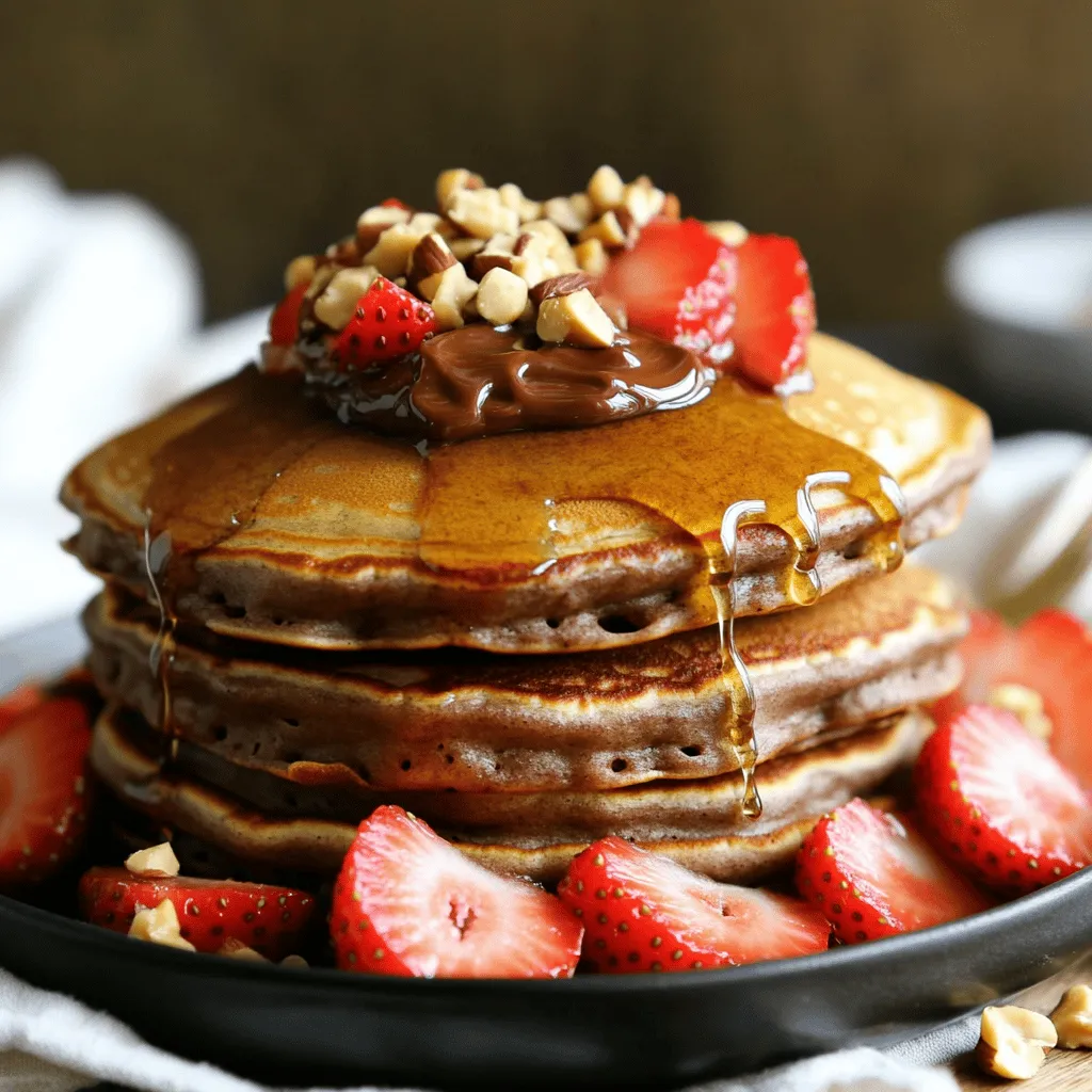 - 1 cup all-purpose flour - 2 tablespoons unsweetened cocoa powder - 2 tablespoons granulated sugar - 1 tablespoon baking powder - 1/4 teaspoon sea salt - 1 cup milk (dairy or non-dairy) - 1 large egg - 2 tablespoons vegetable oil - 1/2 cup chocolate hazelnut spread (such as Nutella) - 1/2 cup chopped hazelnuts - Fresh fruit for garnish (bananas or strawberries) - Maple syrup for serving When I make Chocolate Hazelnut Spread Pancakes, the ingredients are key to their fluffy goodness. For the dry mix, I start with all-purpose flour, cocoa powder, sugar, baking powder, and sea salt. Each adds a layer of flavor and texture to the pancakes. Next, I turn to the wet ingredients. I use milk, which can be dairy or non-dairy, to keep things flexible. The large egg adds fluffiness, and vegetable oil keeps the pancakes moist. The star of this recipe, of course, is the chocolate hazelnut spread. It brings rich flavor and a sweet surprise. For toppings, I love adding chopped hazelnuts for crunch. Fresh fruit like bananas or strawberries brightens the dish. A drizzle of maple syrup ties it all together, making each bite a delight. You can find the full recipe above to create these treats at home! Combine the following in a mixing bowl: - 1 cup all-purpose flour - 2 tablespoons unsweetened cocoa powder - 2 tablespoons granulated sugar - 1 tablespoon baking powder - 1/4 teaspoon sea salt Whisk these dry ingredients together. Make sure they are well blended and free of lumps. This step is key for fluffy pancakes. In a separate bowl, whisk together: - 1 cup milk (your choice of dairy or non-dairy) - 1 large egg - 2 tablespoons vegetable oil Mix until the texture is smooth. This helps to create a rich batter. Now, gradually pour the wet mixture into the dry mix. Stir gently with a spatula or wooden spoon. Stop mixing when just combined. A few lumps are okay. Overmixing can lead to tough pancakes. Preheat a non-stick skillet or electric griddle over medium heat. Lightly grease it with vegetable oil or cooking spray. Pour about 1/4 cup of batter onto the skillet. Immediately add about 1 teaspoon of chocolate hazelnut spread in the center. Use a spoon to cover the spread with a bit more batter if needed. Cook for 2-3 minutes. Look for small bubbles on top and firm edges. Carefully flip the pancakes and cook for another 1-2 minutes until fluffy and cooked through. Transfer the pancakes to a plate and cover them loosely with a kitchen towel to keep warm. Stack them neatly. Drizzle generously with maple syrup. Sprinkle chopped hazelnuts on top. Add fresh fruit slices for a colorful touch. Enjoy your delicious chocolate hazelnut spread pancakes! For the full recipe, check out the detailed steps above. To get fluffy pancakes, use a non-stick skillet. This helps the pancakes cook evenly. Avoid overmixing your batter. When you mix too much, the pancakes can turn tough. Remember, a few lumps in the batter are okay. You want your batter to have a slightly lumpy texture. This means it’s ready to cook. If the batter is too smooth, your pancakes may not rise well. Look closely and trust your instincts. You can make your pancakes even tastier by adding spices. A dash of cinnamon brings warmth and depth. A splash of vanilla extract adds sweetness. Feel free to mix and match flavors to find what you love most. For the full recipe, check the section above. {{image_4}} If you need a nut-free option, you can still enjoy these pancakes. Simply swap the chocolate hazelnut spread with sunflower seed butter. This will give you a similar flavor and creaminess without the nuts. Sunflower seed butter is tasty, and it keeps the pancakes fluffy. Want to make these pancakes vegan? No problem! Just use plant-based milk instead of regular milk. You can also replace the egg with an egg replacer like flaxseed meal or a store-bought option. This way, you keep the same great taste while making it dairy-free. Fruits can add a fun twist to your pancakes. Try mixing in some mashed bananas or fresh blueberries directly into the batter. The bananas will add sweetness, while the blueberries bring a burst of juicy flavor. Both options make your pancakes even more delicious and nutritious. For the full recipe, check out the detailed instructions above. Refrigerate leftover pancakes in an airtight container for up to 3 days. Keeping them sealed helps maintain their soft texture and taste. When you want a quick snack or breakfast, just grab them from the fridge. Freeze individual pancakes with parchment paper in between for easy reheating. This method prevents them from sticking together. Use freezer-safe bags or containers to keep them fresh. They can last up to a month in the freezer. Microwave or toast pancakes for a quick warm-up. For the microwave, heat for about 30 seconds. If you use a toaster, set it on medium. Both methods bring back the fluffiness and warmth, making your pancakes taste fresh again. Enjoy them with a drizzle of maple syrup or extra chocolate hazelnut spread. For the full recipe, check the earlier sections. Yes, you can make these pancakes in advance. Just cool them down first. Then, store them in the fridge or freeze them. When you want to eat them, just reheat in the microwave or toaster. If you don’t have chocolate hazelnut spread, don’t worry! You can use peanut butter, almond butter, or any other spread you like. Each will give the pancakes a unique taste. To check if your pancakes are done, look for bubbles on the surface. The edges should also look firm. Once you see this, it’s time to flip them over. These pancakes combine the best dry and wet ingredients for a delicious treat. You learned how to prepare, cook, and serve them for a perfect breakfast. Tips help you achieve fluffiness and flavor. You can customize these pancakes to fit your needs, whether vegan or nut-free. Store leftovers for easy reheating. Enjoy experimenting with toppings and variations. Now, you have all the tools to create your perfect stack of chocolate hazelnut pancakes. Happy cooking!