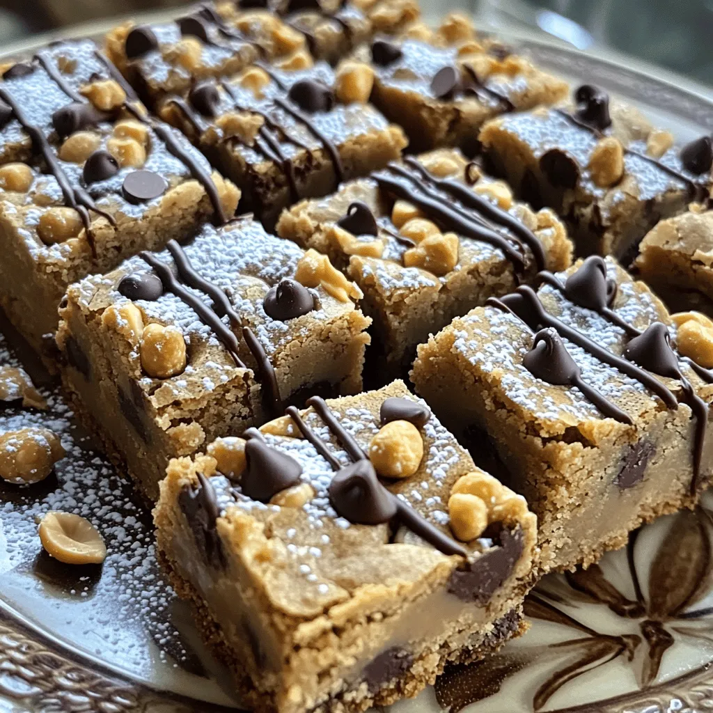 To make Peanut Butter Chocolate Chip Blondies, gather these key ingredients: - 1 cup creamy peanut butter - 1 cup packed brown sugar - 1/2 cup granulated sugar - 2 large eggs - 1 teaspoon vanilla extract - 1 cup all-purpose flour - 1/2 teaspoon baking powder - 1/4 teaspoon salt - 1 cup semi-sweet chocolate chips For fun twists, consider these optional ingredients: - 1/2 cup chopped peanuts (for added crunch) - A pinch of cinnamon (to enhance flavor) - 1/2 cup white chocolate chips (for a different taste) Here’s a quick guide for those using different units: - 1 cup = 240 ml - 1 teaspoon = 5 ml - 1/2 cup = 120 ml - 1/4 teaspoon = 1.25 ml - 1 cup of flour = 125 grams - 1 cup of sugar = 200 grams This recipe is simple and fun, making it easy to whip up a batch. Check out the Full Recipe for detailed steps and tips. First, you need to preheat your oven to 350°F (175°C). This step helps the blondies bake evenly. Next, take a 9x9 inch baking pan. Grease it well or line it with parchment paper. Using parchment makes it easy to lift the blondies out later. In a large mixing bowl, add 1 cup of creamy peanut butter. Then, mix in 1 cup of packed brown sugar and 1/2 cup of granulated sugar. Use a spatula or an electric mixer to blend these ingredients. You want a smooth and creamy mix. Next, add 2 large eggs, one at a time. Blend well after each addition. Finally, stir in 1 teaspoon of vanilla extract until mixed. In a separate bowl, whisk together 1 cup of all-purpose flour, 1/2 teaspoon of baking powder, and 1/4 teaspoon of salt. This ensures the dry ingredients mix evenly. Then, add this dry mixture to the peanut butter blend. Fold it in gently until just combined. Be careful not to overmix. Lastly, fold in 1 cup of semi-sweet chocolate chips and, if you like, 1/2 cup of chopped peanuts for crunch. Now you're ready to pour the batter into your prepared pan! For the full recipe, check out the detailed instructions provided. To get the best texture in your blondies, mix well but don’t overdo it. Blend your peanut butter and sugars until smooth. When adding flour, fold it in gently. This keeps your blondies soft and chewy. Bake until the edges turn golden brown. A toothpick should come out with a few moist crumbs. This means they are done but still moist inside. One common mistake is overmixing the batter. This can make the blondies tough. Always fold gently when adding flour and chocolate chips. Another mistake is not greasing the pan well. If you want easy removal, use parchment paper. Make sure to keep an eye on the baking time. Every oven is different, so check early to avoid overbaking. For a fun presentation, cut your blondies into neat squares. Serve them on a colorful plate to catch the eye. You can dust them with powdered sugar for a sweet touch. Drizzling melted chocolate on top adds flair and flavor. If you like crunch, sprinkle chopped peanuts over the top. These small details make your blondies look fancy and inviting. For the full recipe, check back at the start! {{image_4}} You can switch peanut butter for other nut butters. Almond butter gives a nice twist. Cashew butter adds a rich, creamy taste. Sunflower seed butter works well for nut-free options. Each nut butter changes the flavor and texture of your blondies. Feel free to get creative with add-ins. You can use butterscotch chips for a sweeter touch. Chopped chocolate or white chocolate chips create a different look and taste. Try adding dried fruits like cranberries or apricots for a fruity kick. Coconut flakes can also add a fun texture. If you're looking for gluten-free options, use almond flour instead of all-purpose flour. For a vegan version, substitute eggs with flaxseed meal or applesauce. Make sure to choose dairy-free chocolate chips if you're avoiding dairy. These tweaks help you enjoy blondies while meeting dietary needs. To keep your peanut butter chocolate chip blondies fresh, store them in an airtight container. Place parchment paper between layers to prevent sticking. Keep them at room temperature for up to three days. If you want to keep them longer, the fridge is a good option. Just remember, blondies can dry out in the fridge, so cover them well. Freezing blondies is easy and great for meal prep. Allow them to cool completely before freezing. Wrap each blondie in plastic wrap or foil. Then, place them in a freezer-safe bag or container. This way, you can enjoy a sweet treat any time. They can last up to three months in the freezer. When stored properly, blondies last about three days at room temperature. If refrigerated, they can stay fresh for a week. If you freeze them, they keep well for three months. Always check for any changes in texture or smell before eating. Enjoy your treats knowing they will stay fresh for a while! Yes, you can use crunchy peanut butter! It adds a fun texture and taste. The bits of peanuts will give your blondies a nice crunch. Just remember that it may change the smoothness a bit, but they will still be delicious. If you need a substitute, try using mashed banana or applesauce. Use 1/4 cup of either for each egg. This will keep your blondies moist and sweet. You can also use flaxseed meal mixed with water. Mix 1 tablespoon of flaxseed meal with 2.5 tablespoons of water and let it sit for a few minutes until it thickens. Check the edges of the blondies. They should look golden brown. Insert a toothpick into the center. If it comes out mostly clean with a few crumbs, they are done. If it’s wet, give them a few more minutes in the oven. Blondies are sweeter and chewier than brownies. They use brown sugar and no cocoa powder, giving them a rich, buttery flavor. Brownies, on the other hand, are chocolatey and often denser. Both are great treats, but they have distinct tastes and textures. We’ve covered all the key steps to make great blondies. Remember your ingredients, oven prep, and mixing method for the best results. Use our tips to avoid mistakes and improve presentation. Don't forget the fun variations to personalize your treats. Lastly, follow the storage advice to enjoy them later. With these insights, you can bake delicious blondies with confidence. Now, it’s time for you to get started and impress your family and friends!