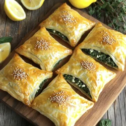 - 1 sheet of puff pastry, thoroughly thawed - 2 cups fresh spinach, roughly chopped - 1 cup feta cheese, crumbly goodness - 1 medium onion, finely chopped - 2 cloves garlic, minced - 1 egg, beaten (for a glossy egg wash) - 2 tablespoons olive oil - Sea salt and freshly cracked pepper to taste - 1 teaspoon dried oregano These ingredients create a rich, flavorful filling that blends well together. The spinach adds a fresh taste, while the feta brings a lovely creaminess. Puff pastry gives that delightful crunch and flaky texture. - Sesame seeds (optional, for a delightful garnish) - Fresh herbs like parsley or dill for serving - Lemon wedges for a zesty touch Using these garnishes not only enhances the look of your dish but also adds extra flavor. You can sprinkle sesame seeds on top before baking for a nutty twist. - Large skillet for sautéing - Mixing bowl for combining ingredients - Rolling pin for pastry - Baking sheet lined with parchment paper - Pastry brush for the egg wash Having the right tools makes cooking easier and more fun. Each item plays a key role in making your savory spinach and feta puff pastry a success. Use the full recipe for step-by-step guidance through the cooking process. To start, heat olive oil in a large skillet on medium heat. Add finely chopped onion. Sauté the onion until soft, about 3-4 minutes. Then, add minced garlic and cook for another minute. You will notice a lovely smell. Next, add the chopped spinach to the skillet. Cook it until it's wilted, which takes about 2-3 minutes. Season with sea salt, pepper, and dried oregano. After that, remove the skillet from heat and let it cool a bit. In a mixing bowl, combine the spinach mixture with crumbled feta cheese. Stir well to make a delicious filling. Now, let's work on the puff pastry. Roll out the thawed sheet on a lightly floured surface. Aim for a large rectangle, about 1/8 inch thick. Cut it into squares or rectangles, each about 4x4 inches. Place a generous spoonful of the filling in the center of each square. Make sure not to overfill! Next, fold the corners over the filling to make triangles or rectangles. Press the edges firmly to seal them. This step is key to keeping all that tasty filling inside. Preheat your oven to 400°F (200°C). Arrange the filled pastries on a baking sheet lined with parchment paper. This prevents sticking. Brush the tops with the beaten egg for a nice glaze. If you want, sprinkle sesame seeds on top for extra flavor. Bake the pastries for 20-25 minutes. They should look puffy and golden brown, making your kitchen smell amazing. Once baked, let them cool slightly before serving. These pastries are perfect warm and look great on a platter. Enjoy the delight of savory spinach and feta puff pastry! For the full recipe, check out the detailed steps above. To achieve a crisp puff pastry, keep a few things in mind. First, make sure your oven is hot. Preheating it to 400°F (200°C) helps the pastry rise quickly and become flaky. Next, avoid overworking the dough. When rolling it out, use gentle pressure. Lastly, brush the tops with an egg wash before baking. This gives them a golden, shiny finish. You can enhance the flavor of your filling with some easy tips. Try adding fresh herbs like dill or parsley for a bright taste. A pinch of nutmeg gives a warm flavor to the spinach. For a kick, consider a dash of red pepper flakes. Don’t forget to taste the mixture before sealing the pastries. Adjust the salt and pepper to your liking for the best results. Watch out for common pitfalls when making these pastries. One mistake is overfilling them. It can lead to messy pastries that burst open. Also, don’t skip the cooling step for your filling. If it’s too warm, it can make the dough soggy. Lastly, always use parchment paper on your baking sheet. This prevents sticking and makes cleanup easier. For the complete recipe, check out the Full Recipe. {{image_4}} You can make this dish even more vibrant by adding different veggies. Try chopped bell peppers, mushrooms, or artichokes. These add flavor and color. You can also use fresh herbs like basil or dill for extra brightness. Get creative and mix in your favorites! If you want more protein, add cooked chicken or sausage. Dice the meat into small pieces and mix it with the spinach and feta. This makes each bite heartier. Use grilled chicken for a smoky flavor or spicy sausage for a kick. Both options work well! Feta cheese is delicious, but other cheeses can shine too. Try ricotta for a creamier filling or mozzarella for a gooey texture. You can also mix cheeses for added depth. Just remember to adjust the seasoning based on the cheese you choose. Each option brings a new taste to this classic recipe. For the full recipe, refer to the beginning of this article. Once your savory spinach and feta puff pastry cools, store it in the fridge. Place each pastry in an airtight container. This keeps them fresh for up to three days. If you want to enjoy them later, make sure they are completely cool before sealing. You can freeze these pastries too! Allow them to cool completely. Then, wrap each pastry tightly in plastic wrap. After that, place them in a freezer-safe bag. They will last for about one month. When you're ready to eat, just take out the desired amount. Reheating is easy! Preheat your oven to 350°F (175°C). Place the pastries on a baking sheet. Bake for about 10-15 minutes, or until hot. This method keeps them crispy. You can also microwave them, but they may become soft. For the best taste, I recommend using the oven. For the full recipe, check out my cooking guide. You can serve these pastries with a fresh salad. A simple green salad works great. Try adding cherry tomatoes, cucumbers, and a light vinaigrette. You might also enjoy them with a side of tzatziki sauce. This cool and creamy dip pairs well with the savory filling. For a heartier meal, serve them alongside a bowl of warm soup, like tomato basil or lentil soup. These pairings create a balanced and satisfying meal. Baking these puff pastries usually takes 20 to 25 minutes. Preheat your oven to 400°F (200°C) for the best results. Keep an eye on them as they bake. You want them to be golden brown and puffy. The time may vary slightly based on your oven. Baking them perfectly ensures a crispy outside and a warm, delicious filling. Yes, you can use frozen spinach! Just make sure to thaw and drain it well. Remove as much moisture as possible. Wet spinach can make the filling soggy. The flavor will still be great, and it saves time in the kitchen. Frozen spinach is a convenient option if fresh is not available. Just remember to chop it into smaller pieces before mixing it with the feta. This ensures even distribution in your filling. This blog post covers the key ingredients for Savory Spinach and Feta Puff Pastry, from essentials to optional garnishes. I outlined step-by-step instructions to make the dish, shared tips for keeping the pastry crispy, and discussed common mistakes. We explored variations like vegetarian options and different cheese choices. Finally, I provided storage tips and answered common questions. Enjoy bringing this tasty dish to your table. It’s simple, versatile, and sure to please!