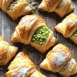 To make the perfect pistachio filled croissants, you need a few simple items. Here is the list of ingredients you will need: - Puff pastry sheets - Shelled pistachios - Granulated sugar - Unsalted butter - Almond extract - Egg (for egg wash) - Powdered sugar (for dusting) These ingredients come together to create a delicious treat. The puff pastry gives a flaky texture, while the pistachios add a rich flavor. The sugar sweetens the filling, and the butter keeps it smooth. Almond extract enhances the nutty taste, making every bite special. The egg wash helps the croissants turn golden, while the powdered sugar adds a sweet touch on top. You can find the full recipe for Pistachio Dreams Croissants that guides you step-by-step through this delightful process. Enjoy gathering your ingredients and prepare for a fun baking adventure! 1. Begin by preheating your oven to 400°F (200°C). This ensures even baking. 2. Line a baking sheet with parchment paper. This prevents sticking and makes cleanup easy. 3. In a medium bowl, mix the finely chopped pistachios, granulated sugar, softened butter, and almond extract. Use a spatula or fork until the mixture turns smooth. 4. Lightly dust your work surface with flour. Roll out each puff pastry sheet until it is thin and even. 1. Cut each pastry sheet into triangles, aiming for about 4 inches wide at the base. 2. At the base of each triangle, place a heaping tablespoon of the pistachio filling. Avoid overfilling to prevent mess. 3. Starting from the base, carefully roll the triangle up towards the tip. Maintain tightness for a nice crescent shape. 1. Place the rolled croissants seam side down on your lined baking sheet. Leave space between each for puffing. 2. In a small bowl, beat the egg. Using a pastry brush, apply the egg wash on the tops of each croissant. This gives them a golden brown color. 3. Bake the croissants for 15-18 minutes. Watch them closely to avoid over-baking. They should puff up and turn golden brown. 4. After baking, let the croissants cool on the sheet for a few minutes. Dust the tops with powdered sugar for a sweet touch. Now, you can enjoy your Pistachio Dreams Croissants! For a complete guide, check the Full Recipe. To make your croissants light and flaky, start with cold ingredients. Cold butter helps create steam during baking. This steam lifts the layers of pastry, giving you that perfect puff. When rolling out your pastry, keep it even and thin. Use gentle pressure with your rolling pin. This ensures each layer stays distinct and gets nice and airy. You can boost the flavor of your pistachio croissants by adding flavored extracts. Almond extract is a great choice, but you can also try vanilla or citrus zest. If you want to mix it up, consider adding other nuts or spices. Chopped hazelnuts or a pinch of cinnamon can bring a new twist to your filling. If your filling spills out while baking, you might have overfilled your croissants. Be sure to use just a heaping tablespoon of filling per pastry. To achieve even browning, place your croissants with enough space on the baking sheet. This way, the heat circulates well around each pastry. If they are too close, they may bake unevenly. {{image_4}} You can play with the filling to make it your own. Try using chocolate or almond paste instead of pistachios. Both of these options add rich flavor and a nice texture. You could also use fruit preserves or cream cheese for a fruity twist. These fillings bring a different taste and can surprise your guests. If you want to make these croissants gluten-free, look for gluten-free puff pastry. Many brands offer good options that work well. For a vegan version, substitute the butter with coconut oil or vegan butter. Skip the egg wash and use a plant-based milk instead to help with browning. Add a chocolate glaze or drizzle for a sweet finish. It adds a beautiful look and extra flavor. You can also sprinkle crushed pistachios on top for a crunchy touch. Edible flowers can give your croissants a lovely and fancy feel. These simple garnishes can turn a good pastry into a great one. Store baked croissants at room temperature. Keep them in an airtight container. This keeps them fresh for two days. If you want to store them longer, refrigerate them. However, this can make them less flaky. To freeze croissants, place them in a freezer bag. Ensure to squeeze out as much air as possible. Label the bag with the date. They can last up to three months in the freezer. When it's time to enjoy your croissants again, reheating is key. The best method is using an oven. Preheat the oven to 350°F (175°C). Place the croissants on a baking sheet. Heat for about 10 minutes. This restores their flakiness and warmth. If you're short on time, you can use a microwave. Heat each croissant for about 10-15 seconds. However, this method can make them a bit soft. You can keep baked croissants for up to two days at room temperature. After that, they start to lose their texture. If refrigerated, they last about a week. Look for signs of spoilage. If they smell off or feel dry, it's best to toss them. Enjoy your pistachio filled croissants fresh for the best flavor! For the full recipe, check out the Pistachio Dreams Croissants. Pistachio filled croissants are flaky pastries with a rich, nutty filling. They blend buttery layers of puff pastry with a smooth pistachio paste. This treat has roots in French baking, often found in bakeries across Europe. The use of pistachios adds a unique twist, making these croissants stand out. Yes, you can prepare the croissants in advance. Make the pistachio filling and roll the croissants. Place them on a baking sheet and cover with plastic wrap. Refrigerate them overnight. In the morning, let them warm up for about 30 minutes before baking. This quick step makes them fresh and ready to enjoy. You can find ready-made pistachio croissants at local bakeries and cafes. Look for places that focus on fresh pastries. Some grocery stores with a bakery section may also carry them. Check reviews online to find the best spots near you. To get the best pistachio flavor, choose high-quality shelled pistachios. Look for ones that are bright green and have a fresh scent. Avoid any that are dull in color or have an off smell. Grinding them just before use will help keep their flavor strong. Always store them in a cool, dark place to maintain freshness. For the full recipe, check out the detailed instructions above! This recipe for pistachio-filled croissants is a true delight. We covered the key ingredients, from puff pastry to pistachios, and shared simple steps for preparation and assembly. You can now create layers of flaky goodness with helpful tips for the perfect puff. There are also tasty variations and storage tips to keep your croissants fresh. With a little practice, you will serve up delicious pastries that impress. Enjoy making and sharing these delightful treats with family and friends!