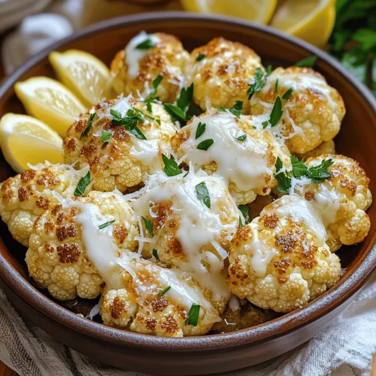 - 1 large head of cauliflower, broken into small florets - 4 cloves of garlic, finely minced - 1/4 cup freshly grated Parmesan cheese - 1/4 cup extra virgin olive oil - 1 teaspoon dried Italian seasoning - 1/2 teaspoon red pepper flakes (optional for heat) - Sea salt and freshly cracked black pepper, to taste - Fresh parsley, roughly chopped (for garnish) - Lemon wedges, for serving Gather these ingredients to create a tasty side dish. The cauliflower serves as a healthy base. The garlic adds a punch of flavor. Parmesan cheese gives a creamy touch. Olive oil keeps everything moist. Seasonings enhance the overall taste. You can adjust the red pepper flakes for heat. Use fresh parsley to add a pop of color. Lemon wedges brighten the dish and balance the richness. This recipe is simple yet flavorful. You can find the complete instructions in the Full Recipe section. Enjoy cooking! Start by setting your oven to 425°F (220°C). A hot oven gives the best roast. If your oven is not hot enough, the cauliflower won’t brown well. This step is key for a tasty side dish. To break down the cauliflower, remove the leaves and stem. Cut the head into small florets. Aim for even pieces so they cook at the same rate. If you have larger florets, cut them down further. This makes for a better texture. In a small bowl, add the extra virgin olive oil, minced garlic, Italian seasoning, red pepper flakes, sea salt, and black pepper. Whisk until smooth. This blend will coat the cauliflower and bring rich flavors. Drizzle the olive oil blend over the cauliflower. Use a spatula or your hands to mix everything well. Ensure all the florets are covered. This step is important for even flavor and crispiness. On a large baking sheet, spread the coated cauliflower in a single layer. Use parchment paper to keep them from sticking. Crowding the pan can lead to soggy cauliflower. Give each piece space to breathe. Place the baking sheet in the oven. Roast for 25-30 minutes. Halfway through, stir the florets for even cooking. You want them golden and tender. Check often to avoid burning. After roasting, take the sheet out and sprinkle the grated Parmesan over the hot cauliflower. Pop it back in the oven for about 5 minutes. This helps the cheese melt and bubble just right. Once done, sprinkle chopped parsley for color. Serve warm with lemon wedges on the side. The lemon adds a fresh zing that brightens the dish. For a lovely presentation, use a rustic bowl and drizzle with extra olive oil. For the full recipe, follow the detailed instructions provided above. Enjoy your delicious Garlic Parmesan Roasted Cauliflower! Overcooking and under-seasoning can ruin your dish. - Overcooking: Keep an eye on the time. If you roast cauliflower too long, it becomes mushy. Aim for a nice golden color. - Under-seasoning: Don't skip the salt and pepper. Season well to enhance the flavors. Add more if needed after roasting. You can try different spices to boost the taste. - Alternative Seasoning Options: Mix in smoked paprika or cumin for a twist. You can also add fresh herbs like thyme or rosemary. They add a lovely aroma and depth. - Cheese Variations: Instead of Parmesan, try Pecorino Romano or nutritional yeast for a vegan option. Each cheese brings its own special flavor. Make your dish look as good as it tastes. - Serving Suggestions for Visual Appeal: Use a rustic bowl to serve the cauliflower. Drizzle with extra olive oil for shine. - Garnishing: Add more Parmesan on top right before serving. Place lemon wedges around the bowl for a pop of color. This also invites your guests to add a zesty touch. For the full recipe, check out the Garlic Parmesan Roasted Cauliflower section. {{image_4}} If you want a vegan option, you can skip the Parmesan cheese. Instead, use nutritional yeast. It gives a cheesy flavor without dairy. You can also try a vegan Parmesan blend made from nuts. This keeps the dish tasty and plant-based. To add some heat, mix in extra red pepper flakes. You can add more or less depending on your taste. Another option is to drizzle hot sauce over the roasted cauliflower. This twist gives a nice kick and makes the dish even more exciting. Feel free to mix in other veggies. Broccoli or Brussels sprouts pair well with cauliflower. You can also add some bell peppers for color. These mix-ins will create a colorful and flavorful dish. Think of it as a fun, veggie medley. Enjoy testing different combinations to find your favorite! To keep your Garlic Parmesan Roasted Cauliflower fresh, place it in an airtight container. Make sure to cool it first before sealing. Store it in the fridge. It will stay good for about 3 to 5 days. When you reheat your cauliflower, aim to keep the flavor and texture. The best way is in the oven. Preheat the oven to 350°F (175°C). Spread the cauliflower on a baking sheet. Heat for about 10-15 minutes. This method helps keep it crispy. You can also use a microwave, but it may not be as crisp. If using a microwave, heat on high for 1-2 minutes. If you want to freeze Garlic Parmesan Roasted Cauliflower, start by letting it cool completely. Place it in a freezer-safe bag or container. Make sure to remove as much air as possible before sealing. It can last up to 3 months in the freezer. When ready to eat, thaw it in the fridge overnight. Reheat in the oven for the best results. Yes, you can use frozen cauliflower. It makes cooking easier and quicker. Just remember to thaw it first. After thawing, pat it dry with a towel. This keeps the cauliflower from getting soggy. You may need to adjust the roasting time. Frozen cauliflower may cook faster, so check it at 20 minutes. This recipe is naturally gluten-free. All the ingredients are safe for a gluten-free diet. Just ensure that your Parmesan cheese is gluten-free. Most cheese brands are safe, but it’s always good to check the label. You can enjoy this dish without worrying about gluten! Garlic Parmesan roasted cauliflower is very versatile. You can serve it with grilled chicken or fish. It also pairs well with pasta dishes. For a vegetarian meal, add a grain like quinoa or rice. This dish shines as a side for any meal! Roasting cauliflower takes about 25-30 minutes. Preheat your oven to 425°F (220°C) for the best results. Halfway through, stir the cauliflower for even browning. The edges should be golden brown and crispy when it's done. Keep an eye on it to avoid overcooking. Yes, you can prepare garlic parmesan roasted cauliflower ahead of time. You can wash and cut the cauliflower a day before. Store it in the fridge in an airtight container. For best results, roast it fresh on the day you serve it. If you must, you can reheat it, but fresh is best! This blog post covered how to make Garlic Parmesan Roasted Cauliflower. We talked about ingredients, preparation, cooking tips, and serving ideas. You learned how to avoid common mistakes and explore fun variations. Remember, the right cooking time and seasoning make all the difference. Try different flavors to keep things exciting. With practice, you'll master this dish and impress everyone at your table. Enjoy making and sharing your delicious creation!