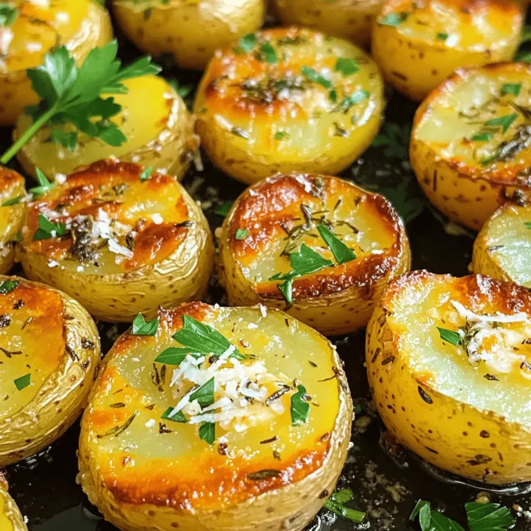 Here are the ingredients you need for crispy garlic parmesan potatoes: - 1.5 pounds baby potatoes, halved - 4 tablespoons extra virgin olive oil - 4 cloves garlic, finely minced - 1 teaspoon dried rosemary - 1 teaspoon dried thyme - 1/2 cup freshly grated Parmesan cheese - Sea salt and freshly cracked black pepper to taste - Fresh parsley, finely chopped (for garnish) These simple ingredients make a flavorful and comforting dish. Using baby potatoes gives a nice bite, while garlic adds a rich taste. The herbs enhance the overall flavor of the dish. You can find the full recipe in the article for easy cooking steps. Set your oven to 425°F (220°C) for optimal crispiness. A hot oven is key to making the potatoes crunchy and golden. In a large bowl, combine the halved baby potatoes with 4 tablespoons of extra virgin olive oil. Add 4 cloves of minced garlic, 1 teaspoon of dried rosemary, and 1 teaspoon of dried thyme. Finish with a sprinkle of sea salt and black pepper. Toss the potatoes well until every piece is coated in the flavorful mix. This step ensures that each bite bursts with taste. Line a baking sheet with parchment paper for easy cleanup. Spread the seasoned potatoes in a single layer. Make sure they have space to breathe; this helps them crisp up nicely. Roast in your preheated oven for 25-30 minutes. Stir the potatoes halfway through. You want them to turn a deep golden brown color. Once the potatoes are roasted, take them out and sprinkle 1/2 cup of freshly grated Parmesan cheese over the top. Return the baking sheet to the oven for an additional 5 minutes. The cheese will melt and form a deliciously crisp topping. After the cheese has melted and is slightly golden, remove the baking sheet from the oven. Let the potatoes cool for a few minutes. Just before serving, garnish with finely chopped fresh parsley for a pop of color. Now, you have a dish that is flavorful and simple, perfect for any meal. For the full recipe, check the earlier section. Spacing on the baking sheet is key for crispiness. When you lay out the potatoes, give them room. This allows hot air to flow around each piece, making them golden and crunchy. If they touch, they will steam instead of roast. Aim for a single layer with space in between. You can roast in batches if needed. Using fresh herbs can really boost taste. Fresh rosemary and thyme add a bright flavor that dried herbs can’t match. If you only have dried herbs, that’s okay! Just use less, as dried herbs are stronger. I often mix both types for a layered taste, giving the dish a nice depth. Oven types can vary, so keep an eye on your potatoes. If your oven runs hot, check them a few minutes early. For larger potatoes, cut them smaller to ensure even cooking. Smaller pieces will crisp up better and cook faster. Always stir halfway through to ensure even roasting. This will help you achieve that perfect golden brown color on all sides. {{image_4}} You can spice up your garlic parmesan potatoes. Just add some chili flakes. This gives the dish a nice kick. You can control the heat to suit your taste. Use a pinch for mild heat or more for a fiery flavor. This simple change adds depth and makes the dish even more exciting. If you're vegan, don’t worry! You can swap the Parmesan cheese for nutritional yeast. Nutritional yeast has a cheesy flavor and is packed with nutrients. It gives a nice umami taste without using dairy. This way, you can still enjoy crispy garlic parmesan potatoes without the cheese. Not all potatoes are the same. You can use different types of potatoes for variety. Yukon Gold potatoes are a great choice. They are creamy and hold up well when roasted. You could also try red potatoes for a slightly different texture. Each type brings its own unique flavor and style to the dish. For the full recipe, check out the [Full Recipe]. To store leftover crispy garlic parmesan potatoes, let them cool first. Place them in an airtight container. This keeps them fresh. You can refrigerate them for up to three days. Make sure to label the container with the date. This helps you remember when you made them. For reheating, I suggest using the oven. Preheat it to 400°F (200°C). Spread the potatoes on a baking sheet. Bake them for about 10 to 15 minutes. This helps restore their crispiness. You can also use a skillet. Heat it on medium and add a splash of olive oil. Cook the potatoes for a few minutes, stirring gently. You can freeze cooked crispy garlic parmesan potatoes, but they may lose some crispiness. Allow them to cool completely, then place them in a freezer-safe bag. Squeeze out the air before sealing. You can freeze them for up to two months. When ready to eat, thaw them overnight in the fridge before reheating. Yes, you can prep these potatoes a day in advance. Start by washing and halving the baby potatoes. Toss them with olive oil, garlic, and herbs. Store them in the fridge in an airtight container. When you're ready to cook, just take them out and roast. This saves you time and still gives you that crispy texture. These potatoes pair well with many dishes. Try them with grilled chicken or fish. They also go great with a fresh salad. For a vegetarian meal, serve them alongside roasted vegetables or a hearty soup. They add a nice crunch to any plate. To make them in an air fryer, first, prepare the potatoes just like the oven method. Place them in the air fryer basket in a single layer. Cook them at 400°F for 15-20 minutes. Shake the basket halfway through for even cooking. Add the cheese during the last 5 minutes for a delicious finish. Halving baby potatoes is simple. Start by washing them thoroughly. Use a sharp knife for clean cuts. Place the potato flat side down for stability. Cut through the middle to create two equal halves. This ensures they cook evenly and get that crispy texture. Crispy garlic parmesan potatoes can last up to 3 days in the fridge. Store them in an airtight container to keep them fresh. Reheat them in the oven or air fryer to regain their crispiness. Avoid microwaving, as it can make them soggy. This blog post covered a simple yet delicious recipe for crispy garlic Parmesan potatoes. You learned about key ingredients, step-by-step instructions, and helpful tips for perfect results. Variations and storage methods were also discussed, making it easy to customize and enjoy your potatoes later. In summary, these potatoes are a tasty side dish for any meal. With just a few steps, you can create a flavorful and crispy treat that everyone will love. Enjoy making this dish and impress your family and friends!