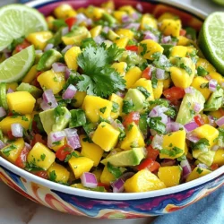 To make Mango Avocado Salsa, gather these fresh ingredients: - 1 ripe mango, diced - 2 ripe avocados, diced - 1 small red onion, finely chopped - 1 red bell pepper, diced - 1 to 2 jalapeños, minced - Fresh cilantro, roughly chopped - Fresh lime juice - Honey or agave syrup (optional) - Salt and black pepper to taste Each ingredient adds something special. The mango brings sweetness, while the avocado adds creaminess. The red onion gives a bit of crunch and sharpness. The red bell pepper adds freshness and color. Jalapeños can kick up the heat, so adjust them as you like. Fresh cilantro adds a burst of flavor and zesty lime juice brightens everything up. Honey or agave syrup is optional but adds a nice touch if you want extra sweetness. This combination creates a burst of flavors in each bite. If you want the full recipe with steps, check out the section on preparation. Start by dicing the mango and avocados. Use a sharp knife for clean cuts. Aim for bite-sized cubes to keep it fun. Next, chop the red onion and red bell pepper. The onion adds a nice crunch, while the bell pepper gives sweetness. If you enjoy heat, mince the jalapeños. Remove the seeds to tone down the spice, if needed. Put all these colorful pieces in a large bowl. Now it’s time to add flavor. Gently fold in the chopped cilantro. This herb brings a bright touch to the salsa. In a small bowl, whisk together fresh lime juice and honey. This mixture will give the salsa a refreshing zing. Add salt and black pepper to taste. The dressing should be zesty and vibrant. Drizzle the dressing over your salsa mixture. Toss everything together carefully. You want each piece to be coated but not mushy. Take a moment to taste your creation. Adjust the seasoning as you like. A pinch more salt or lime juice can enhance the flavors. Let the salsa rest for about 15 minutes. This time helps the flavors meld together beautifully. For the full recipe, check out the complete guide on Mango Avocado Salsa Extravaganza. To make the best mango avocado salsa, you need ripe fruit. Select a mango that feels soft but not mushy. It should have a sweet scent. For avocados, look for ones that yield slightly to gentle pressure. Softness means they are ready to eat. Check for dark green skin, but avoid ones with large dark spots. Balancing flavors is key. The sweetness of mango and creaminess of avocado need a bright kick. Use fresh lime juice to add zest. If your salsa tastes flat, add a pinch of salt. This can enhance the flavors. Mango avocado salsa pairs well with many dishes. Serve it with tortilla chips for a fun snack. It also works great on grilled fish or chicken. Try it as a topping for tacos or burritos. You can even add it to salads for a refreshing twist. Get creative! Serve the salsa in a halved avocado or a taco shell for a unique look. You can also use it as a filling for sandwiches or wraps. Prep your ingredients ahead of time. Chop your mango and avocados the day before. Store them in an airtight container. This way, you save time when you are ready to make the salsa. Consider making a larger batch. You can store extra salsa in the fridge. Use it for snacks or meals throughout the week. Just make sure to eat it within a few days for the best taste. You can find the full recipe for this dish and make it your own! {{image_4}} You can easily change your mango avocado salsa. Adding fruits like pineapple or peach gives it a sweet twist. These fruits blend well with the creamy avocado and juicy mango. You can also try using different herbs. Basil or mint can add fresh layers to your salsa. Experimenting with flavors keeps things fun! Want more heat? You can modify the spice level using different peppers. Try serrano or habanero for a kick. If you prefer milder options, use green bell peppers instead of jalapeños. This way, you can find the perfect heat for your taste. You can also play with the texture of your salsa. For a smooth dip, blend the mango and avocado together. This creates a creamy base that’s perfect for chips. If you want more depth of flavor, try roasting some ingredients first. Roasted red peppers or garlic add a smoky touch. Each variation gives your salsa a new character. For the full recipe, check out the detailed instructions. To keep your mango avocado salsa fresh, use an airtight container. This helps prevent air from spoiling the flavors. Glass or BPA-free plastic containers work best. Make sure the container fits snugly around the salsa to limit exposure. In the refrigerator, your salsa lasts about 2 to 3 days. After that, the ingredients start to break down. Look for signs of spoilage, like browning avocados or a sour smell. If you see any of these, it’s best to toss it. Can you freeze mango avocado salsa? Yes, but it may change the texture. To freeze, place it in a freezer-safe container, leaving some space at the top for expansion. When you want to use it, thaw the salsa in the fridge overnight. Use it within a day after thawing for the best taste. You can make it spicier by adding more jalapeños. Remove the seeds for less heat. If you want more kick, try serrano peppers. You can also add a dash of cayenne pepper or chili powder for extra flavor. Yes, you can make this salsa ahead of time. Prepare it a few hours before serving. Store it in an airtight container in the fridge. This allows the flavors to blend nicely. Just be careful not to add lime juice until just before serving to keep it fresh. Absolutely! This salsa is great for meal prep. You can use it as a topping for tacos, grilled meats, or salads. It adds color and flavor to any dish. Just store it in small containers for easy access. Mango Avocado Salsa will last about 2 to 3 days in the fridge. Keep it in an airtight container to maintain freshness. Check for any browning in the avocado. If it looks brown, you can stir it to mix in the fresh parts. In this blog post, I covered how to make Mango Avocado Salsa. You learned about the fresh ingredients, step-by-step instructions, and handy tips. I shared creative variations and best storage practices. This salsa is fresh, sweet, and spicy, perfect for any meal. Remember, you can mix in your favorite fruits or adjust heat levels. Enjoy making and sharing this dish. It’s fun to create and delicious to eat!