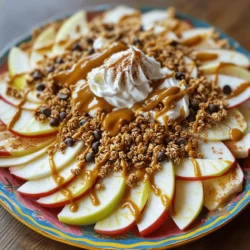 - 3 medium-sized apples (choose sweet varieties like Fuji or Honeycrisp), thinly sliced - 1 cup granola clusters (your favorite type) - 1/2 cup caramel sauce (store-bought or homemade) - 1/4 cup peanut butter or almond butter - 1/2 cup mini chocolate chips - 1/4 cup chopped nuts (like walnuts or pecans) - 1/4 teaspoon ground cinnamon (optional) - Whipped cream for drizzling (optional) Fresh apples are the star of this dish. They add crispness and flavor. Choose sweet apples for the best taste. Fuji and Honeycrisp are great options. Their natural sweetness pairs well with caramel and other toppings. Caramel comes in different forms. You can use store-bought caramel sauce for ease. Homemade caramel adds a personal touch. To make it, melt sugar and mix it with cream and butter. This homemade version can be richer and more flavorful. Optional toppings can elevate your nachos. Mini chocolate chips add sweetness. Chopped nuts give a nice crunch. Granola adds texture and flavor. You can also sprinkle ground cinnamon for warmth. A drizzle of whipped cream makes the dish even more delightful. Feel free to mix and match your toppings to create your perfect Caramel Apple Nachos. For the full recipe, check the earlier section. Start by washing the apples well. Remove any dirt or wax. Next, core the apples and slice them thinly. You want even wedges for a nice look. I recommend using sweet apples like Fuji or Honeycrisp. These apples add natural sweetness and crunch. Arrange the slices on a large platter. Lay them in a circular design, slightly overlapping each piece. This makes your display eye-catching and fun. You have two choices for caramel sauce: microwave or homemade. For microwave, warm the store-bought caramel in a bowl. Heat it for about 20-30 seconds. You want it warm but not too hot. If you prefer homemade, melt 1 cup of sugar over medium heat. Keep stirring until it turns golden brown. Carefully add ½ cup of heavy cream and ¼ cup of butter. Stir until smooth. Be careful with hot ingredients! Use oven mitts or a towel to avoid burns. Now comes the fun part—assembling your nachos! Start by drizzling warm caramel over the apple slices. Let it flow over each piece. Then, microwave the peanut butter for 15-20 seconds. Drizzle that over the apples next. This adds a tasty twist. Sprinkle granola clusters evenly over the apples for crunch. Next, add mini chocolate chips and chopped nuts. This mix gives nice textures. If you like, sprinkle a bit of ground cinnamon for warmth. Lastly, you can drizzle whipped cream on top for a creamy finish. This makes it even more special. Enjoy your beautiful creation! You can find the full recipe above for more details on ingredients. To make your Caramel Apple Nachos shine, choose sweet apple types. Fuji and Honeycrisp are great options. They add natural sweetness that pairs well with caramel. For nut butter, try almond butter for a twist. It has a rich taste that works well with the apples. You can also use cashew butter for a creamy touch. Both options add unique flavors and textures. When serving, make it fun! Arrange the nachos on a colorful platter. You can layer them high for a tower effect. This adds height and makes the dish look grand. For parties, serve individual plates. Add a small dollop of whipped cream on each plate. It makes each serving special. Using a sprinkle of cinnamon on top also adds a pop of color. You can make your nachos healthier. Use yogurt instead of caramel for a lighter dip. This gives a creamy texture without the extra sugar. For toppings, consider using dried fruits or seeds. They add crunch and flavor. You can also change it up by adding seasonal fruits. In fall, try adding thin slices of pears or pomegranate seeds. This keeps your nachos exciting and fresh. {{image_4}} Try adding bananas or strawberries to your caramel apple nachos. Bananas add creaminess and sweetness. Strawberries bring a fresh, tangy flavor. Both fruits pair well with apples and caramel. You can slice them thin and layer them on top. For a cozy twist, include fall spices like nutmeg. Just a pinch can warm up the flavors and enhance the sweetness of the apples. If you want to switch things up, consider using other sauces. Chocolate sauce can be a fun change from caramel. You could also try fruit preserves for a fruity burst. For those who prefer vegan options, coconut cream is a great choice. It adds richness without dairy. Just drizzle it over the nachos for a creamy delight. Get creative with toppings to add more texture. Consider adding seeds like pumpkin or sunflower seeds. These add a nice crunch and boost nutrition. Dried fruits can also add sweetness and chewiness. Try raisins, cranberries, or apricots for a unique twist. Flavored granolas are another fun option. They can introduce new tastes and textures, making your nachos even more exciting. To keep your Caramel Apple Nachos fresh, store the apples and toppings separately. This prevents the apples from getting mushy. Place the apple slices in an airtight container. You can also sprinkle a bit of lemon juice on them to slow browning. For the toppings, use small containers. This keeps granola crunchy and chocolate chips from melting. Reheating caramel can be done easily. Place it in a microwave-safe bowl. Heat in short bursts of 10-15 seconds. Stir in between to ensure it warms evenly. To keep apple slices crisp, avoid reheating them. Instead, enjoy them cold or at room temperature. This helps maintain their fresh crunch. Yes, you can prepare some parts in advance. Slice the apples and store them in water with lemon juice. This prevents browning. You can also pre-make the caramel sauce and keep it in the fridge. Just warm it up before serving. Assemble the nachos right before eating. This keeps the apples crisp and fresh. For this recipe, sweet apples work best. Here are some options: - Fuji: Very sweet and firm. Great crunch. - Honeycrisp: Sweet with a hint of tartness. Very juicy. - Gala: Mildly sweet and soft. Good for kids. Each apple brings its own unique taste. Choose one or mix them for fun flavors. Yes, store-bought caramel is a quick option. It saves time and still tastes great. However, homemade caramel has a richer taste. If you have time, try making it. It adds a special touch to your nachos. Caramel apple nachos combine fresh apples with rich caramel and toppings for a fun treat. We explored key ingredients, like the right apple types and variations of caramel. The step-by-step guide helped you prepare and assemble nachos with ease. I shared tips to perfect the flavor and ideas for beautiful presentation. Consider seasonal fruits or alternative sauces for unique twists. With proper storage, you can enjoy leftovers too. Now it's time to create your own caramel apple nachos and impress everyone!