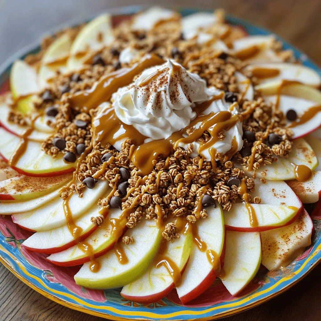 - 3 medium-sized apples (choose sweet varieties like Fuji or Honeycrisp), thinly sliced - 1 cup granola clusters (your favorite type) - 1/2 cup caramel sauce (store-bought or homemade) - 1/4 cup peanut butter or almond butter - 1/2 cup mini chocolate chips - 1/4 cup chopped nuts (like walnuts or pecans) - 1/4 teaspoon ground cinnamon (optional) - Whipped cream for drizzling (optional) Fresh apples are the star of this dish. They add crispness and flavor. Choose sweet apples for the best taste. Fuji and Honeycrisp are great options. Their natural sweetness pairs well with caramel and other toppings. Caramel comes in different forms. You can use store-bought caramel sauce for ease. Homemade caramel adds a personal touch. To make it, melt sugar and mix it with cream and butter. This homemade version can be richer and more flavorful. Optional toppings can elevate your nachos. Mini chocolate chips add sweetness. Chopped nuts give a nice crunch. Granola adds texture and flavor. You can also sprinkle ground cinnamon for warmth. A drizzle of whipped cream makes the dish even more delightful. Feel free to mix and match your toppings to create your perfect Caramel Apple Nachos. For the full recipe, check the earlier section. Start by washing the apples well. Remove any dirt or wax. Next, core the apples and slice them thinly. You want even wedges for a nice look. I recommend using sweet apples like Fuji or Honeycrisp. These apples add natural sweetness and crunch. Arrange the slices on a large platter. Lay them in a circular design, slightly overlapping each piece. This makes your display eye-catching and fun. You have two choices for caramel sauce: microwave or homemade. For microwave, warm the store-bought caramel in a bowl. Heat it for about 20-30 seconds. You want it warm but not too hot. If you prefer homemade, melt 1 cup of sugar over medium heat. Keep stirring until it turns golden brown. Carefully add ½ cup of heavy cream and ¼ cup of butter. Stir until smooth. Be careful with hot ingredients! Use oven mitts or a towel to avoid burns. Now comes the fun part—assembling your nachos! Start by drizzling warm caramel over the apple slices. Let it flow over each piece. Then, microwave the peanut butter for 15-20 seconds. Drizzle that over the apples next. This adds a tasty twist. Sprinkle granola clusters evenly over the apples for crunch. Next, add mini chocolate chips and chopped nuts. This mix gives nice textures. If you like, sprinkle a bit of ground cinnamon for warmth. Lastly, you can drizzle whipped cream on top for a creamy finish. This makes it even more special. Enjoy your beautiful creation! You can find the full recipe above for more details on ingredients. To make your Caramel Apple Nachos shine, choose sweet apple types. Fuji and Honeycrisp are great options. They add natural sweetness that pairs well with caramel. For nut butter, try almond butter for a twist. It has a rich taste that works well with the apples. You can also use cashew butter for a creamy touch. Both options add unique flavors and textures. When serving, make it fun! Arrange the nachos on a colorful platter. You can layer them high for a tower effect. This adds height and makes the dish look grand. For parties, serve individual plates. Add a small dollop of whipped cream on each plate. It makes each serving special. Using a sprinkle of cinnamon on top also adds a pop of color. You can make your nachos healthier. Use yogurt instead of caramel for a lighter dip. This gives a creamy texture without the extra sugar. For toppings, consider using dried fruits or seeds. They add crunch and flavor. You can also change it up by adding seasonal fruits. In fall, try adding thin slices of pears or pomegranate seeds. This keeps your nachos exciting and fresh. {{image_4}} Try adding bananas or strawberries to your caramel apple nachos. Bananas add creaminess and sweetness. Strawberries bring a fresh, tangy flavor. Both fruits pair well with apples and caramel. You can slice them thin and layer them on top. For a cozy twist, include fall spices like nutmeg. Just a pinch can warm up the flavors and enhance the sweetness of the apples. If you want to switch things up, consider using other sauces. Chocolate sauce can be a fun change from caramel. You could also try fruit preserves for a fruity burst. For those who prefer vegan options, coconut cream is a great choice. It adds richness without dairy. Just drizzle it over the nachos for a creamy delight. Get creative with toppings to add more texture. Consider adding seeds like pumpkin or sunflower seeds. These add a nice crunch and boost nutrition. Dried fruits can also add sweetness and chewiness. Try raisins, cranberries, or apricots for a unique twist. Flavored granolas are another fun option. They can introduce new tastes and textures, making your nachos even more exciting. To keep your Caramel Apple Nachos fresh, store the apples and toppings separately. This prevents the apples from getting mushy. Place the apple slices in an airtight container. You can also sprinkle a bit of lemon juice on them to slow browning. For the toppings, use small containers. This keeps granola crunchy and chocolate chips from melting. Reheating caramel can be done easily. Place it in a microwave-safe bowl. Heat in short bursts of 10-15 seconds. Stir in between to ensure it warms evenly. To keep apple slices crisp, avoid reheating them. Instead, enjoy them cold or at room temperature. This helps maintain their fresh crunch. Yes, you can prepare some parts in advance. Slice the apples and store them in water with lemon juice. This prevents browning. You can also pre-make the caramel sauce and keep it in the fridge. Just warm it up before serving. Assemble the nachos right before eating. This keeps the apples crisp and fresh. For this recipe, sweet apples work best. Here are some options: - Fuji: Very sweet and firm. Great crunch. - Honeycrisp: Sweet with a hint of tartness. Very juicy. - Gala: Mildly sweet and soft. Good for kids. Each apple brings its own unique taste. Choose one or mix them for fun flavors. Yes, store-bought caramel is a quick option. It saves time and still tastes great. However, homemade caramel has a richer taste. If you have time, try making it. It adds a special touch to your nachos. Caramel apple nachos combine fresh apples with rich caramel and toppings for a fun treat. We explored key ingredients, like the right apple types and variations of caramel. The step-by-step guide helped you prepare and assemble nachos with ease. I shared tips to perfect the flavor and ideas for beautiful presentation. Consider seasonal fruits or alternative sauces for unique twists. With proper storage, you can enjoy leftovers too. Now it's time to create your own caramel apple nachos and impress everyone!