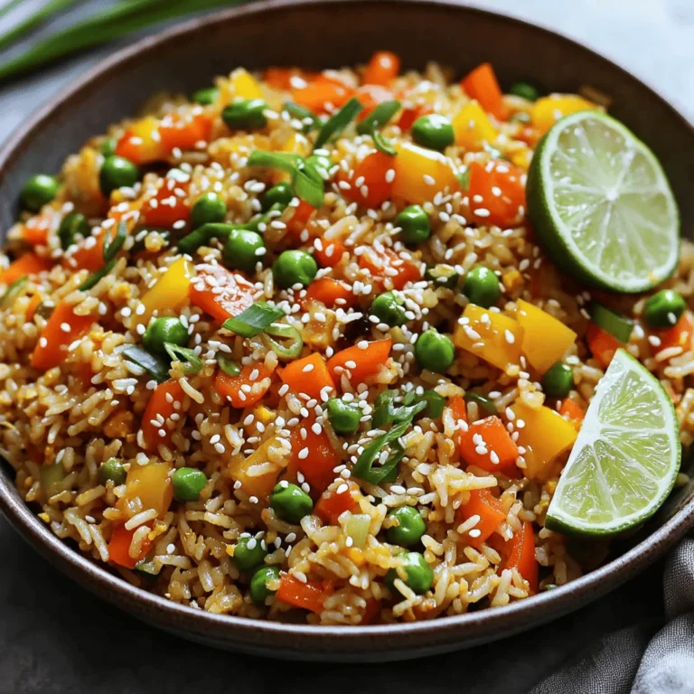 To make easy vegetable fried rice, you need just a few key items: - 2 cups cooked jasmine rice (preferably leftover and chilled) - 1 cup mixed vegetables (like diced carrots, peas, and corn) - 1 bell pepper (any color), diced into bite-sized pieces - 1 small onion, finely chopped - 2 cloves garlic, minced - 2 tablespoons soy sauce (adjust to taste) - 1 tablespoon sesame oil (for a nutty flavor) - 1 tablespoon vegetable oil (for frying) - 2 green onions, sliced thinly for garnish - 2 eggs (optional, for added protein) - Salt and pepper to taste - Sesame seeds for garnish (optional, for crunch) You can mix and match veggies based on what you love. Here are some great combos: - Broccoli and snap peas for a crunchy bite - Zucchini and mushrooms for a rich flavor - Spinach and bell peppers to add color and nutrition - Cauliflower and carrots for a hearty mix Feel free to use what you have on hand. Fresh or frozen veggies both work well. To boost the flavor and health of your dish, consider these add-ins: - Tofu or chicken for protein - Sesame seeds for added crunch - Chili flakes for a spicy kick - Ginger for a fresh zing These options make your fried rice even better. Just add them when you stir-fry! For the full recipe, check the section above. Start with your rice. Use 2 cups of cooked jasmine rice. Chilling it overnight is best. This helps keep it firm. Next, chop your vegetables. You want a mix of diced carrots, peas, and corn. Dice a bell pepper and finely chop a small onion. Mince 2 cloves of garlic. Having everything ready makes cooking quick and easy. Heat a large skillet or wok over medium-high heat. Add 1 tablespoon of vegetable oil. Wait until the oil shimmers. This shows it's hot enough. Toss in the chopped onion and sauté for about 2-3 minutes. Stir until the onion is soft and slightly clear. Next, add the minced garlic and mixed vegetables. Stir-fry this for 3-4 minutes. You want the veggies to be tender but bright in color. Now, add the diced bell pepper. Stir-fry for 2 more minutes. The bell pepper should still have a slight crunch. If using eggs, push the veggie mix to one side of the pan. Crack 2 eggs into the empty side and scramble them. Once cooked, mix them into the veggies. Fold in your chilled rice, breaking apart any clumps. Drizzle 2 tablespoons of soy sauce and 1 tablespoon of sesame oil over the rice. Stir well, so all the rice soaks up the flavors. Finally, season with salt and pepper to your liking. Remove from heat and add sliced green onions on top. Optional: sprinkle sesame seeds for crunch. Enjoy your colorful veggie fried rice! Using leftover rice is key for a great fried rice. Cold rice holds its shape better when you cook it. If you use fresh rice, it might turn mushy. Aim for rice that’s been chilled for at least a few hours. You can even freeze leftover rice for future use. Just make sure to thaw it out before cooking. Choosing fresh vegetables makes a big difference in taste. Look for bright colors and firm textures. For carrots, select ones that are crisp and smooth. Peas should be vibrant green and plump. Bell peppers should be shiny and free of blemishes. Fresh vegetables add crunch and flavor to your dish. You can mix and match based on what you like or have on hand. Seasonings can take your fried rice to the next level. Soy sauce adds saltiness and umami. Sesame oil brings a nutty flavor. For extra zest, consider adding a squeeze of lime. Garlic and onions are essential for a flavorful base. You might also add ginger for a hint of spice. Don’t forget to taste as you go, adjusting the seasonings to suit your palate. For more details, check the Full Recipe. {{image_4}} You can easily make this dish vegetarian or vegan. For vegetarian fried rice, simply add eggs. They provide protein and richness. If you want a vegan version, skip the eggs. Use tofu instead for a great protein boost. Tofu absorbs flavors well when cooked. You can also add more vegetables like spinach or mushrooms to keep it hearty and satisfying. If you need a gluten-free option, choose tamari instead of soy sauce. Tamari has a similar taste but is made without wheat. Also, ensure your vegetable broth, if used, is gluten-free. Quinoa can replace rice if you want a twist. Quinoa adds a nutty flavor and extra protein. Adding protein can make your fried rice more filling. Tofu is a great plant-based choice. Just cube it and stir-fry until golden. Chicken is another option; cook it before adding the vegetables. Shrimp cooks quickly, so add it after the veggies. Make sure to adjust the cooking time to keep everything tender and flavorful. For the full recipe, check out the section above. Enjoy experimenting with these variations! To keep leftover fried rice fresh, transfer it to an airtight container. Make sure it cools to room temperature first. This helps prevent moisture buildup, which can lead to sogginess. Store it in the fridge for up to three days. If you see any discoloration or an odd smell, it's best to toss it. When reheating fried rice, your goal is to bring back its original texture. Start by adding a splash of water or broth to your skillet. Heat it over medium heat, stirring often. This keeps the rice moist and fluffy. If you use a microwave, cover the bowl with a damp paper towel. Heat in short bursts to avoid overcooking. Freezing fried rice is a great way to save it for later. To do this, spread the rice in a single layer on a baking sheet. Freeze for about an hour until firm. Then, transfer it to a freezer-safe bag or container. It can last up to three months in the freezer. When you're ready to eat, thaw it in the fridge overnight before reheating. Enjoy your colorful veggie fried rice anytime! For the full recipe, check out the details above. No, it’s best to use cooked rice. Fresh rice is too moist. It clumps together and won’t fry well. Leftover rice has dried a bit in the fridge. This makes it perfect for frying. Jasmine rice is my favorite. It has a nice aroma and fluffy texture. Long-grain rice works well too. Avoid sticky rice like sushi rice. It can make your fried rice mushy. You can use other sauces for taste. Try teriyaki or coconut aminos. They add flavor without soy. You can also use salt and pepper to season. For a twist, add lemon juice or vinegar. Start with mild spice like black pepper. For heat, add red pepper flakes. You can also use sriracha or chili sauce. Adjust the spice to fit your taste. This way, everyone can enjoy the dish. You now know how to make easy vegetable fried rice. Start with the right ingredients and use fresh veggies. Follow the steps and cooking tips to get the best flavor. Remember to store leftover fried rice properly and reheat it well. You can also explore variations like gluten-free or protein options. Use this guide to create delicious meals with simple steps. Enjoy your cooking and make fried rice your way!