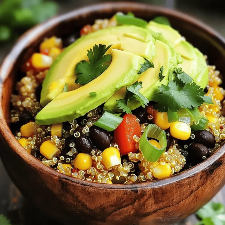 To make your Savory Quinoa and Black Bean Bowl, you need some key items. Here’s what you’ll need: - 1 cup quinoa, thoroughly rinsed - 2 cups vegetable broth or water - 1 can (15 oz) black beans, drained and rinsed - 1 medium red bell pepper, diced into small pieces - 1 cup corn kernels (fresh or frozen) - 1 medium avocado, sliced - 1/4 cup green onions, finely chopped - 1 teaspoon ground cumin - 1 teaspoon smoked paprika - Juice of 1 lime - 2 tablespoons extra virgin olive oil - Salt and freshly ground black pepper to taste - Fresh cilantro leaves for garnish These ingredients combine to create a vibrant and nutritious meal. The quinoa serves as the base, while black beans add protein. The bell pepper and corn offer color and crunch. Feel free to add your favorite garnishes for extra flavor. Consider these options: - Crumbled feta cheese - Sliced jalapeños for heat - Diced tomatoes for freshness - A dollop of Greek yogurt These garnishes can elevate your bowl and make it even more enjoyable. You will need some basic kitchen tools to prepare this dish. Here’s what I recommend: - Medium saucepan for cooking quinoa - Large skillet for sautéing - Measuring cups and spoons - Cutting board and sharp knife - Serving bowls for presentation Having the right tools makes cooking easier and more fun. With these ingredients and tools, you're ready to create a delicious and healthy Savory Quinoa and Black Bean Bowl. For the complete recipe, check out the Full Recipe section. To start, grab a medium saucepan. Add 1 cup of rinsed quinoa and 2 cups of vegetable broth or water. Place it on the stove over medium-high heat. Bring it to a rolling boil. Once it boils, reduce the heat to low. Cover the pan and let it simmer for about 15 minutes. The quinoa is ready when it is tender and has soaked up all the liquid. Take it off the heat and let it rest for 5 minutes. Fluff it with a fork to make it light and airy. Next, you will sauté the vegetables. Take a large skillet and heat 2 tablespoons of extra virgin olive oil over medium heat. Add the diced red bell pepper and corn kernels. Sauté for about 5 to 7 minutes. Stir occasionally until the vegetables are tender and slightly caramelized. This brings out their sweet flavor. Then, add 1 can of drained black beans into the skillet. Sprinkle in 1 teaspoon of ground cumin and 1 teaspoon of smoked paprika. Season with salt and freshly ground black pepper to taste. Stir well to mix everything. Cook for another 2 to 3 minutes. This lets the beans heat up and the flavors meld nicely. Now it’s time to combine everything. Once your quinoa is ready, gently add it to the skillet with the sautéed veggies and beans. Drizzle the juice of 1 lime over the mixture. Stir everything together until all ingredients are well mixed. You want each bite to be full of flavor. To serve, scoop the quinoa and black bean mixture into bowls. Top each bowl with slices of creamy avocado, a sprinkle of chopped green onions, and fresh cilantro leaves. This adds color and freshness to your dish. For a tasty twist, add some crumbled feta cheese on top if you like. Check out the Full Recipe for more details! To get the best quinoa, rinse it well before cooking. This removes bitterness. Use a 2:1 ratio of liquid to quinoa. I often use vegetable broth for a richer taste. Once cooked, let it sit for 5 minutes. Fluff it gently with a fork. This gives it a light and fluffy texture. Spices make this dish pop! I like to use ground cumin and smoked paprika. These spices add warmth and depth. Feel free to adjust the amount to your taste. You can also try garlic powder or chili powder for a kick. A squeeze of lime juice brightens the flavors, too. Serve your bowl warm for the best experience. Top it with creamy avocado slices for richness. Fresh cilantro adds a burst of color and freshness. You can also sprinkle green onions on top. For a crunchy twist, add tortilla chips. This dish is perfect for lunch or dinner. Check out the Full Recipe for all the details! {{image_4}} You can boost the protein in your bowl. Add grilled chicken or shrimp for meat lovers. For a plant-based option, try tofu or tempeh. These options keep the dish filling and nutritious. You can also mix in some nuts or seeds for a crunchy texture. This recipe is already great for vegetarians and vegans. If you want to keep it that way, skip the cheese and use plant-based options. Nutritional yeast can add a cheesy flavor without dairy. You can also use plant-based sour cream for creaminess. Spice things up by adding hot sauce or chili powder. If you like a sweet touch, consider adding diced mango or pineapple. Fresh herbs like basil or mint can change the taste too. For a smoky flavor, try adding chipotle peppers. Each variation makes the dish unique and exciting. Explore these ideas to find your favorite twist on the Savory Quinoa and Black Bean Bowl! For the full recipe, check out the instructions above. You can store your Savory Quinoa and Black Bean Bowl in the fridge. Place it in an airtight container. It stays fresh for up to 4 days. Make sure it cools down before sealing. This keeps flavors intact and prevents sogginess. If you want to save some for later, freezing is a great option. Use freezer-safe bags or containers. Remove as much air as possible to prevent freezer burn. You can freeze the bowl for up to 3 months. Just remember, the avocado should not be frozen. Add fresh avocado when you reheat it. To reheat, take the bowl out of the fridge or freezer. If it's frozen, let it thaw overnight in the fridge. You can reheat it in the microwave or on the stovetop. For the microwave, heat for 1-2 minutes until warm. If using the stovetop, add a splash of water to prevent sticking and heat over medium. Stir often until it's hot. Enjoy your meal! Quinoa and black beans are super healthy. Quinoa is a complete protein. It has all nine essential amino acids. This means it helps build and repair muscles. Black beans are high in fiber. They improve digestion and keep you full longer. Both foods are rich in vitamins and minerals. They can help lower cholesterol and control blood sugar. Eating them together makes a balanced meal. Yes, you can make this dish ahead. Cook the quinoa and store it in the fridge. You can also sauté the vegetables and black beans in advance. When you are ready to eat, just heat everything up. This dish tastes great warm or cold. It makes a quick lunch or dinner option. You can easily customize your bowl. Try adding different veggies like spinach or zucchini. For extra protein, add grilled chicken or tofu. Want more spice? Add jalapeños or hot sauce. You can also change the spices. Try chili powder or oregano for a different taste. With so many options, each bowl can be unique. Check out the Full Recipe for more ideas. In this article, we explored how to make a Savory Quinoa and Black Bean Bowl. We covered essential ingredients, optional garnishes, and the tools you need. The step-by-step instructions guided you through cooking quinoa, sautéing vegetables, and mixing everything together. Final thoughts: This bowl is not just healthy, but also simple and tasty. Feel free to experiment with different proteins or spices. Enjoy your cooking and create your own version!