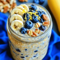 To make lemon blueberry overnight oats, you'll need a few simple ingredients. Here’s the list: - 1 cup rolled oats - 1 ½ cups almond milk (or any milk of your choice) - 1 tablespoon chia seeds - 1 tablespoon maple syrup (or honey for sweetness) - Zest of 1 lemon (for a vibrant citrus flavor) - ¼ teaspoon vanilla extract (to enhance the sweetness) - 1 cup fresh blueberries (bursting with flavor) - Pinch of salt (to balance the sweetness) - Optional toppings: sliced bananas, chopped nuts, or pumpkin seeds Feel free to swap almond milk with any milk you prefer, like coconut or soy. If you want a different sweetener, agave syrup can work well too. You can also change the fruit; strawberries or raspberries can be great alternatives to blueberries. When you gather all your ingredients, it makes cooking so much easier. Enjoy the process! To make Lemon Blueberry Overnight Oats, start by gathering your ingredients. You will need: - 1 cup rolled oats - 1 ½ cups almond milk (or any milk of your choice) - 1 tablespoon chia seeds - 1 tablespoon maple syrup (or honey for sweetness) - Zest of 1 lemon (for a vibrant citrus flavor) - ¼ teaspoon vanilla extract (to enhance the sweetness) - 1 cup fresh blueberries (bursting with flavor) - Pinch of salt (to balance the sweetness) - Optional toppings: sliced bananas, chopped nuts, or pumpkin seeds First, take a medium mixing bowl. Combine the rolled oats, chia seeds, and a pinch of salt in it. Stir well to mix the chia seeds evenly through the oats. Next, in a separate bowl, whisk together the almond milk, maple syrup, lemon zest, and vanilla extract. This mixture adds wonderful flavors to the oats. Gradually pour the almond milk mixture over the dry oats. Stir gently until all the oats are coated. Now, fold in the fresh blueberries. Save a few for later to use as a garnish. This step is important because it boosts both flavor and nutrition. Divide the mixture into two or three mason jars or airtight containers. Make sure you leave space for toppings. Seal the jars tightly. Place the jars in the refrigerator overnight, or for at least 4 hours. This soaking time lets the oats absorb the liquid and soften. The longer you let them sit, the creamier they become. For storage, I recommend using mason jars. They are perfect for this recipe because they seal well and are easy to carry if you're on the go. In the morning, stir the oats to mix the textures. If you want a creamier texture, add a splash of almond milk. Top the oats with the reserved blueberries, sliced bananas, or a sprinkle of chopped nuts for extra flavor. Serve yourself a hearty portion. These oats are filling and nutritious, making them a great breakfast choice. Enjoy your tasty and simple Lemon Blueberry Overnight Oats! To boost the taste of your lemon blueberry overnight oats, consider adding a few extras. You can mix in a dash of cinnamon or nutmeg for warmth. A spoonful of almond butter can add creaminess and flavor. For perfect lemon zest, use a microplane. This tool gives fine zest that mixes well. Make sure to zest only the yellow part. The white pith is bitter and can spoil the taste. If you want creamier oats, add more liquid. A splash of almond milk can make a big difference. For thicker oats, use less liquid. It’s all about what you like best! Resting time is key. Let the oats soak overnight. This helps them absorb the flavors and soften nicely. If you’re in a hurry, four hours will also work. To prepare multiple servings, double or triple the recipe. You can store them in mason jars for easy grab-and-go meals. Just make sure to leave some space for toppings. When storing oats, use airtight containers. This keeps them fresh and tasty. Always refrigerate overnight oats. They stay good for up to five days in the fridge. {{image_4}} You can switch up the fruits in your lemon blueberry overnight oats. Try using strawberries, raspberries, or blackberries. Each berry brings a unique taste. You can also add chopped apples or peaches. For seasonal fun, use fresh cherries in summer or diced pumpkin in fall. Mixing fruits gives your oats a fresh look and flavor. When it comes to milk, you have many choices. Almond milk is great, but coconut milk adds creaminess. Soy milk is another solid option, bringing protein. Each milk type has its pros and cons. Almond milk is low in calories, while coconut milk is rich and tasty. Soy milk offers a balanced taste but may not suit everyone. Pick the milk you enjoy most. Sweeteners can change the flavor of your oats. Maple syrup is a favorite, but agave syrup is lighter. Stevia is a no-calorie option if you want to cut sugar. Honey is great too, adding a floral note. Adjust the amount based on your taste. Start with a little and add more if you like it sweeter. To keep your lemon blueberry overnight oats fresh, choose airtight containers or mason jars. Both options work well. Airtight containers seal tightly to prevent air and moisture from spoiling your food. Mason jars are great for single servings and look nice, too. Store your oats in the fridge for up to five days. This allows the flavors to meld and the oats to soften perfectly. You can freeze prepared oats for later use. Divide the oats into portions, placing them in freezer-safe containers. Make sure to leave some space in each container. This space allows the oats to expand without making a mess. To thaw, move the oats to the fridge the night before you plan to eat them. You can also microwave them for a quick meal. Look for changes in color or smell to tell if your overnight oats have gone bad. If they have an off smell or look slimy, it’s best to toss them. Always check the date when you made them. Remember, even in the fridge, they only last about five days. To stay safe, if you’re unsure, it’s better to throw them away. Yes, you can make Lemon Blueberry Overnight Oats ahead of time. This recipe is perfect for meal prep. You can prepare them the night before or even up to three days in advance. Just store them in the fridge. This way, you have a quick breakfast ready to go! Yes, frozen blueberries work great in this recipe. They save time and are just as tasty. When using frozen blueberries, add them directly to the oats. You can mix them in gently, but don’t worry if they break apart a bit. They will thaw overnight and add a sweet burst of flavor. Lemon Blueberry Overnight Oats are healthy and delicious! A serving has about 300 calories. Oats provide fiber, which helps your digestion. Blueberries are packed with vitamins and antioxidants. They support heart health and can boost your mood. Enjoying these oats can be a tasty way to start your day! Lemon Blueberry Overnight Oats are simple and tasty. We explored the ingredients, preparation, and tips to perfect them. You learned about serving ideas and variations to keep breakfast exciting. Storing your oats correctly helps maintain freshness. You can even make them ahead for busy mornings. With these insights, you can create a delicious and nutritious meal that you'll love. Enjoy experimenting with flavors and making each serving your own!