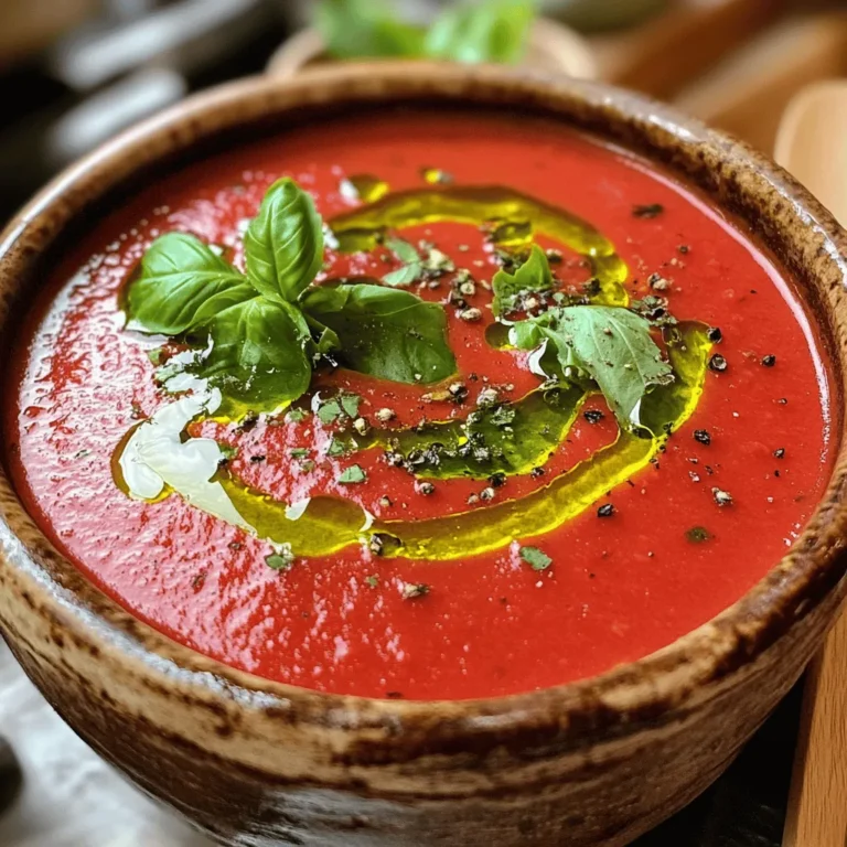 To make the perfect creamy tomato basil soup, gather these fresh ingredients: - 2 tablespoons extra virgin olive oil - 1 medium onion, finely chopped - 2 cloves garlic, minced - 1 can (28 ounces) crushed tomatoes, preferably San Marzano - 2 cups vegetable broth, low sodium preferred - 1 teaspoon granulated sugar - Salt and freshly ground black pepper, to taste - 1 cup heavy cream - 1 cup fresh basil leaves, packed and coarsely chopped - 1 teaspoon dried oregano - A pinch of red pepper flakes (optional, for a kick) You can swap some ingredients for what you have at home. If you want a lighter soup, use half-and-half instead of heavy cream. For a vegan version, try coconut milk or cashew cream. If you do not have fresh basil, dried basil works too; just use less. You can also use onion powder if you run out of fresh onion. Remember, the key is to keep the flavors bright and fresh. Fresh tomatoes can add great taste, but they require time to cook down. Canned tomatoes, especially San Marzano, offer rich flavor and convenience. They are picked at peak ripeness, making them a great choice for quick soups. If you choose fresh tomatoes, use about 2 pounds and peel them for the best results. Both options work well, so choose what fits your time and taste! To start, gather your ingredients. You’ll need olive oil, onion, garlic, crushed tomatoes, broth, sugar, salt, pepper, heavy cream, fresh basil, oregano, and optional red pepper flakes. Set everything on your counter to make cooking smooth and fun. 1. Heat the Oil: In a large pot, pour in 2 tablespoons of olive oil. Heat it over medium heat until it shines. 2. Sauté the Onion: Add the finely chopped onion. Stir it for about 5 minutes. Wait until the onion is soft and translucent. 3. Add Garlic: Stir in 2 cloves of minced garlic. Cook for an extra minute. It should smell great but not brown. 4. Mix in Tomatoes and Broth: Carefully pour in one can of crushed tomatoes and 2 cups of vegetable broth. Add 1 teaspoon of sugar, salt, and some black pepper. Mix it all well. 5. Simmer the Soup: Bring it to a gentle simmer. Lower the heat and let it cook uncovered for 20 minutes. This helps the flavors blend nicely. 6. Blend the Soup: After 20 minutes, take the pot off the heat. If you have an immersion blender, use it directly in the pot. If not, carefully pour the soup in batches into a stand blender. Blend until smooth. 7. Add Cream and Herbs: Return the smooth soup to the pot. Stir in 1 cup of heavy cream, fresh basil, oregano, and red pepper flakes if you want some heat. 8. Heat Gently: Put the pot back on low heat. Warm it gently, stirring for about 5 minutes until heated through. Taste and adjust the salt and pepper to your liking. 9. Serve with Style: Ladle the hot soup into bowls. Garnish each bowl with fresh basil or a swirl of cream for a nice touch. When blending, be cautious. Hot soup can splash. If using a stand blender, fill it halfway and let steam escape. Blend until smooth. If you prefer a chunkier texture, blend less. An immersion blender gives you more control and lets you blend right in the pot. For the full recipe, check out the Creamy Tomato Basil Bliss section! To make your creamy tomato basil soup shine, focus on fresh ingredients. Fresh basil adds a bright taste that dried herbs can’t match. Use high-quality crushed tomatoes, like San Marzano, for deep flavor. Add a pinch of sugar. It balances the acidity of the tomatoes. For an extra kick, toss in red pepper flakes. This small addition can change the soup's profile. Pair your soup with warm, crusty bread for dipping. Grilled cheese sandwiches also make a perfect side. For a lighter option, serve with a crisp salad. A simple green salad with a lemon vinaigrette brightens the meal. If you're feeling adventurous, try a sprinkle of feta or goat cheese on top. This adds creaminess and tang. Serve the soup hot, in a bowl that holds heat well. For a beautiful touch, swirl in some heavy cream. Top with fresh basil leaves for color. You can also add a drizzle of olive oil for richness. This will impress your guests and make your meal feel special. Remember, presentation matters. A well-served dish makes the meal more enjoyable. For the full recipe, check the section above. {{image_4}} You can make a vegan version of this creamy tomato basil soup. Start with the same base as the original. Instead of heavy cream, use coconut milk or cashew cream. Both options add richness and a nice flavor. You’ll still want to keep the crushed tomatoes and fresh basil. This vegan twist is just as delicious and perfect for cozy nights. If you want to add protein, consider using lentils or chickpeas. Both options work well in the soup. Cook them separately and add them to the pot before blending. You can also toss in some shredded chicken or cooked sausage for a heartier meal. These additions make the soup more filling and satisfying. To spice things up, add more red pepper flakes or a dash of hot sauce. If you prefer a milder soup, skip the red pepper flakes entirely. You can also add a pinch of smoked paprika for a subtle warmth. Adjusting the spice level helps you customize the soup to your taste. For more cooking ideas, check out the Full Recipe. After making your creamy tomato basil soup, let it cool first. Pour the soup into an airtight container. It will stay fresh in the fridge for up to five days. Always seal the container well to keep the soup from picking up other smells. To freeze the soup, use freezer-safe containers. Leave some space at the top because the soup will expand when frozen. It can last for up to three months. Thaw in the fridge overnight before reheating. This keeps the flavors fresh and vibrant. When you’re ready to enjoy your soup again, reheat it on the stovetop over medium heat. Stir often to prevent sticking. If the soup seems too thick, add a splash of vegetable broth or water. Heat until it's warm throughout. You want it smooth and creamy, just like the first time! Feel free to check out the Full Recipe for more details on making this delicious dish. To make creamy tomato basil soup from scratch, follow these steps. Start by heating olive oil in a pot. Sauté chopped onion until soft. Then, add minced garlic and cook briefly. Pour in crushed tomatoes and vegetable broth. Add sugar, salt, and pepper. Let it simmer gently for 20 minutes. Blend the soup until smooth. Stir in heavy cream and fresh basil. Warm it gently before serving. Enjoy this comforting dish with your loved ones. For the full recipe, check the details above. Yes, you can use dried basil instead of fresh. However, use less dried basil since it is more concentrated. A good rule of thumb is to use one-third the amount of dried basil. So, if the recipe calls for one cup of fresh basil, use about one-third cup of dried basil. Dried basil works well in this soup but may not have the same bright flavor. Fresh basil gives a vibrant taste and aroma that enhances the dish. Garnishes add flair and flavor to your soup. Here are some great options: - Fresh basil leaves: They enhance the herb flavor. - A swirl of heavy cream: It adds richness and looks beautiful. - Croutons: They give a nice crunch. - Grated Parmesan cheese: It adds a salty, cheesy flavor. - A drizzle of olive oil: It adds a touch of elegance. Choose your favorite garnishes and enjoy a lovely bowl of soup! This article covered all you need for a tasty creamy tomato basil soup. We looked at key ingredients, cooking steps, and tips to boost flavor. Remember, you can swap fresh tomatoes with canned ones if needed. You can even customize the soup to your taste or dietary needs. Store leftovers properly, and enjoy them later. With the right ingredients and tips, making this soup can be fun and simple. Enjoy your cooking adventure!