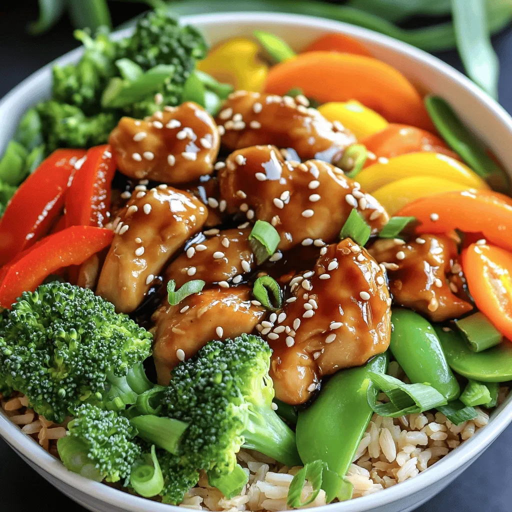 - 2 large chicken breasts, cut into bite-sized pieces - 1 cup broccoli florets (fresh or frozen) - 1 cup bell peppers, sliced (choose between red, yellow, or orange for a vibrant look) - 1 cup snap peas, trimmed - 2 cups cooked brown rice (or substitute with quinoa for a twist) - ¼ cup low-sodium soy sauce - 2 tablespoons honey (preferably raw for extra flavor) - 1 tablespoon sesame oil (adds a nutty aroma) - 1 tablespoon rice vinegar (can use apple cider vinegar in a pinch) - 2 garlic cloves, minced (fresh for a more intense flavor) - 1 teaspoon fresh ginger, minced (or ½ teaspoon ginger powder) - 1 tablespoon cornstarch mixed with 2 tablespoons water (for thickening the sauce) - Sesame seeds - Green onions In this recipe, each ingredient plays an important role. The chicken gives protein and flavor. The vegetables add color and crunch. The sauce combines sweet and savory notes, making every bite exciting. I love using fresh veggies, as they bring life to the dish. You can also swap in your favorites! For the garnishes, sesame seeds and green onions add a nice touch. They make the bowl look fancy and add extra flavor. For the full recipe, check this out: [Full Recipe]. - In a medium bowl, mix together the following: - ¼ cup low-sodium soy sauce - 2 tablespoons honey - 1 tablespoon sesame oil - 1 tablespoon rice vinegar - 2 minced garlic cloves - 1 teaspoon minced ginger - Whisk until the honey dissolves. Set the sauce aside for later use. - Heat a teaspoon of oil in a large skillet over medium-high heat. - Add the chicken pieces and sauté for 5-7 minutes. Cook until they are golden and fully cooked. - Remove the chicken from the skillet and keep it warm on a plate. - Without rinsing the skillet, add the broccoli, bell peppers, and snap peas. - Stir-fry the vegetables for about 3-4 minutes. This will keep them tender-crisp and colorful. - Return the cooked chicken to the skillet with the vegetables. - Pour the prepared teriyaki sauce over everything. Stir gently to coat all the ingredients. - Add the cornstarch mixture and stir continuously for 2-3 minutes. This will thicken the sauce nicely. - Place a scoop of cooked brown rice in each bowl. - Top with the teriyaki chicken and veggies. - Garnish with toasted sesame seeds and sliced green onions for extra flavor. - For a great look, arrange everything artfully and serve with chopsticks. For the full recipe, check out the complete instructions. - Achieving the right texture for chicken: Start with fresh chicken breasts. Cut them into even, bite-sized pieces. This helps them cook evenly. Sauté them over medium-high heat until golden brown. This gives a nice crust while keeping the inside juicy. Don't crowd the pan; cook in batches if needed. - Preventing vegetables from overcooking: Add vegetables to the skillet after you cook the chicken. Stir-fry them quickly for 3 to 4 minutes. This keeps them crisp and colorful. Broccoli, bell peppers, and snap peas work great. Remove them from the heat when they are tender-crisp. - How to store teriyaki chicken bowls safely: Let the bowls cool down before storing them. Use airtight containers. This keeps the food fresh for up to 3 days in the fridge. Label the containers with the date for easy reference. - Reheating suggestions: When ready to eat, reheat the chicken bowls in the microwave. Use a microwave-safe dish and cover it to keep moisture in. Heat for 1 to 2 minutes or until hot. You can also reheat in a skillet over medium heat. Add a splash of water to keep it from drying out. Enjoy your flavorful teriyaki chicken bowls from the fridge! {{image_4}} You can easily make a tasty teriyaki bowl without chicken. Just swap in tofu for a great protein. Firm tofu works best. Start by pressing the tofu to remove extra moisture. Then, cut it into cubes and sauté until it’s golden. You can also make a vegetable-only teriyaki bowl. Use a mix of your favorite veggies like carrots, mushrooms, and zucchini. Stir-fry these until they are tender. This option is colorful and full of flavor. If you need a gluten-free option, choose gluten-free soy sauce. Look for brands that are clearly labeled. You can also use tamari, which is naturally gluten-free. For your rice, stick with brown rice or quinoa. Both give a nice texture and taste. When picking veggies, be sure they are fresh and free from any gluten-containing sauces. Get creative and try regional twists! For a Mexican flair, add black beans and corn. Top with avocado slices for creaminess. If you want a Thai taste, mix in some basil and lime juice. For a Mediterranean vibe, use olives and feta cheese. Each of these variations brings unique flavors to your teriyaki bowl. Experiment with different ingredients to find your favorite combination. A serving of teriyaki chicken bowls has about 500 calories. Here’s how the calories break down: - Protein: 30 grams - Carbohydrates: 60 grams - Fats: 15 grams This dish packs a good balance of nutrients. The chicken provides protein for muscle repair and growth. The brown rice adds fiber and energy, while the vegetables offer vitamins and minerals. Chicken is a great source of lean protein. It helps build and repair tissues. It also contributes to strong bones and muscles. Vegetables like broccoli and bell peppers are rich in vitamins A and C. They boost your immune system and promote healthy skin. Brown rice stands out for its health benefits. It’s whole grain, so it has more fiber than white rice. This helps with digestion and keeps you full longer. Plus, it has essential minerals like magnesium, which helps with energy production. Serve Teriyaki Chicken Bowls in a deep bowl. This allows for a lovely presentation. I recommend pairing them with: - Steamed edamame for added protein. - Crispy seaweed snacks for crunch. - A side of pickled vegetables for a tangy kick. You can also serve them with extra soy sauce on the side. This way, everyone can add more flavor if they want. Yes, you can prepare Teriyaki Chicken Bowls ahead of time. This is great for meal prepping. Here are some tips: - Cook the chicken and veggies, then cool them before storing. - Keep the rice separate to prevent it from getting soggy. - Store everything in airtight containers in the fridge. You can enjoy them within three days. Just reheat in the microwave before serving. To change the sweetness of the sauce, you have options. If you want it sweeter: - Add more honey or a touch of maple syrup. - Try a splash of orange juice for a fruity twist. If you prefer it less sweet: - Reduce the amount of honey you use. - Add a bit more soy sauce for a saltier taste. Taste the sauce as you go. Adjust until it suits your preference. Here are some mistakes to watch out for: - Don’t overcook the chicken. It should be juicy and tender. - Avoid boiling the vegetables too long. They need to stay crisp. - Make sure to mix the cornstarch well with water. This avoids lumps in the sauce. Following these tips will help you make the perfect Teriyaki Chicken Bowls every time. Enjoy your cooking journey! Teriyaki chicken bowls are a simple and tasty meal. We covered the main ingredients, like chicken and vegetables, and how to make a flavorful sauce. I shared tips for perfect cooking and storage. You learned about variations, including vegetarian and gluten-free options. Remember, balance the flavors and make it your own. Whether for a weeknight dinner or meal prep, these bowls suit many tastes. Enjoy creating your perfect teriyaki chicken bowl!