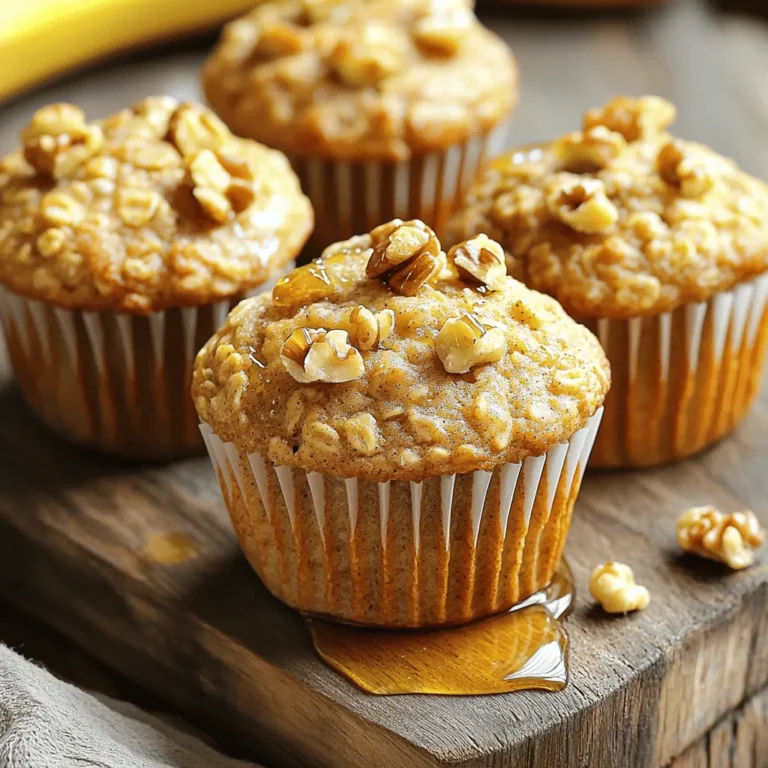 For my delicious banana oatmeal muffins, you'll need some simple and wholesome ingredients. Here’s the list: - 2 ripe bananas, thoroughly mashed - 1 cup rolled oats - 1 cup whole wheat flour - 1/3 cup honey or maple syrup - 2 large eggs, beaten - 1/2 cup almond milk (or your preferred milk type) - 1 teaspoon baking powder - 1/2 teaspoon baking soda - 1 teaspoon ground cinnamon - 1/4 teaspoon sea salt - 1/2 cup chopped walnuts or semi-sweet chocolate chips (optional but recommended) These ingredients blend well together. The ripe bananas add natural sweetness. Rolled oats give the muffins a hearty texture. Whole wheat flour makes them filling and healthy. You can choose honey or maple syrup based on your taste. Eggs bind everything nicely, while almond milk keeps them moist. Baking powder and baking soda help them rise. Cinnamon adds warmth and spice, and sea salt balances the flavors. You can mix in walnuts or chocolate chips for extra crunch or sweetness. This recipe is easy to customize. You can swap ingredients based on your diet or what you have at home. Check out the Full Recipe for more details on how to make them. Start by preheating your oven to 350°F (175°C). This step is key for even baking. Prepare a muffin tin with liners or grease it well to stop sticking. This will make your muffin experience much better. In a big bowl, combine your mashed bananas and honey or maple syrup. Mix them well until smooth. This sweetness is what makes the muffins yummy. Next, add in the beaten eggs and almond milk. Whisk gently to blend everything. This creates a moist base for the muffins. In another bowl, sift together the rolled oats, whole wheat flour, baking powder, baking soda, cinnamon, and salt. Sifting helps to break up lumps and ensures even mixing. These dry ingredients give the muffins their structure and flavor. Now, gradually fold the dry ingredients into the wet mixture. Stir gently until just combined. Be careful not to overmix! This keeps your muffins light and fluffy. If you want, fold in some chopped walnuts or chocolate chips. They add a nice crunch and extra flavor. Use a spoon or ice cream scoop to distribute the batter into your muffin cups. Fill them about three-quarters full for the best rise. Place the muffin tin in your preheated oven and bake for 18-20 minutes. To check if they are done, insert a toothpick into the center of a muffin; it should come out clean. Once baked, let the muffins cool in the pan for about 5 minutes. Then, transfer them to a wire rack to cool completely. Enjoy your delicious banana oatmeal muffins! You can find the full recipe above. Do not overmix your batter. Mixing too much makes muffins tough. Stir gently until the dry and wet mix just blend. This helps keep the muffins light and fluffy. Bake your muffins for 18 to 20 minutes. Check with a toothpick; it should come out clean when done. Serve your muffins warm for the best taste. For a nice touch, add a spread of almond butter on top. Drizzle honey over them for a sweet glaze. These simple toppings make them even more delicious. If your muffins sink, check your oven temperature. A hot oven can cause them to rise too fast. If they are too dense, try not to add too much flour. Use the right amount and mix carefully. This will help you get the perfect muffin texture. For the full recipe, visit [Full Recipe]. {{image_4}} To make these muffins fit your needs, you can try gluten-free options. You can replace whole wheat flour with a gluten-free flour mix. This keeps the texture light and fluffy. If you want vegan alternatives, swap the eggs for flax eggs. Mix one tablespoon of flaxseed meal with three tablespoons of water. Let it sit for five minutes. This will help bind the muffins together without using eggs. You can add spices like nutmeg or vanilla to boost flavor. A pinch of nutmeg gives a warm, earthy taste. A splash of vanilla adds sweetness and richness. These tweaks make the muffins even more delightful. Different mix-ins can also change the taste. Try adding dried fruits like cranberries or apricots. Nuts like pecans or almonds are great too. These additions bring new textures and flavors to each bite. Using seasonal fruits can make the muffins special. In summer, add fresh blueberries or strawberries. In the fall, you can include chopped apples or pears. Each fruit will give a unique twist to your banana oatmeal muffins. By experimenting with these variations, you can find the perfect version that suits your taste. For the full recipe, check out our complete guide. To keep your banana oatmeal muffins fresh, store them in an airtight container. You can leave them at room temperature for up to two days. If you want them to last longer, put them in the fridge. This helps to keep the muffins moist. Just remember to let them cool completely before sealing. Freezing muffins is a great way to save them for later. Wrap each muffin in plastic wrap, then place them in a freezer bag. This prevents freezer burn and keeps them tasty. To defrost, just take one muffin out and let it sit at room temperature for about an hour. You can also microwave it for 15-30 seconds if you want it warm quickly. At room temperature, your muffins will stay good for about two days. In the fridge, they can last up to a week. If you freeze them, they can stay fresh for about three months. This makes banana oatmeal muffins a smart choice for meal prep. You can enjoy them for breakfast or a snack anytime you want. For the full recipe, check out the link above. You can replace eggs with flaxseed meal. Mix 1 tablespoon of flaxseed meal with 3 tablespoons of water. Let it sit for 5 minutes to thicken. This acts as a good binder. You can also use unsweetened applesauce. Use 1/4 cup for each egg. Both options keep the muffins moist and tasty. Yes, you can use quick oats. They will give your muffins a slightly different texture. Quick oats absorb moisture faster. This can make your muffins softer. If you want a chewier texture, stick with rolled oats. You can use agave nectar or brown sugar. If you want a sugar-free option, try mashed dates. Blend them with a little water to make a paste. This will sweeten your muffins naturally. Insert a toothpick into the center of a muffin. If it comes out clean, they are done. The tops should be golden brown and spring back when lightly pressed. This shows they are baked through. Yes, adding yogurt is a great idea! It makes muffins moist and adds a slight tang. Use about 1/2 cup of plain yogurt. You can mix it into the wet ingredients. It enhances flavor and texture. You can find the full recipe for these delicious banana oatmeal muffins including yogurt tips. You learned how to make delicious banana oatmeal muffins with simple ingredients. I shared tips on texture, serving ideas, and variations for different diets. These muffins are easy to prepare and perfect for any occasion. Try different mix-ins and flavors to keep things fun. Always remember to store them properly to maintain freshness. Enjoy baking these tasty treats, and share them with friends or family! Your kitchen will smell amazing, and you’ll create lasting memories.