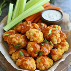 - Cauliflower florets - All-purpose flour or chickpea flour - Plant-based milk - Garlic powder - Onion powder - Smoked paprika - Buffalo sauce options - Vegan butter - Celery sticks - Carrot sticks - Vegan ranch dressing To create the perfect Vegan Cauliflower Buffalo Wings, start with the main ingredients. You will need a large head of cauliflower. Break it into bite-sized florets. You can use all-purpose flour or chickpea flour for a gluten-free option. For the wet mixture, plant-based milk works best. Almond or soy milk are great choices. Next, let’s talk about seasoning and sauce. Garlic powder, onion powder, and smoked paprika add depth. You have options for buffalo sauce. You can buy it or make your own. To finish, add melted vegan butter for richness. For serving, you need fresh celery sticks and carrot sticks. These crunchy veggies balance the heat. A side of vegan ranch dressing makes the dish even better. This combination is perfect for dipping and cooling the spice. If you want the full recipe, check out the complete guide. Enjoy crafting this delicious snack! 1. Preheat the oven and prepare the baking sheet: Start by setting your oven to 450°F (232°C). Line a baking sheet with parchment paper. This prevents sticking and makes cleanup easy. 2. Prepare the cauliflower florets: Take a large head of cauliflower and cut it into bite-sized florets. Aim for uniform pieces. This helps them cook evenly. 1. Combine dry ingredients: In a big mixing bowl, add 1 cup of all-purpose flour (or chickpea flour for gluten-free). Then, add 1 teaspoon of garlic powder, 1 teaspoon of onion powder, 1 teaspoon of smoked paprika, 1 teaspoon of salt, and 1/2 teaspoon of black pepper. Mix these dry ingredients well. 2. Whisk in plant-based milk: Pour in 1 cup of plant-based milk, like almond or soy. Whisk the mixture until it is smooth and free of lumps. You want a thick batter that clings to the cauliflower. 1. Coat the cauliflower in the batter: Take each cauliflower floret and dip it into your batter. Ensure each piece gets a good coating. Shake off any extra batter before placing them on the baking sheet. Arrange them in a single layer. 2. Initial baking and flipping process: Place your baking sheet in the oven. Bake the cauliflower wings for 25-30 minutes. Halfway through, flip the florets. This helps them get crispy and golden on all sides. 3. Preparing the buffalo sauce: While the wings bake, mix 1 cup of buffalo sauce with 2 tablespoons of melted vegan butter in a small bowl. Stir until well combined. This sauce will add that spicy kick to your wings. For the complete cooking experience, refer to the Full Recipe. Enjoy making these tasty vegan buffalo wings! To get that perfect crunch, set your oven to 450°F (232°C). This high heat helps the wings cook quickly and become crispy. Bake them for 25-30 minutes. Halfway through, flip the florets to ensure they crisp up evenly. Spacing is key. Place the cauliflower wings in a single layer on the baking sheet. If they are too close, they will steam instead of crisp. Leave some space between each piece for the hot air to flow around them. Want to kick up the flavor? Add some spices like cayenne pepper or smoked paprika. You can also try a dash of cumin for a unique twist. These small changes can make a big difference in taste. For a homemade buffalo sauce, mix 1 cup of hot sauce with 2 tablespoons of melted vegan butter. Stir until smooth. You can adjust the heat by adding more or less hot sauce, depending on your taste. Presentation matters! Arrange the wings on a large platter, and garnish with fresh parsley or extra carrot sticks. Serve the vegan ranch dressing in a small bowl at the center. This makes it easy for guests to dip their wings. For the best experience, pair these wings with celery sticks and carrot sticks. They add a nice crunch and freshness. Plus, they help cool down the heat from the wings. Enjoy this spicy snack with friends or family! {{image_4}} If you want a gluten-free version, use chickpea flour. It gives a nice texture and flavor. You can also try other gluten-free flours, like rice flour or almond flour. These will work well too. For breading, you can opt for crushed cornflakes or gluten-free panko. Both options add a crunchy layer to your wings. Just mix them with your seasonings for a tasty twist. You can spice up your buffalo wings! Add cayenne pepper or chili powder for extra heat. You can also try different hot sauces, like sriracha or harissa. Each sauce gives a unique kick. If buffalo sauce isn’t your thing, explore other flavors. BBQ sauce works great, or use teriyaki for a sweet twist. Toss the cauliflower in your choice of sauce for a new experience. For a quicker method, use an air fryer. Preheat it to 400°F (200°C). Place the coated cauliflower in a single layer. Cook for about 15 minutes, shaking the basket halfway through. If you prefer stovetop frying, heat oil in a pan. Cook the cauliflower in batches until golden brown. This method gives a nice crispy texture. Just be careful with the hot oil! To keep your Vegan Cauliflower Buffalo Wings fresh, follow these tips: - Allow the wings to cool completely before storing. - Use an airtight container to prevent moisture. - Place parchment paper between layers if stacking. - Store in the fridge for up to 3 days. When it's time to enjoy your wings again, choose your method: - Oven: Preheat to 350°F (175°C). Bake wings for about 10-15 minutes. - Microwave: Heat on a microwave-safe plate for 30-60 seconds. To keep them crispy, use the oven method. You can save wings for later! Here's how: - Place cooled wings in a single layer on a baking sheet. - Freeze until solid, then transfer to an airtight container. - For best taste, use within 2 months. To enjoy, thaw in the fridge overnight and reheat in the oven. For the full recipe, check out the complete guide. Yes, you can prep these wings ahead of time. To do this, follow these tips: - Make the batter and coat the cauliflower florets. - Place the coated florets on a baking sheet and cover with plastic wrap. - Store in the fridge for up to 24 hours before baking. - Bake right before serving for a fresh and crispy treat. If you want to switch things up, here are some great substitutes: - Barbecue sauce offers a sweet and tangy flavor. - Hot sauce mixed with vegan butter gives a spicy kick. - Teriyaki sauce provides a sweet and salty twist. - Experiment with your favorite sauces for a personal touch. There are easy ways to add heat to your buffalo wings: - Use hot sauce with a higher Scoville rating. - Add cayenne pepper or crushed red pepper flakes to the batter. - Toss the wings in a spicy chili sauce after baking. - Serve with a spicy dip for extra heat. For a tasty presentation, consider these suggestions: - Serve with fresh celery and carrot sticks on the side. - Pair with vegan ranch dressing for dipping. - Garnish the platter with fresh parsley for color. - Add lemon wedges for a fresh zing. Yes, you can use frozen cauliflower. Here’s what to keep in mind: - Thaw the cauliflower completely before coating it. - Pat it dry to remove excess moisture for better crispiness. - The cooking time may vary slightly, so check for doneness. - Fresh cauliflower provides a firmer texture, but frozen works well too. For the full recipe, visit [Full Recipe]. In this post, I covered how to make tasty vegan cauliflower buffalo wings. We started with the main ingredients, including cauliflower, flour, and spices. Then, I provided step-by-step instructions, from prepping the cauliflower to achieving the perfect bake. I shared tips for keeping them crispy and suggestions for serving. You can even make gluten-free or spicy versions! Enjoy experimenting with these wings. With different flavors and cooking methods, you can truly make them your own.