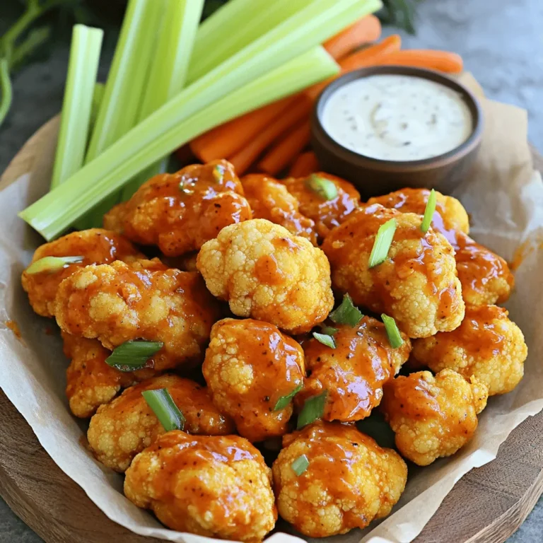 - Cauliflower florets - All-purpose flour or chickpea flour - Plant-based milk - Garlic powder - Onion powder - Smoked paprika - Buffalo sauce options - Vegan butter - Celery sticks - Carrot sticks - Vegan ranch dressing To create the perfect Vegan Cauliflower Buffalo Wings, start with the main ingredients. You will need a large head of cauliflower. Break it into bite-sized florets. You can use all-purpose flour or chickpea flour for a gluten-free option. For the wet mixture, plant-based milk works best. Almond or soy milk are great choices. Next, let’s talk about seasoning and sauce. Garlic powder, onion powder, and smoked paprika add depth. You have options for buffalo sauce. You can buy it or make your own. To finish, add melted vegan butter for richness. For serving, you need fresh celery sticks and carrot sticks. These crunchy veggies balance the heat. A side of vegan ranch dressing makes the dish even better. This combination is perfect for dipping and cooling the spice. If you want the full recipe, check out the complete guide. Enjoy crafting this delicious snack! 1. Preheat the oven and prepare the baking sheet: Start by setting your oven to 450°F (232°C). Line a baking sheet with parchment paper. This prevents sticking and makes cleanup easy. 2. Prepare the cauliflower florets: Take a large head of cauliflower and cut it into bite-sized florets. Aim for uniform pieces. This helps them cook evenly. 1. Combine dry ingredients: In a big mixing bowl, add 1 cup of all-purpose flour (or chickpea flour for gluten-free). Then, add 1 teaspoon of garlic powder, 1 teaspoon of onion powder, 1 teaspoon of smoked paprika, 1 teaspoon of salt, and 1/2 teaspoon of black pepper. Mix these dry ingredients well. 2. Whisk in plant-based milk: Pour in 1 cup of plant-based milk, like almond or soy. Whisk the mixture until it is smooth and free of lumps. You want a thick batter that clings to the cauliflower. 1. Coat the cauliflower in the batter: Take each cauliflower floret and dip it into your batter. Ensure each piece gets a good coating. Shake off any extra batter before placing them on the baking sheet. Arrange them in a single layer. 2. Initial baking and flipping process: Place your baking sheet in the oven. Bake the cauliflower wings for 25-30 minutes. Halfway through, flip the florets. This helps them get crispy and golden on all sides. 3. Preparing the buffalo sauce: While the wings bake, mix 1 cup of buffalo sauce with 2 tablespoons of melted vegan butter in a small bowl. Stir until well combined. This sauce will add that spicy kick to your wings. For the complete cooking experience, refer to the Full Recipe. Enjoy making these tasty vegan buffalo wings! To get that perfect crunch, set your oven to 450°F (232°C). This high heat helps the wings cook quickly and become crispy. Bake them for 25-30 minutes. Halfway through, flip the florets to ensure they crisp up evenly. Spacing is key. Place the cauliflower wings in a single layer on the baking sheet. If they are too close, they will steam instead of crisp. Leave some space between each piece for the hot air to flow around them. Want to kick up the flavor? Add some spices like cayenne pepper or smoked paprika. You can also try a dash of cumin for a unique twist. These small changes can make a big difference in taste. For a homemade buffalo sauce, mix 1 cup of hot sauce with 2 tablespoons of melted vegan butter. Stir until smooth. You can adjust the heat by adding more or less hot sauce, depending on your taste. Presentation matters! Arrange the wings on a large platter, and garnish with fresh parsley or extra carrot sticks. Serve the vegan ranch dressing in a small bowl at the center. This makes it easy for guests to dip their wings. For the best experience, pair these wings with celery sticks and carrot sticks. They add a nice crunch and freshness. Plus, they help cool down the heat from the wings. Enjoy this spicy snack with friends or family! {{image_4}} If you want a gluten-free version, use chickpea flour. It gives a nice texture and flavor. You can also try other gluten-free flours, like rice flour or almond flour. These will work well too. For breading, you can opt for crushed cornflakes or gluten-free panko. Both options add a crunchy layer to your wings. Just mix them with your seasonings for a tasty twist. You can spice up your buffalo wings! Add cayenne pepper or chili powder for extra heat. You can also try different hot sauces, like sriracha or harissa. Each sauce gives a unique kick. If buffalo sauce isn’t your thing, explore other flavors. BBQ sauce works great, or use teriyaki for a sweet twist. Toss the cauliflower in your choice of sauce for a new experience. For a quicker method, use an air fryer. Preheat it to 400°F (200°C). Place the coated cauliflower in a single layer. Cook for about 15 minutes, shaking the basket halfway through. If you prefer stovetop frying, heat oil in a pan. Cook the cauliflower in batches until golden brown. This method gives a nice crispy texture. Just be careful with the hot oil! To keep your Vegan Cauliflower Buffalo Wings fresh, follow these tips: - Allow the wings to cool completely before storing. - Use an airtight container to prevent moisture. - Place parchment paper between layers if stacking. - Store in the fridge for up to 3 days. When it's time to enjoy your wings again, choose your method: - Oven: Preheat to 350°F (175°C). Bake wings for about 10-15 minutes. - Microwave: Heat on a microwave-safe plate for 30-60 seconds. To keep them crispy, use the oven method. You can save wings for later! Here's how: - Place cooled wings in a single layer on a baking sheet. - Freeze until solid, then transfer to an airtight container. - For best taste, use within 2 months. To enjoy, thaw in the fridge overnight and reheat in the oven. For the full recipe, check out the complete guide. Yes, you can prep these wings ahead of time. To do this, follow these tips: - Make the batter and coat the cauliflower florets. - Place the coated florets on a baking sheet and cover with plastic wrap. - Store in the fridge for up to 24 hours before baking. - Bake right before serving for a fresh and crispy treat. If you want to switch things up, here are some great substitutes: - Barbecue sauce offers a sweet and tangy flavor. - Hot sauce mixed with vegan butter gives a spicy kick. - Teriyaki sauce provides a sweet and salty twist. - Experiment with your favorite sauces for a personal touch. There are easy ways to add heat to your buffalo wings: - Use hot sauce with a higher Scoville rating. - Add cayenne pepper or crushed red pepper flakes to the batter. - Toss the wings in a spicy chili sauce after baking. - Serve with a spicy dip for extra heat. For a tasty presentation, consider these suggestions: - Serve with fresh celery and carrot sticks on the side. - Pair with vegan ranch dressing for dipping. - Garnish the platter with fresh parsley for color. - Add lemon wedges for a fresh zing. Yes, you can use frozen cauliflower. Here’s what to keep in mind: - Thaw the cauliflower completely before coating it. - Pat it dry to remove excess moisture for better crispiness. - The cooking time may vary slightly, so check for doneness. - Fresh cauliflower provides a firmer texture, but frozen works well too. For the full recipe, visit [Full Recipe]. In this post, I covered how to make tasty vegan cauliflower buffalo wings. We started with the main ingredients, including cauliflower, flour, and spices. Then, I provided step-by-step instructions, from prepping the cauliflower to achieving the perfect bake. I shared tips for keeping them crispy and suggestions for serving. You can even make gluten-free or spicy versions! Enjoy experimenting with these wings. With different flavors and cooking methods, you can truly make them your own.