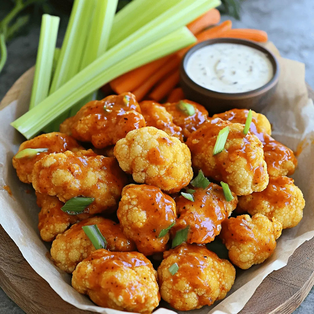 - Cauliflower florets - All-purpose flour or chickpea flour - Plant-based milk - Garlic powder - Onion powder - Smoked paprika - Buffalo sauce options - Vegan butter - Celery sticks - Carrot sticks - Vegan ranch dressing To create the perfect Vegan Cauliflower Buffalo Wings, start with the main ingredients. You will need a large head of cauliflower. Break it into bite-sized florets. You can use all-purpose flour or chickpea flour for a gluten-free option. For the wet mixture, plant-based milk works best. Almond or soy milk are great choices. Next, let’s talk about seasoning and sauce. Garlic powder, onion powder, and smoked paprika add depth. You have options for buffalo sauce. You can buy it or make your own. To finish, add melted vegan butter for richness. For serving, you need fresh celery sticks and carrot sticks. These crunchy veggies balance the heat. A side of vegan ranch dressing makes the dish even better. This combination is perfect for dipping and cooling the spice. If you want the full recipe, check out the complete guide. Enjoy crafting this delicious snack! 1. Preheat the oven and prepare the baking sheet: Start by setting your oven to 450°F (232°C). Line a baking sheet with parchment paper. This prevents sticking and makes cleanup easy. 2. Prepare the cauliflower florets: Take a large head of cauliflower and cut it into bite-sized florets. Aim for uniform pieces. This helps them cook evenly. 1. Combine dry ingredients: In a big mixing bowl, add 1 cup of all-purpose flour (or chickpea flour for gluten-free). Then, add 1 teaspoon of garlic powder, 1 teaspoon of onion powder, 1 teaspoon of smoked paprika, 1 teaspoon of salt, and 1/2 teaspoon of black pepper. Mix these dry ingredients well. 2. Whisk in plant-based milk: Pour in 1 cup of plant-based milk, like almond or soy. Whisk the mixture until it is smooth and free of lumps. You want a thick batter that clings to the cauliflower. 1. Coat the cauliflower in the batter: Take each cauliflower floret and dip it into your batter. Ensure each piece gets a good coating. Shake off any extra batter before placing them on the baking sheet. Arrange them in a single layer. 2. Initial baking and flipping process: Place your baking sheet in the oven. Bake the cauliflower wings for 25-30 minutes. Halfway through, flip the florets. This helps them get crispy and golden on all sides. 3. Preparing the buffalo sauce: While the wings bake, mix 1 cup of buffalo sauce with 2 tablespoons of melted vegan butter in a small bowl. Stir until well combined. This sauce will add that spicy kick to your wings. For the complete cooking experience, refer to the Full Recipe. Enjoy making these tasty vegan buffalo wings! To get that perfect crunch, set your oven to 450°F (232°C). This high heat helps the wings cook quickly and become crispy. Bake them for 25-30 minutes. Halfway through, flip the florets to ensure they crisp up evenly. Spacing is key. Place the cauliflower wings in a single layer on the baking sheet. If they are too close, they will steam instead of crisp. Leave some space between each piece for the hot air to flow around them. Want to kick up the flavor? Add some spices like cayenne pepper or smoked paprika. You can also try a dash of cumin for a unique twist. These small changes can make a big difference in taste. For a homemade buffalo sauce, mix 1 cup of hot sauce with 2 tablespoons of melted vegan butter. Stir until smooth. You can adjust the heat by adding more or less hot sauce, depending on your taste. Presentation matters! Arrange the wings on a large platter, and garnish with fresh parsley or extra carrot sticks. Serve the vegan ranch dressing in a small bowl at the center. This makes it easy for guests to dip their wings. For the best experience, pair these wings with celery sticks and carrot sticks. They add a nice crunch and freshness. Plus, they help cool down the heat from the wings. Enjoy this spicy snack with friends or family! {{image_4}} If you want a gluten-free version, use chickpea flour. It gives a nice texture and flavor. You can also try other gluten-free flours, like rice flour or almond flour. These will work well too. For breading, you can opt for crushed cornflakes or gluten-free panko. Both options add a crunchy layer to your wings. Just mix them with your seasonings for a tasty twist. You can spice up your buffalo wings! Add cayenne pepper or chili powder for extra heat. You can also try different hot sauces, like sriracha or harissa. Each sauce gives a unique kick. If buffalo sauce isn’t your thing, explore other flavors. BBQ sauce works great, or use teriyaki for a sweet twist. Toss the cauliflower in your choice of sauce for a new experience. For a quicker method, use an air fryer. Preheat it to 400°F (200°C). Place the coated cauliflower in a single layer. Cook for about 15 minutes, shaking the basket halfway through. If you prefer stovetop frying, heat oil in a pan. Cook the cauliflower in batches until golden brown. This method gives a nice crispy texture. Just be careful with the hot oil! To keep your Vegan Cauliflower Buffalo Wings fresh, follow these tips: - Allow the wings to cool completely before storing. - Use an airtight container to prevent moisture. - Place parchment paper between layers if stacking. - Store in the fridge for up to 3 days. When it's time to enjoy your wings again, choose your method: - Oven: Preheat to 350°F (175°C). Bake wings for about 10-15 minutes. - Microwave: Heat on a microwave-safe plate for 30-60 seconds. To keep them crispy, use the oven method. You can save wings for later! Here's how: - Place cooled wings in a single layer on a baking sheet. - Freeze until solid, then transfer to an airtight container. - For best taste, use within 2 months. To enjoy, thaw in the fridge overnight and reheat in the oven. For the full recipe, check out the complete guide. Yes, you can prep these wings ahead of time. To do this, follow these tips: - Make the batter and coat the cauliflower florets. - Place the coated florets on a baking sheet and cover with plastic wrap. - Store in the fridge for up to 24 hours before baking. - Bake right before serving for a fresh and crispy treat. If you want to switch things up, here are some great substitutes: - Barbecue sauce offers a sweet and tangy flavor. - Hot sauce mixed with vegan butter gives a spicy kick. - Teriyaki sauce provides a sweet and salty twist. - Experiment with your favorite sauces for a personal touch. There are easy ways to add heat to your buffalo wings: - Use hot sauce with a higher Scoville rating. - Add cayenne pepper or crushed red pepper flakes to the batter. - Toss the wings in a spicy chili sauce after baking. - Serve with a spicy dip for extra heat. For a tasty presentation, consider these suggestions: - Serve with fresh celery and carrot sticks on the side. - Pair with vegan ranch dressing for dipping. - Garnish the platter with fresh parsley for color. - Add lemon wedges for a fresh zing. Yes, you can use frozen cauliflower. Here’s what to keep in mind: - Thaw the cauliflower completely before coating it. - Pat it dry to remove excess moisture for better crispiness. - The cooking time may vary slightly, so check for doneness. - Fresh cauliflower provides a firmer texture, but frozen works well too. For the full recipe, visit [Full Recipe]. In this post, I covered how to make tasty vegan cauliflower buffalo wings. We started with the main ingredients, including cauliflower, flour, and spices. Then, I provided step-by-step instructions, from prepping the cauliflower to achieving the perfect bake. I shared tips for keeping them crispy and suggestions for serving. You can even make gluten-free or spicy versions! Enjoy experimenting with these wings. With different flavors and cooking methods, you can truly make them your own.