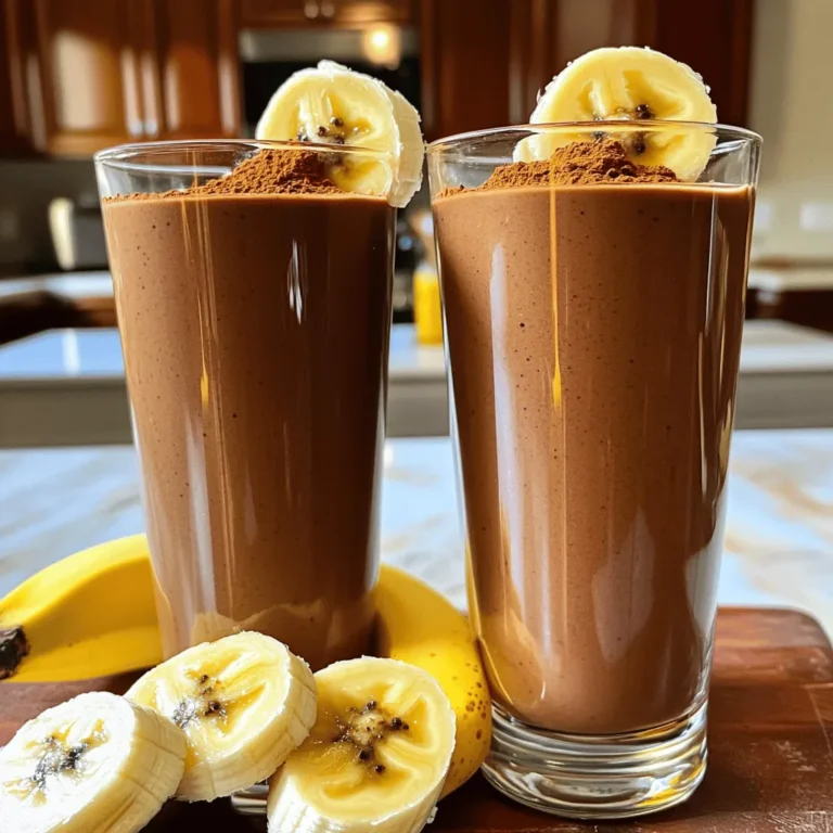- Ripe bananas - Unsweetened almond milk - Raw cocoa powder - Honey or maple syrup - Peanut butter or almond butter - Pure vanilla extract - Ground cinnamon - Ice cubes (optional) To make a great Chocolate Banana Smoothie, you need a few simple ingredients. Start with ripe bananas. They add natural sweetness and make the smoothie creamy. I always choose bananas that have a few brown spots. They taste sweeter and blend better. Next, grab unsweetened almond milk. It gives a nice creamy base without too many calories. If you prefer, you can choose any milk you like, such as oat or soy milk. Now, let’s add raw cocoa powder. This ingredient gives the smoothie its chocolate flavor. I use two tablespoons for a rich taste. If you want it sweeter, you can add honey or maple syrup. Start with one tablespoon and adjust it to your taste. For a nutty flavor, pick either peanut butter or almond butter. Just one tablespoon adds creaminess and protein. Don’t forget the pure vanilla extract! It enhances all the flavors. A teaspoon is enough. Lastly, a pinch of ground cinnamon gives warmth and depth. And if you want a colder, thicker drink, add ice cubes. You can use a handful or skip them based on your preference. With these ingredients in hand, you're ready to make a delicious Chocolate Banana Smoothie. For a detailed guide, check the Full Recipe. To make a delightful chocolate banana smoothie, follow these easy steps. - Start by peeling and preparing the bananas. Take two ripe bananas and peel them. Break the bananas into smaller chunks. This helps them blend well. - Blend the banana chunks with the remaining ingredients. In a blender, add the banana pieces. Pour in one cup of unsweetened almond milk. Next, add two tablespoons of raw cocoa powder. This gives the smoothie its rich chocolate taste. Then, include one tablespoon of honey or maple syrup. This sweetens the mix. Add one tablespoon of peanut butter or almond butter for a nutty flavor. Don't forget one teaspoon of pure vanilla extract. Finally, sprinkle in a pinch of ground cinnamon for warmth. - Adjust sweetness and blend again if needed. Blend all the ingredients on high speed. Stop to scrape down the sides of the blender if needed. Taste the smoothie when it looks creamy. If it needs more sweetness, add a bit more honey or maple syrup. Blend again to mix it well. - Serve immediately and enjoy. Pour the smoothie into two chilled glasses. You can garnish it with cocoa powder or a banana slice for fun. Enjoy this creamy treat right away for the best taste! For the full recipe, check out the section above. Choosing ripe bananas helps create a sweet taste. Look for bananas with brown spots. These spots show that the fruit is sweet and ready to use. Next, select the right milk alternative for your smoothie. Unsweetened almond milk is a great choice. It adds creaminess without added sugar. You can also use oat milk or coconut milk. Each option gives a different flavor. Blending time is key for a smooth texture. Blend your smoothie until it is creamy and free of lumps. This usually takes about 30 to 60 seconds. If you stop early, your smoothie may feel chunky. One common mistake is overloading the blender. If you add too many ingredients, it may not blend well. Stick to the recipe amounts for the best results. Not tasting before serving is another pitfall. Always take a quick sip to check sweetness. You can easily adjust it by adding more honey or maple syrup. Lastly, skipping the ice can leave your smoothie warm. Ice cubes help create a colder and thicker drink. Add a handful for a refreshing twist in every sip. For the full recipe for this Chocolate Banana Bliss Smoothie, check out the earlier section! {{image_4}} You can easily change up your chocolate banana smoothie. Here are some tasty ideas: - Adding spinach or kale: This adds a green twist. You won't taste the greens, but you’ll get extra nutrients. - Incorporating other fruits: Try adding strawberries, cherries, or even mango. Each fruit adds a new flavor to your smoothie. - Using flavored protein powders: If you want more protein, try chocolate or vanilla protein powder. This makes your smoothie even creamier. You can also make your smoothie fit different diets: - Making it vegan: Use plant-based sweeteners like agave syrup instead of honey. This keeps it sweet without animal products. - Nut-free alternatives: If you have nut allergies, swap nut butter for sunflower seed butter. It will still taste great without the nuts. To keep your chocolate banana smoothie fresh, use airtight containers. This helps seal in the taste and texture. If you store it in the fridge, it will last for up to 24 hours. After that, it may lose some creaminess. If you want to save some for later, you can freeze it. Pour the smoothie into ice cube trays or freezer-safe bags. This way, you can enjoy it later. Frozen smoothies can last up to three months in the freezer. To thaw a frozen smoothie, place it in the fridge overnight. You can also leave it on the counter for a few hours. If you need it faster, use the microwave. Heat it in short bursts until it softens. When you are ready to drink it, blend again. This helps mix the ingredients and restore the creamy texture. If it’s too thick, add a splash of milk and blend again. Enjoy your smooth and tasty treat! A chocolate banana smoothie lasts about 1 day in the fridge. After that, it may separate or lose its taste. I suggest you drink it fresh for the best flavor. If you need to store it, use a tight lid to keep it fresh longer. Yes, you can make this smoothie ahead of time. However, I recommend you drink it fresh. If you make it early, store it in the fridge. Just remember that it may not taste as good after a few hours. You can add many things for extra nutrition. Here are some options: - Spinach for iron and vitamins - Chia seeds for fiber and omega-3s - Greek yogurt for protein - Oats for added fiber and fullness These add-ins make your smoothie even healthier and tastier. Yes, you can make this smoothie without a blender. Use a fork to mash the bananas until smooth. Then, mix the other ingredients in a bowl. You can also use a whisk to blend everything well. It takes more effort, but it works! You have many great milk options for this recipe. Some good choices are: - Almond milk for a nutty flavor - Oat milk for creaminess - Coconut milk for a tropical twist - Soy milk for added protein Choose your favorite for the best taste! For the full recipe, check the list above. You learned how to make a delicious chocolate banana smoothie. You know the essential ingredients, like ripe bananas and almond milk. You also have clear steps for blending and tips to avoid common mistakes. Remember to be creative with flavors and adjust for dietary needs. Store any leftovers properly to enjoy later. This smoothie is fun and easy for everyone. Enjoy your tasty treat and share it with friends!