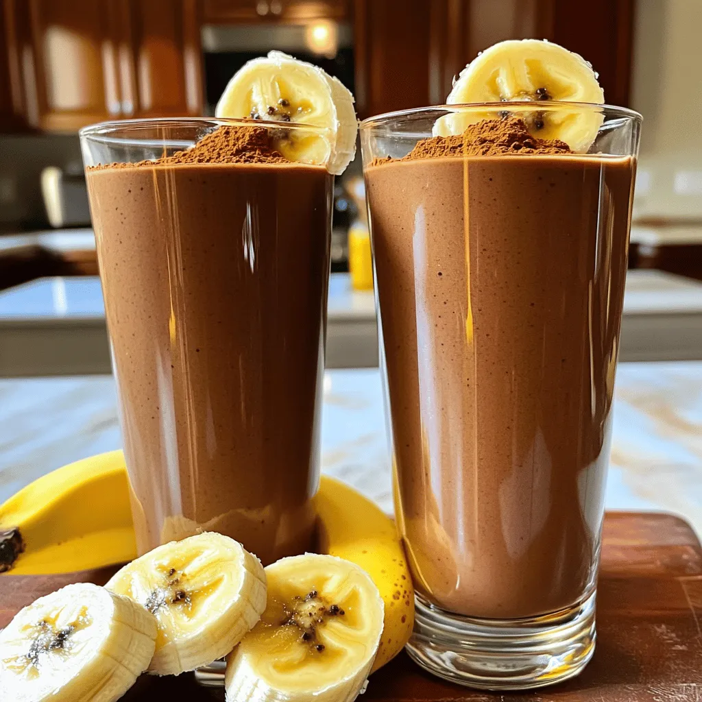 - Ripe bananas - Unsweetened almond milk - Raw cocoa powder - Honey or maple syrup - Peanut butter or almond butter - Pure vanilla extract - Ground cinnamon - Ice cubes (optional) To make a great Chocolate Banana Smoothie, you need a few simple ingredients. Start with ripe bananas. They add natural sweetness and make the smoothie creamy. I always choose bananas that have a few brown spots. They taste sweeter and blend better. Next, grab unsweetened almond milk. It gives a nice creamy base without too many calories. If you prefer, you can choose any milk you like, such as oat or soy milk. Now, let’s add raw cocoa powder. This ingredient gives the smoothie its chocolate flavor. I use two tablespoons for a rich taste. If you want it sweeter, you can add honey or maple syrup. Start with one tablespoon and adjust it to your taste. For a nutty flavor, pick either peanut butter or almond butter. Just one tablespoon adds creaminess and protein. Don’t forget the pure vanilla extract! It enhances all the flavors. A teaspoon is enough. Lastly, a pinch of ground cinnamon gives warmth and depth. And if you want a colder, thicker drink, add ice cubes. You can use a handful or skip them based on your preference. With these ingredients in hand, you're ready to make a delicious Chocolate Banana Smoothie. For a detailed guide, check the Full Recipe. To make a delightful chocolate banana smoothie, follow these easy steps. - Start by peeling and preparing the bananas. Take two ripe bananas and peel them. Break the bananas into smaller chunks. This helps them blend well. - Blend the banana chunks with the remaining ingredients. In a blender, add the banana pieces. Pour in one cup of unsweetened almond milk. Next, add two tablespoons of raw cocoa powder. This gives the smoothie its rich chocolate taste. Then, include one tablespoon of honey or maple syrup. This sweetens the mix. Add one tablespoon of peanut butter or almond butter for a nutty flavor. Don't forget one teaspoon of pure vanilla extract. Finally, sprinkle in a pinch of ground cinnamon for warmth. - Adjust sweetness and blend again if needed. Blend all the ingredients on high speed. Stop to scrape down the sides of the blender if needed. Taste the smoothie when it looks creamy. If it needs more sweetness, add a bit more honey or maple syrup. Blend again to mix it well. - Serve immediately and enjoy. Pour the smoothie into two chilled glasses. You can garnish it with cocoa powder or a banana slice for fun. Enjoy this creamy treat right away for the best taste! For the full recipe, check out the section above. Choosing ripe bananas helps create a sweet taste. Look for bananas with brown spots. These spots show that the fruit is sweet and ready to use. Next, select the right milk alternative for your smoothie. Unsweetened almond milk is a great choice. It adds creaminess without added sugar. You can also use oat milk or coconut milk. Each option gives a different flavor. Blending time is key for a smooth texture. Blend your smoothie until it is creamy and free of lumps. This usually takes about 30 to 60 seconds. If you stop early, your smoothie may feel chunky. One common mistake is overloading the blender. If you add too many ingredients, it may not blend well. Stick to the recipe amounts for the best results. Not tasting before serving is another pitfall. Always take a quick sip to check sweetness. You can easily adjust it by adding more honey or maple syrup. Lastly, skipping the ice can leave your smoothie warm. Ice cubes help create a colder and thicker drink. Add a handful for a refreshing twist in every sip. For the full recipe for this Chocolate Banana Bliss Smoothie, check out the earlier section! {{image_4}} You can easily change up your chocolate banana smoothie. Here are some tasty ideas: - Adding spinach or kale: This adds a green twist. You won't taste the greens, but you’ll get extra nutrients. - Incorporating other fruits: Try adding strawberries, cherries, or even mango. Each fruit adds a new flavor to your smoothie. - Using flavored protein powders: If you want more protein, try chocolate or vanilla protein powder. This makes your smoothie even creamier. You can also make your smoothie fit different diets: - Making it vegan: Use plant-based sweeteners like agave syrup instead of honey. This keeps it sweet without animal products. - Nut-free alternatives: If you have nut allergies, swap nut butter for sunflower seed butter. It will still taste great without the nuts. To keep your chocolate banana smoothie fresh, use airtight containers. This helps seal in the taste and texture. If you store it in the fridge, it will last for up to 24 hours. After that, it may lose some creaminess. If you want to save some for later, you can freeze it. Pour the smoothie into ice cube trays or freezer-safe bags. This way, you can enjoy it later. Frozen smoothies can last up to three months in the freezer. To thaw a frozen smoothie, place it in the fridge overnight. You can also leave it on the counter for a few hours. If you need it faster, use the microwave. Heat it in short bursts until it softens. When you are ready to drink it, blend again. This helps mix the ingredients and restore the creamy texture. If it’s too thick, add a splash of milk and blend again. Enjoy your smooth and tasty treat! A chocolate banana smoothie lasts about 1 day in the fridge. After that, it may separate or lose its taste. I suggest you drink it fresh for the best flavor. If you need to store it, use a tight lid to keep it fresh longer. Yes, you can make this smoothie ahead of time. However, I recommend you drink it fresh. If you make it early, store it in the fridge. Just remember that it may not taste as good after a few hours. You can add many things for extra nutrition. Here are some options: - Spinach for iron and vitamins - Chia seeds for fiber and omega-3s - Greek yogurt for protein - Oats for added fiber and fullness These add-ins make your smoothie even healthier and tastier. Yes, you can make this smoothie without a blender. Use a fork to mash the bananas until smooth. Then, mix the other ingredients in a bowl. You can also use a whisk to blend everything well. It takes more effort, but it works! You have many great milk options for this recipe. Some good choices are: - Almond milk for a nutty flavor - Oat milk for creaminess - Coconut milk for a tropical twist - Soy milk for added protein Choose your favorite for the best taste! For the full recipe, check the list above. You learned how to make a delicious chocolate banana smoothie. You know the essential ingredients, like ripe bananas and almond milk. You also have clear steps for blending and tips to avoid common mistakes. Remember to be creative with flavors and adjust for dietary needs. Store any leftovers properly to enjoy later. This smoothie is fun and easy for everyone. Enjoy your tasty treat and share it with friends!