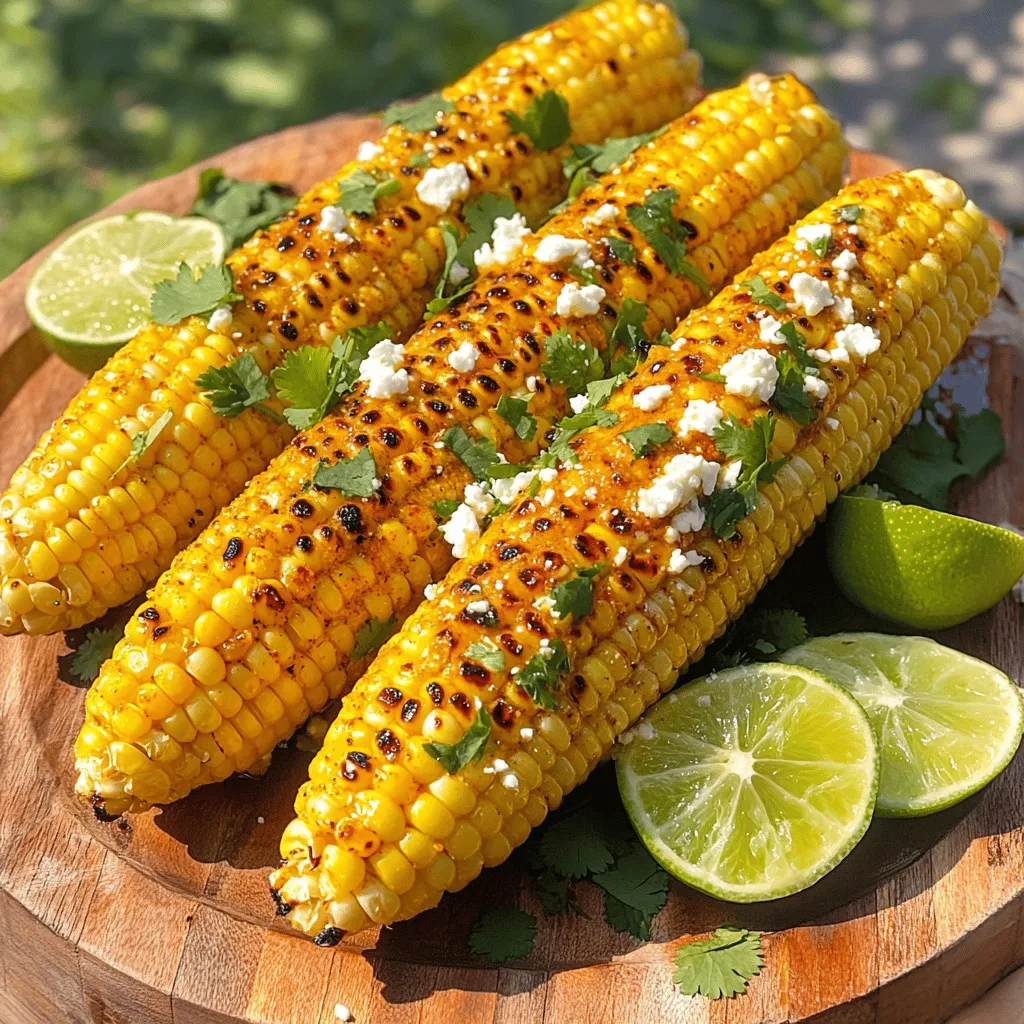- 4 ears of fresh corn, husked - 2 tablespoons extra virgin olive oil - 1 teaspoon chili powder - 1/2 teaspoon smoked paprika - Juice from 2 fresh limes - 1/4 cup crumbled feta cheese or cotija cheese - Fresh cilantro, chopped, for garnish - Salt and freshly ground black pepper, to taste To make Chili Lime Grilled Corn, you need the best ingredients. Start with fresh corn. Look for ears with bright green husks. They should feel firm and heavy. This means they are sweet and juicy. Next, gather your seasoning and marinade ingredients. Extra virgin olive oil adds richness. Chili powder gives it heat. The smoked paprika adds a nice depth. Fresh lime juice adds a zesty kick. You want to balance the flavors well. Finally, choose your cheese and garnish. Feta or cotija cheese brings creaminess. Fresh cilantro adds color and flavor. You can adjust these toppings based on your taste. For a full recipe, check the details above. Enjoy making this tasty side dish! Start by preheating your grill to medium-high heat. Aim for about 400°F (204°C). This temperature helps to sear the corn well. While the grill heats, make sure to keep safety in mind. Always use long-handled tools to avoid burns. Keep a spray bottle of water nearby in case of flare-ups. Next, it’s time to prepare the corn. First, remove the husks and silk from the ears of corn. This is important for a clean grill experience. Rinse the corn under cold water to wash off any dirt. This step ensures your corn is ready for the grill and will taste fresh. Now, let's make the marinade. In a small bowl, combine 2 tablespoons of olive oil, 1 teaspoon of chili powder, 1/2 teaspoon of smoked paprika, and the juice from 2 fresh limes. Add a pinch of salt and pepper to taste. Whisk it all together until mixed well. Use a basting brush to coat each ear of corn with the marinade. Make sure every side is covered to get that full flavor. Once the corn is marinated, place it directly on the grill. Grill the corn for about 10 to 12 minutes. Turn the corn every few minutes. This helps achieve even charring on all sides. You want it to be tender with a nice char. After grilling, carefully take the corn off the grill. For the finishing touch, sprinkle some crumbled feta or cotija cheese over the corn while it’s still hot. This lets the cheese melt slightly. Drizzle any leftover marinade on top and add fresh chopped cilantro for a burst of color and flavor. For the full recipe, check out the details above. Enjoy your delicious Chili Lime Grilled Corn! To make your chili lime grilled corn even better, consider adding spices like cumin or garlic powder. These spices bring a warm, savory note that complements the corn well. If you want more heat, add cayenne pepper or diced jalapeños. Adjust the chili powder based on your taste. Less for a mild flavor or more for a spicy kick. Using the right tools can help you grill corn with ease. A basting brush is perfect for applying the marinade. A grill basket keeps the corn secure and makes flipping easy. Avoid common mistakes like cooking on too high heat. This can burn the corn before it cooks through. Turn the ears every few minutes for even cooking. For an eye-catching presentation, serve the grilled corn on a rustic wooden platter. This adds a nice touch to your table. Place lime wedges around the corn for a pop of color. You can also sprinkle extra cilantro on top for a fresh look. Pair it with grilled meats or salads to create a complete meal. Enjoy the vibrant flavors and visual appeal of this summer side dish with these tips! For the full recipe, check out the complete guide. {{image_4}} You can easily change the cheese in this dish. If you want a vegan option, try using a plant-based feta. It gives a similar taste without dairy. For a twist, you can also use goat cheese. It adds a nice tang. You can also switch up herbs and spices. Instead of cilantro, try fresh parsley or green onions. If you want more heat, add jalapeño or cayenne pepper to the marinade. For a sweeter note, sprinkle some chili flakes or smoked paprika. No grill? No problem! You can roast corn in the oven. Wrap the corn in foil and bake it at 400°F (204°C) for 25-30 minutes. This method keeps the corn juicy and tender. Another way is to use a stovetop grill pan. Heat the pan over medium-high heat and grill the corn for about 10 minutes. Turn it often for even cooking. If you choose to roast corn in the husk, soak it in water for 30 minutes. This keeps the corn moist while cooking. Just make sure to remove the silk before grilling. Chili lime grilled corn pairs well with many dishes. Serve it alongside grilled chicken or fish for a complete meal. It also goes great with summer salads, like a fresh tomato salad or a cucumber salad. For drinks, a cold beer or a zesty lemonade complements the corn's flavors. If you prefer wine, try a light white wine like Sauvignon Blanc. It enhances the meal without overpowering it. Don't forget to check out the Full Recipe to get all the details on this tasty dish! To store grilled corn, let it cool first. This helps keep moisture in check. Wrap each ear in plastic wrap or foil. You can also place them in an airtight container. This method keeps the corn fresh for up to three days. Refrigerate the corn right after it cools down. If you have leftover marinade, store it in a separate container. It can last for a week in the fridge. Reheating corn can keep it tasty and fresh. The best way is to use a grill. Heat the grill to medium. Grill the corn for about 5 minutes, turning it often. This keeps the flavor and texture just right. If you don't have a grill, use a microwave. Place the corn on a plate and cover it with a damp paper towel. Heat it on high for about 1-2 minutes. Check to see if it's warm enough. You can also use the oven. Preheat it to 350°F (175°C). Wrap the corn in foil and heat for 10-15 minutes. This way, the corn stays soft and moist. For easy preparation, you can follow the Full Recipe for additional tips. How long do you grill corn for maximum flavor? Grill the corn for about 10-12 minutes. Turn it every few minutes. This helps it char evenly. You want that perfect blend of sweetness and smokiness. Can I use frozen corn for this recipe? Frozen corn works, but fresh corn shines here. If using frozen, thaw it first. Then, grill it just until warm. You may miss some flavor, but it can still taste good. What should I do if my corn is overcooked? If your corn is overcooked, don’t panic. You can slice the kernels off and add them to salads or salsas. This way, you still enjoy the corn’s flavor without its tough texture. How to fix bland flavors in marinated corn? To fix bland flavors, add more lime juice or salt. You can also sprinkle extra chili powder. This will boost the taste and give it a nice kick. Can I add other toppings, and what are some suggestions? Yes, you can add many toppings! Try avocado, diced tomatoes, or jalapeños for heat. You can also use different cheeses like queso fresco or Parmesan. Is there a way to make this dish spicier? To make it spicier, add cayenne pepper or red pepper flakes to your marinade. You can also sprinkle hot sauce over the corn before serving. Enjoy the heat! Grilled corn is a tasty treat that shines with great flavors. We covered the ingredients, preparation, and grilling steps to make it easy. I shared tips to enhance its taste and ways to present it beautifully. You learned about variations and storage to enjoy leftovers. Try these ideas on your next cookout. With a few tweaks, you’ll impress your friends and family with tasty grilled corn. Enjoy this simple and delicious dish!