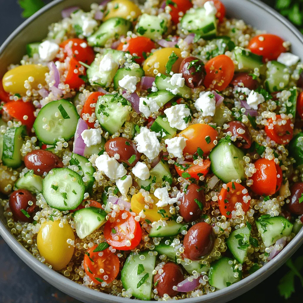 - Quinoa and Base Ingredients - 1 cup quinoa, thoroughly rinsed - 2 cups vegetable broth (or water) - Fresh Vegetables - 1 medium cucumber, diced into small pieces - 1 cup cherry tomatoes, halved - 1/2 medium red onion, finely chopped - 1 medium red bell pepper, diced - 1/4 cup Kalamata olives, pitted and sliced - Dressing and Seasoning - 3 tablespoons extra virgin olive oil - 2 tablespoons freshly squeezed lemon juice - 1 teaspoon dried oregano - Salt and freshly ground black pepper to taste - Feta and Garnishes - 1/2 cup feta cheese, crumbled - 1/4 cup fresh parsley, finely chopped Gathering the right ingredients makes cooking easy and fun. Start with the quinoa, which is the base of this dish. Rinse it well to remove any bitterness. Next, choose fresh vegetables that add color and crunch. The cucumber and cherry tomatoes bring freshness. The red onion and bell pepper add a sweet crunch. Kalamata olives add a briny taste that contrasts nicely with the other veggies. For the dressing, olive oil and lemon juice are key. They add a rich and zesty flavor. The oregano gives a hint of earthiness. Finally, the feta cheese adds creaminess and saltiness. Fresh parsley adds a pop of color and bright flavor. You can find the full recipe in the recipe section. Enjoy! To begin, rinse 1 cup of quinoa under cold water. This step removes any bitterness. In a medium-sized saucepan, add the rinsed quinoa and 2 cups of vegetable broth or water. Place it over medium-high heat. Bring the mixture to a boil. Once it boils, lower the heat. Cover the pot and let it simmer for about 15 minutes. The quinoa should absorb the liquid and look fluffy when done. After cooking, remove the pot from heat. Let the quinoa cool for a few minutes. Use a fork to fluff the quinoa gently. This helps separate the grains and keeps it light. In a large mixing bowl, add the chopped vegetables. Use 1 medium cucumber, diced into small pieces, 1 cup of halved cherry tomatoes, 1/2 medium red onion, finely chopped, and 1 medium red bell pepper, diced. Also, include 1/4 cup of sliced Kalamata olives. Mix gently to combine everything evenly. Once the quinoa is cool, add it to the bowl with the vegetables. This step makes sure all those great flavors blend together. In a small bowl, whisk together 3 tablespoons of extra virgin olive oil, 2 tablespoons of freshly squeezed lemon juice, and 1 teaspoon of dried oregano. Add a pinch of salt and black pepper. Whisk until the dressing is well mixed. Drizzle the dressing over the quinoa and vegetable mix. Carefully toss everything together. Make sure not to mash the quinoa or break the vegetables. You want to keep it fresh and vibrant. Now, gently fold in 1/2 cup of crumbled feta cheese and 1/4 cup of finely chopped parsley. Mix lightly to ensure even distribution. Taste the salad and adjust the seasoning if needed. You can add more salt, pepper, or lemon juice to your liking. You can find the full recipe above to help guide you through each step. - Avoiding Mushiness To keep quinoa fluffy, rinse it well before cooking. Use a fine mesh strainer to remove the saponins, which can make it bitter. Cook quinoa in a 2:1 liquid-to-quinoa ratio. Avoid overcooking; once the water is absorbed, remove it from heat. - Fluffing Techniques After cooking, let it sit covered for five minutes. Then, use a fork to fluff the quinoa gently. This separates the grains and gives it a light texture. Avoid stirring too harshly, as this can make it mushy. - Adjusting Seasoning Taste the salad before serving. Adjust salt, pepper, and lemon juice as needed. This helps elevate the flavors of the ingredients. A little more seasoning can make a big difference. - Additional Flavor Boosters Add a teaspoon of garlic powder or a sprinkle of red pepper flakes for extra flavor. Fresh herbs like dill or basil can also enhance the taste. Experiment with these additions to find your favorite mix. - Serving Tips Serve the salad in a large, shallow bowl. This allows guests to see the colorful layers of ingredients. You can also use a platter for a more casual look. - Garnishing Ideas Top the salad with extra crumbled feta and a sprinkle of fresh parsley. For a pop of color, add lemon wedges on the side. Drizzle a bit of olive oil just before serving for a glossy finish. This makes your salad not just tasty but also beautiful. {{image_4}} Alternative Vegetables You can mix and match the veggies in your salad. Try adding: - Zucchini, diced - Carrots, shredded - Spinach or arugula for greens - Peas for a sweet crunch Each swap brings a new taste and texture. Experiment to find your favorite blend. Different Cheese Options Feta adds a nice tang, but feel free to swap it out. Good alternatives are: - Goat cheese for creaminess - Mozzarella for a milder flavor - Parmesan for a deeper taste Choose based on what you like or have on hand. Adding Herbs and Spices Herbs can bring fresh flavors to your salad. Try adding: - Fresh basil for a sweet note - Cilantro for a bright taste - Mint for a refreshing twist You can also use spices like cumin or smoked paprika for added depth. Incorporating Proteins Want to make it a full meal? Add some protein. Great options include: - Grilled chicken for heartiness - Chickpeas for a plant-based protein - Shrimp for a seafood twist These additions turn your salad into a satisfying dish. You can find the full recipe to start creating your perfect mix. To keep your savory quinoa salad fresh, store it in the fridge. Use a tight lid. This will help keep out air and moisture. The salad lasts about 3 to 4 days. Make sure to check for any signs of spoilage before eating. If you want to save it longer, freeze the salad. However, avoid freezing feta cheese, as it can change texture. To freeze, place the salad in a safe freezer bag. Remove as much air as possible before sealing. You can freeze it for up to 2 months. To keep your quinoa salad crisp, store the dressing separately. Add it only when you are ready to serve. This keeps the veggies crunchy. For extra freshness, use fresh herbs like parsley right before serving. This will enhance the flavor and look of your dish. For the full recipe and more details, check out the savory quinoa salad with feta. Yes, you can make this salad ahead of time. It tastes great when chilled. Just prepare it and store it in the fridge. This way, the flavors blend well. I enjoy making it a day before serving. The salad lasts about three to four days in the fridge. Keep it in an airtight container. If you notice the veggies getting soft, it’s time to toss it. Freshness is key for the best taste. This salad pairs well with grilled chicken or fish. You can also serve it with crusty bread. It complements roasted vegetables and dips, like hummus. A light soup also makes a nice side. Yes, this recipe is naturally gluten-free. Quinoa is a gluten-free grain. You can enjoy this salad without any worries about gluten. Just ensure your other ingredients are also gluten-free. For meal prep, divide the salad into single-serving containers. Add the dressing separately to keep it fresh. You can swap in different veggies based on your taste. Try adding beans for extra protein. For the full recipe, check the link. This blog post shared how to make a delicious quinoa salad. You learned about the key ingredients, like fresh veggies and dressing. I outlined step-by-step instructions for cooking and mixing everything together. I also offered tips to improve texture and flavor. You can add swaps or variations to make it your own. With proper storage tips, you can keep it fresh for days. Try these ideas, and enjoy creating your best salad!