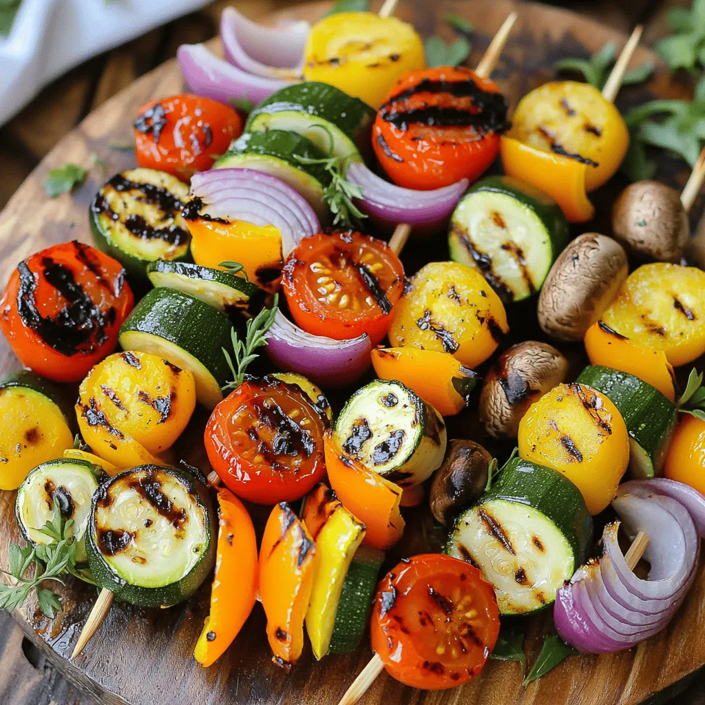 - Zucchini - Bell pepper - Red onion - Cherry tomatoes - Mushrooms - Marinade ingredients: olive oil, balsamic vinegar, dried oregano, garlic powder - Seasonings: salt and pepper - Skewer options: wooden and metal For this recipe, you will need a mix of fresh vegetables. I love using zucchini, bell pepper, red onion, cherry tomatoes, and mushrooms. They all grill well and taste great together. Next, let’s talk about the marinade. You will need extra virgin olive oil and balsamic vinegar as the base. Add dried oregano and garlic powder for flavor. Don't forget salt and pepper to enhance the taste. When it comes to skewers, you have two options: wooden or metal. If you pick wooden skewers, soak them in water for 30 minutes. This step prevents burning on the grill. With these ingredients ready, you're all set to create a colorful and tasty dish. You can find the full recipe for grilled vegetable skewers in the next section. To start, gather the key ingredients for your marinade. You need: - 2 tablespoons extra virgin olive oil - 2 tablespoons balsamic vinegar - 1 teaspoon dried oregano - 1 teaspoon garlic powder - Salt and freshly ground black pepper, to taste Combine the olive oil, balsamic vinegar, oregano, garlic powder, and seasonings in a large bowl. Whisk them together until they blend well. This marinade adds rich flavor to the vegetables. Marinating time is key. Let the vegetables soak in the marinade for 15 to 20 minutes. This allows the flavors to meld and enhances the taste. Next, choose your vegetables. I like to use: - 1 medium zucchini, sliced into ½-inch rounds - 1 bell pepper (red or yellow), cut into 1-inch chunks - 1 medium red onion, cut into wedges - 1 cup cherry tomatoes, whole - 1 cup mushrooms, whole or halved Add the sliced zucchini, bell pepper, onion, tomatoes, and mushrooms to the bowl with the marinade. Gently toss them until they are well coated. The marinade helps lock in moisture while grilling. It also gives your skewers a burst of flavor. Preheat your grill to medium-high heat. Aim for about 400°F or 200°C. This step is crucial for cooking the skewers evenly. While the grill heats, thread the marinated vegetables onto the skewers. Alternate the vegetables to make them more colorful and appealing. Once the grill is ready, place the skewers on the grill. Cook them for about 10 to 12 minutes. Turn them every few minutes. This ensures they cook evenly and develop those beautiful grill marks. After cooking, let them rest briefly before serving. Enjoy your delicious grilled vegetable skewers! For the complete recipe, check the Full Recipe section. When making grilled vegetable skewers, choose fresh seasonal veggies. Seasonal options taste best and are easier to find. For example, summer brings zucchini, bell peppers, and tomatoes. These veggies not only taste great, but they also look colorful on your skewers. A mix of colors makes your dish pop and is more inviting. To make your skewers, alternate the veggies. This method helps them cook evenly. Start with a mushroom, add a bell pepper, then a cherry tomato. Repeat this pattern for a nice look. Make sure to push the veggies close together but not too tight. This way, they stay on the skewer and get enough heat. Grilling time is crucial for the perfect texture. Grill the skewers for about 10-12 minutes. Turn them every few minutes to avoid burning. This method gives you those beautiful grill marks. Keep an eye on the temperature, too. Medium-high heat works best, around 400°F (200°C). This heat cooks the veggies well without drying them out. {{image_4}} For vegan skewers, swap out any non-vegan ingredients. Use only plant-based items. You can add tofu or tempeh for protein. These options bring a nice texture and flavor. Tofu absorbs marinades well, making it a great choice. Tempeh has a hearty flavor, adding depth to your dish. To ensure your skewers are gluten-free, check all labels. Use gluten-free sauces and marinades. Tamari is a great alternative to soy sauce. It gives a nice taste without gluten. You can also make your own marinades easily. Just use olive oil, lemon juice, and herbs. Try fresh herbs like basil or thyme for extra flavor. These herbs boost the taste of your veggies. Add spices like cumin or smoked paprika for a twist. They can change the whole profile of your dish. For dipping, consider tzatziki or hummus. They pair well and add creaminess. Check the Full Recipe for more ideas on how to enhance your grilled vegetable skewers! For storing your grilled vegetable skewers, I recommend using airtight containers. Glass or plastic containers with tight seals work best. This keeps the flavors locked in and prevents moisture loss. You can keep them in the fridge for about 3 to 5 days. If you notice any off smells or changes in texture, it’s best to toss them. To reheat your skewers, the oven is my favorite method. Preheat it to 350°F (175°C). Place the skewers on a baking sheet and cover them with foil. Heat them for about 10-15 minutes. This method keeps them from becoming soggy. You can also reheat them on a skillet over medium heat. Just make sure to turn them often for even warmth. Yes, you can freeze grilled vegetable skewers! To do this, let them cool completely first. Then, place them in a single layer on a baking sheet. Freeze them for a few hours until solid. After that, transfer them to freezer bags. They can last up to 3 months in the freezer. When ready to eat, thaw them in the fridge overnight and reheat as mentioned above. You can easily make these skewers in your oven or on the stovetop. For oven-roasting, preheat your oven to 425°F (220°C). Place the skewers on a baking sheet. Roast them for 20-25 minutes, turning halfway through. For stovetop cooking, use a grill pan. Heat the pan over medium-high heat, and cook the skewers for about 10-12 minutes. Turn them often to get even cooking. Some favorites include zucchini, bell peppers, onions, mushrooms, and cherry tomatoes. Zucchini and bell peppers add great flavor and color. Red onions become sweet and tender when grilled. Mushrooms soak up the marinade well. Cherry tomatoes burst with juices, making every bite tasty. Use a mix of these veggies for fun and flavor. Yes, you can prepare the marinade ahead. Combine olive oil, balsamic vinegar, oregano, and garlic powder in a jar. Seal it and store it in your fridge. This step saves time and helps the flavors develop. Just remember to shake it well before using, so it mixes nicely. Soak wooden skewers for at least 30 minutes before grilling. This step is key to preventing them from burning. If you skip this, the skewers may char and break apart. Soaking also helps them hold moisture, leading to better grilling. Grilled vegetable skewers are easy and tasty. Start by gathering fresh veggies like zucchini and bell peppers. Marinate them in olive oil and balsamic vinegar for great flavor. Grill until tender with nice marks. You can customize with different vegetables and sauces to match your taste. Store leftovers properly, and enjoy them later. With simple steps and tips, you'll impress your friends and family. Now, go fire up that grill and create delicious skewers!