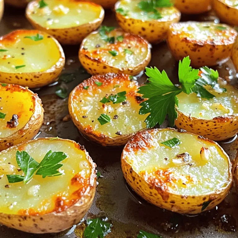 - 2 pounds baby potatoes - 4 tablespoons extra virgin olive oil - 6 cloves garlic, finely minced - 1 teaspoon dried rosemary - 1 teaspoon smoked paprika - Sea salt and freshly cracked black pepper - Fresh parsley, chopped The base of crispy garlic roasted potatoes uses simple and fresh ingredients. Baby potatoes work best because they are small and tender. Their natural sweetness shines when roasted. The extra virgin olive oil adds richness and crispiness. Garlic, minced finely, brings a strong flavor. Seasonings are key to enhancing the dish. Dried rosemary gives a warm, herbal note. Smoked paprika adds a subtle smokiness that complements the garlic. Sea salt and freshly cracked black pepper elevate all the flavors. For garnish, chopped parsley adds freshness and color. It makes the dish look bright and inviting. This combination creates a flavorful side dish that pairs well with many meals. The full recipe will guide you through the steps to make this delicious dish at home. First, set your oven to 425°F (220°C). This high heat helps the potatoes get crispy. A hot oven is key for roasting. Take 2 pounds of halved baby potatoes in a large bowl. Drizzle 4 tablespoons of extra virgin olive oil over them. Add 6 finely minced garlic cloves, 1 teaspoon of dried rosemary, and 1 teaspoon of smoked paprika. Sprinkle sea salt and freshly cracked black pepper for taste. Mix well. Make sure every potato gets the tasty coating. Grab a large baking sheet and line it with parchment paper. Spread the seasoned potatoes in a single layer. Leave space between each potato. This allows them to cook evenly and get crispy. Put the baking sheet in the oven and roast the potatoes for 25-30 minutes. Halfway through, turn the potatoes over. This helps them brown nicely and become crispy all around. When the potatoes turn golden brown, take them out of the oven. Let them cool for about 5 minutes. Just before serving, sprinkle chopped fresh parsley on top. This adds color and freshness. You can find the Full Recipe for more details on cooking these delicious potatoes! To get those crispy garlic roasted potatoes just right, temperature matters. Preheat your oven to 425°F (220°C). This hot oven makes the outside crisp while the inside stays soft. Air circulation is also key. Space the potatoes well on the baking sheet. If they touch, they will steam instead of crisp. Want to up the flavor game? Try adding lemon zest. It brings a bright twist that pairs well with garlic. When it comes to herbs, fresh is best. Fresh rosemary or parsley can add a burst of flavor. If you use dried herbs, remember to use less. They are stronger than fresh ones. Use a sturdy baking sheet for roasting. A heavy sheet helps prevent warping in the hot oven. Parchment paper is a must for easy cleanup and prevents sticking. For best results, use a large mixing bowl to coat the potatoes well. This ensures every bite is packed with flavor. For the full recipe, check out the detailed steps provided earlier. {{image_4}} You don’t have to stick to baby potatoes. You can use Yukon Gold, red potatoes, or even fingerlings. Each type has its own taste and texture. For instance, Yukon Gold has a creamy feel, while red potatoes are waxy and hold their shape well. Using different potatoes can change the dish's flavor and texture. If you want a more earthy taste, try using purple potatoes. They add a fun color and a unique flavor. To make crispy garlic roasted potatoes even better, you can add cheese or spices. For a spicy twist, sprinkle cayenne pepper on top. This adds heat and depth. You can also mix in some grated Parmesan or cheddar cheese. This will give a rich, savory flavor. If you want fresh herbs, try thyme or chives instead of rosemary. These herbs will change the taste and offer a new experience. Crispy garlic roasted potatoes pair well with many main dishes. They go great with grilled chicken or steak. You can also serve them alongside roasted veggies for a full meal. For dips, garlic aioli or a yogurt-based dip is perfect. You can even try a spicy salsa for a zesty kick. These options will make your meal even more enjoyable. For the complete recipe, check out the [Full Recipe]. To keep your crispy garlic roasted potatoes fresh, use an airtight container. Glass or plastic containers work well. Store them in the fridge for up to four days. Place a paper towel inside to absorb moisture. This helps keep them crisp longer. Avoid stacking them on top of each other to prevent sogginess. To restore the crispiness of your potatoes, use the oven. Preheat it to 400°F (200°C). Spread the potatoes on a baking sheet. Heat them for about 10-15 minutes. Turn them halfway to ensure even crisping. This method keeps them crunchy while warming them through. You can also use an air fryer for a quick reheat. Set it to 375°F (190°C) for about 5-7 minutes. Yes, you can freeze roasted potatoes. However, they may lose some crispiness. To freeze, let them cool completely. Place them in a single layer on a baking sheet and freeze for about one hour. Once frozen, transfer them to a freezer-safe bag. Remove as much air as possible. For reheating, bake them from frozen at 425°F (220°C) for 25-30 minutes until heated through. Enjoy your crispy garlic roasted potatoes any time! You can find the Full Recipe above. To make your roasted potatoes crispy, use a few key techniques: - High Heat: Always roast at a high temperature, like 425°F (220°C). - Space Them Out: Arrange potatoes in a single layer. Give them room to breathe. - Flip Halfway: Turn the potatoes halfway through cooking. This helps them brown evenly. - Use Oil Wisely: Coat your potatoes well with olive oil. This promotes crispiness. These tips ensure you achieve that perfect crunch we all love in crispy garlic roasted potatoes. Yes, you can use other types of potatoes. Here are some good options: - Yukon Gold: These potatoes have a buttery flavor and creamy texture. - Red Potatoes: They hold their shape well and have a slightly sweet taste. - Russet Potatoes: These are starchy and yield a fluffy inside. Each type of potato brings its own unique taste and texture to crispy garlic roasted potatoes, so feel free to experiment. Crispy garlic roasted potatoes pair well with many main dishes. Here are some great options: - Grilled Chicken: The crispiness of the potatoes complements juicy chicken perfectly. - Steak: The hearty flavors of steak match the rich garlic notes. - Roasted Vegetables: Pairing with other veggies creates a colorful plate. You can also serve them with a garlic aioli or yogurt dip for an extra flavor kick. Check out the Full Recipe for more serving ideas! In this blog post, we explored how to make crispy garlic roasted potatoes. We covered essential ingredients, step-by-step instructions, and tips for perfecting flavors. Different variations and storage methods help you get the most out of your dish. Enjoy experimenting with seasonings and serving choices. Remember, a great potato dish adds joy to any meal. You can impress family and friends with ease. Now get cooking and enjoy your delicious creation!