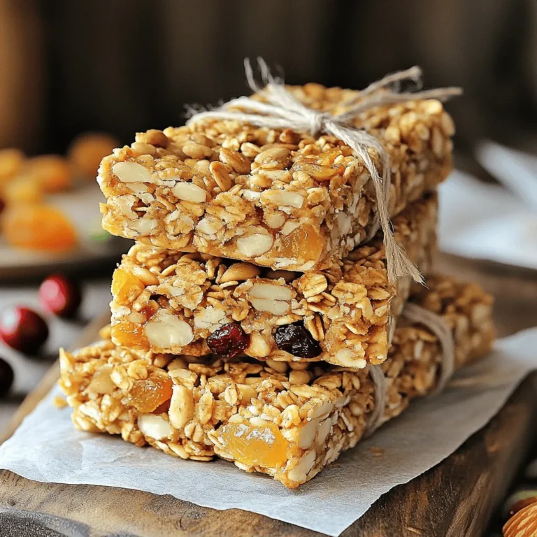 To make tasty and nutritious homemade granola bars, you need the right ingredients. Here’s what you will need: - 2 cups rolled oats - 1 cup mixed nuts (almonds, pecans, walnuts), coarsely chopped - 1/2 cup sunflower seeds - 1/2 cup honey or maple syrup - 1/4 cup almond butter or peanut butter - 1/2 teaspoon pure vanilla extract - 1/2 teaspoon ground cinnamon - 1/4 teaspoon sea salt - 1/2 cup dried fruits (such as cranberries, apricots, or raisins), chopped if large Each ingredient adds flavor and texture. Oats provide a hearty base. Nuts give crunch and healthy fats. Sunflower seeds add a nice bite. Honey or maple syrup brings sweetness. Almond butter or peanut butter adds richness. Vanilla and cinnamon enhance the taste. Sea salt balances all the flavors. Dried fruits add a chewy texture. Feel free to adjust these ingredients. You can swap nuts or fruits based on your taste. This recipe is flexible and fun! For the full recipe, check out the Crunchy Nutty Granola Bars section. - Preheat the oven to 350°F (175°C) - Line an 8x8 inch baking dish with parchment paper Start by preheating your oven. This helps the granola bars bake evenly. While the oven warms up, line your dish with parchment paper. This makes it easy to remove the bars later. - Combine rolled oats, chopped mixed nuts, and sunflower seeds Next, grab a large bowl. Add the rolled oats, chopped mixed nuts, and sunflower seeds. Stir these together well. This mix gives the bars a great texture and crunch. - Melt honey and almond butter over low heat - Stir in vanilla extract, ground cinnamon, and sea salt Now, take a small saucepan. Melt the honey and almond butter on low heat. Stir until it is smooth. Remove it from heat and add vanilla, cinnamon, and sea salt. Mix well. This sticky mixture binds everything together. - Pour the sticky mixture over the dry ingredients - Fold in dried fruits Pour your warm mixture over the dry ingredients in the bowl. Use a spatula to mix it all together. Make sure every piece gets coated. Then, gently fold in your dried fruits. This adds sweetness and flavor. - Press mixture into the prepared baking dish - Bake for 20-25 minutes until golden brown Transfer the mixture to your lined dish. Press it down firmly to create an even layer. Bake in your preheated oven for about 20 to 25 minutes. Keep an eye on it until the top turns golden brown. - Allow to cool completely before cutting into bars After baking, take the dish out of the oven. Let it cool completely. This is important! Once cool, lift the granola out using the parchment paper. Cut into bars or squares as you like. Enjoy your homemade granola bars! For the complete recipe, check out the Full Recipe. To get the best texture in your granola bars, you must press the mixture firmly into the dish. This step ensures your bars hold together well. Use a spatula or your hands to really pack it down. If you want chewier bars, bake them for about 20 minutes. For crunchier bars, let them bake for 25 minutes. Just keep an eye on the color; golden brown is the goal! You can make your granola bars even tastier by experimenting with flavors. Try adding spices like nutmeg or ginger for a warm kick. Swapping almond butter for peanut butter can change the taste, too. If you love chocolate, mix in some chocolate chips. Seeds like chia or flax can add a fun crunch and boost nutrition. There are endless ways to customize your bars! When serving, you can top your granola bars with yogurt or fresh fruit for extra flavor. They pair well with a glass of milk or a smoothie. Store them in an airtight container to keep them fresh. You can keep them on the counter or in the fridge. Wrapping each bar in parchment paper makes for easy grab-and-go snacks. Enjoy your tasty, healthy creation! {{image_4}} You can make your granola bars nut-free easily. Replace nuts with seeds like pumpkin or sesame. You can also use puffed rice for a light crunch. This change keeps the bars tasty and safe for those with nut allergies. Want to spice things up? Add coconut flakes for a tropical taste. You can also mix in chocolate chips for a sweet treat. Another fun idea is to use nut extracts. Almond or hazelnut extracts can give your bars a unique flavor that is truly delightful. If you're watching your sugar intake, you can still enjoy these bars. Substitute maple syrup with stevia or agave nectar. These alternatives can make your bars low in sugar while keeping them sweet and enjoyable. You won't miss the extra sugar at all. For the full recipe, check out the Crunchy Nutty Granola Bars. To keep your granola bars fresh, store them in an airtight container. This method prevents moisture from getting in and keeps the bars crunchy. You can store them at room temperature on your kitchen counter. However, if you live in a hot climate, consider placing them in the fridge. This will help maintain their texture and flavor. Homemade granola bars last about one week at room temperature. In the fridge, they can stay fresh for about two weeks. Watch for signs of spoilage. If you see any mold or if the bars smell off, it's best to toss them. You can prepare granola bars in bulk and freeze them. Wrap each bar in plastic wrap and place them in a freezer bag. They will keep well for up to three months. When you want to enjoy a bar, just take it out and let it thaw. This method keeps them tasting fresh, just like when you made them. For a quick snack, you can even eat them straight from the freezer! Yes, you can. If you want a different sweetener, try these options: - Maple syrup - Agave nectar - Brown rice syrup These alternatives work well in most recipes. They keep the bars sticky and sweet. Each has a unique flavor, so pick one you enjoy. To keep your bars together, follow these tips: - Press the mixture firmly into the dish. - Use enough sticky ingredients, like honey or nut butter. - Let the bars cool completely before cutting. These steps help bind the mixture. The more compact your mixture, the less likely it will crumble. Yes, they are! These granola bars offer several health benefits: - Rolled oats provide fiber, which aids digestion. - Nuts add healthy fats and protein. - Dried fruits bring vitamins and minerals. This recipe is nutrient-rich. It fuels your body and keeps you full longer. You can enjoy a tasty snack while keeping health in mind. For the detailed recipe, check out the [Full Recipe]. You've learned how to make delicious granola bars with simple, healthy ingredients. From mixing the oats and nuts to baking the bars just right, every step matters. Remember to experiment with flavors and storage to make them your own. These bars are great for snacks or breakfast. With a little care, you can enjoy them longer. Now, it’s time to get baking and enjoy your homemade treats!