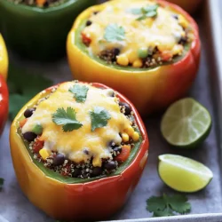 - 4 large bell peppers (any vibrant color) - 1 cup quinoa, thoroughly rinsed - 2 cups vegetable broth - 1 can (15 oz) black beans, drained and rinsed - 1 cup corn kernels (fresh, canned, or frozen) - 1 teaspoon ground cumin - 1 teaspoon smoked paprika - 1 teaspoon onion powder - 1/2 teaspoon garlic powder - 1 cup diced tomatoes (fresh or canned, drained) - 1 cup shredded cheddar cheese (or a dairy-free cheese substitute) - Salt and black pepper, to taste - Fresh cilantro, chopped, for garnish - Lime wedges, for serving When you gather these ingredients, you set the stage for a great meal. Each item adds a unique touch to the dish. The quinoa serves as a filling base while the black beans bring protein. The bell peppers not only look beautiful but also add a sweet crunch. Stuffed bell peppers pack a nutritious punch. They offer fiber and protein, making them a hearty meal. Each serving is rich in vitamins A and C, thanks to the vibrant peppers and tomatoes. This dish is balanced and can fit into many diets. If you want to mix things up, consider these swaps: - Use brown rice or couscous instead of quinoa for a different grain. - Swap black beans for lentils or chickpeas for a unique twist. - Try different cheeses like feta or mozzarella based on your taste. - Fresh herbs can replace cilantro, like parsley or basil, for varied flavors. These substitutions keep the dish fresh and exciting. You can tailor it to what you have on hand or your dietary needs. Enjoy creating your own version! - Preheat the Oven: Start by setting your oven to 375°F (190°C). This step ensures your peppers cook evenly. - Prepare the Bell Peppers: Take four large bell peppers and slice off the tops. Remove all seeds and membranes. Lightly brush the outside with olive oil. Place the peppers upright in a baking dish. Make sure they stand securely so they hold the filling later. In a medium saucepan, combine one cup of rinsed quinoa with two cups of vegetable broth. Bring it to a boil over medium-high heat. Once boiling, reduce the heat and cover the pot. Let it simmer for about 15 minutes. The quinoa will absorb all the liquid and become fluffy. After cooking, let it sit covered for a few more minutes. In a large mixing bowl, combine the cooked quinoa, one can of drained black beans, one cup of corn, and one cup of diced tomatoes. Add one teaspoon of ground cumin, one teaspoon of smoked paprika, one teaspoon of onion powder, and half a teaspoon of garlic powder. Season with salt and pepper to taste. Mix everything well until all ingredients blend nicely. Carefully spoon the quinoa mixture into each bell pepper. Press down lightly to pack the filling snugly. Sprinkle the remaining half cup of shredded cheddar cheese on top of each pepper. Cover the baking dish with aluminum foil and bake for 25 minutes. After 25 minutes, take off the foil. Bake for another 10-15 minutes until the cheese melts and gets bubbly. Remove the dish from the oven and let it cool for a few minutes. Your stuffed peppers are now ready to enjoy! To get the best texture, cook your quinoa well. Use vegetable broth instead of water. This adds flavor. Make sure to fluff it once it's done. This helps keep it light. When you mix the filling, don't over-stir it. This keeps the ingredients intact. You want some bite in every bite. Layer flavors to boost taste. Use spices like cumin and smoked paprika. They give warmth and depth. Don’t skip on seasoning with salt and pepper. Taste as you mix to find the right balance. Fresh herbs like cilantro add brightness. A squeeze of lime juice before serving brightens everything up. For a fun presentation, place the stuffed peppers on a white plate. This makes their colors pop. Drizzle olive oil or lime dressing over them. You can also add a side salad for crunch. A dollop of sour cream can provide creaminess. By using these tips, your stuffed bell peppers will shine on the table. Enjoy your culinary adventure with this [Full Recipe]. {{image_4}} Stuffed peppers are fun because you can mix and match fillings. Here are some ideas. - Meat-Based Options: You can use ground beef, turkey, or chicken. Cook the meat first with spices. Mix it with rice or quinoa. Add beans and veggies for extra flavor. Try adding some salsa or taco seasoning for a twist. - Vegetarian and Vegan Alternatives: For a veggie twist, use lentils or chickpeas. Combine them with quinoa, rice, or couscous. You can add spinach, mushrooms, or zucchini. Use plant-based cheese or skip it for a vegan dish. The options are endless! Seasoning can change the whole dish. Try different herbs and spices. Cumin adds warmth, while oregano brings a fresh taste. You might like Italian herbs for a new spin. A bit of chili powder can add heat. Don’t forget salt and pepper; they make flavors pop! Grilling and baking stuffed peppers both work well. - Grilling: Grilling gives a smoky flavor. Prep the peppers as usual. Fill them and wrap in foil. Cook on medium heat for about 30 minutes. Check if they are tender. This method is great for summer cookouts! - Baking: Baking is classic and easy. Preheat your oven to 375°F. Fill the peppers and place in a baking dish. Cover with foil for the first part of cooking. Then uncover to let the cheese melt and brown. This method keeps the peppers juicy and flavorful. Explore these variations to make the perfect stuffed peppers. Remember, you can always experiment! For the complete recipe, check out the [Full Recipe]. Store any leftover stuffed peppers in an airtight container. Keep them in the fridge for up to three days. Make sure to let them cool completely before sealing. This helps keep them fresh and tasty for your next meal. You can freeze stuffed peppers for a later time. Wrap each pepper tightly in plastic wrap. Then, place them in a freezer-safe bag or container. They can last up to three months in the freezer. When you're ready to eat, just thaw them in the fridge overnight. To reheat your stuffed peppers, use the oven for the best results. Preheat the oven to 350°F (175°C). Place the peppers in a baking dish and cover with foil. Heat for about 20-25 minutes or until warm throughout. You can also microwave them for a quicker option. Just heat for 2-3 minutes, checking often to avoid overcooking. Enjoy them warm for a delicious meal! Yes, you can use many types of cheese. I love cheddar, but mozzarella works great too. Feta adds a nice tangy flavor. You can even try dairy-free cheese for a vegan option. Just pick what you like best! Cook the stuffed peppers for about 35 to 40 minutes. First, cover them for 25 minutes. Then, uncover and bake for another 10 to 15 minutes. You want the cheese melted and bubbly. Stuffed bell peppers pair well with a simple salad. A side of rice or quinoa can also be nice. For a fun twist, serve them with tortilla chips and salsa. Don’t forget some lime wedges for a zesty touch! Absolutely! You can prepare the filling in advance and stuff the peppers later. You can also assemble the whole dish and store it in the fridge. Just remember to bake it before serving. Yes, stuffed bell peppers are quite healthy! They are low in calories and high in nutrients. The quinoa and beans provide protein and fiber. Plus, you get vitamins from the peppers. For a complete guide, check out the Full Recipe for Cheesy Quinoa & Black Bean Stuffed Bell Peppers. It’s a delicious way to enjoy this meal! You learned how to make Cheesy Quinoa and Black Bean Stuffed Bell Peppers. We covered the needed ingredients, including fresh veggies and spices. I provided step-by-step instructions for preparation and cooking. You also found helpful tips for storage and variations. These stuffed peppers are not just tasty; they're also healthy and easy to customize. Enjoy making this dish for your next meal!