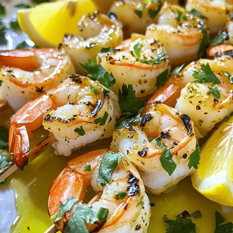 - 1 pound large shrimp, peeled and deveined - 4 cloves garlic, finely minced - Zest and juice of 1 large lemon - 1 tablespoon fresh parsley, chopped - 1 tablespoon fresh cilantro, chopped - 1/4 cup extra-virgin olive oil - 1 teaspoon dried oregano - 1/2 teaspoon red pepper flakes (optional for a spicy kick) - Coarse salt and freshly ground black pepper to taste - Lemon wedges for serving In this dish, the main star is the large shrimp. They should be fresh and firm. I always prefer using wild-caught shrimp for better taste. Garlic and lemon make the base of our marinade. They add a bright and zesty flavor that pairs perfectly with the shrimp. Fresh herbs like parsley and cilantro bring a nice touch of green and earthiness. For the additional ingredients, I use extra-virgin olive oil. It enhances the flavor and helps the marinade stick. Dried oregano adds depth, while red pepper flakes give a hint of heat. Season with coarse salt and black pepper to taste. Finally, lemon wedges are great for serving. They add a fresh burst of flavor when squeezed over the shrimp. For a full recipe, check the section above. To make the marinade, you need to mix key ingredients. Start with minced garlic, lemon zest, and lemon juice. Add olive oil, chopped parsley, cilantro, and dried oregano. If you like spice, toss in red pepper flakes. Don’t forget a good pinch of salt and pepper. Whisk everything well to blend the flavors. Marinating time is crucial. Let the shrimp soak in the mix for at least 30 minutes. For the best taste, try to marinate them for up to 2 hours. This extra time allows the shrimp to absorb all the tasty flavors. Next, you’ll need to preheat your grill. Aim for medium-high heat, around 375°F (190°C). A hot grill ensures the shrimp cook quickly and get a nice char. Once marinated, gently drain the shrimp. Remove any excess marinade. If you use wooden skewers, soak them in water for 30 minutes. This prevents burning on the grill. Skewer the shrimp closely together, but don’t overcrowd them. Place the skewers on the hot grill. Grill for about 2-3 minutes per side. You’ll know they're ready when they turn opaque and have nice grill marks. For serving, arrange the grilled shrimp skewers on a platter. Garnish with extra chopped herbs for color. Fresh lemon wedges are a must! They add a bright, zesty kick when squeezed over the shrimp. This dish looks great and tastes even better. For the full recipe, feel free to check the detailed instructions and enjoy your Lemon Garlic Herb Grilled Shrimp! To get that perfect grilled shrimp, timing is key. Don’t overcook the shrimp. They cook fast, usually in just 2-3 minutes per side. When they turn opaque and have nice grill marks, they are ready. Overcooked shrimp become chewy and tough, ruining the dish. When you thread shrimp onto skewers, make sure they are the same size. This helps them cook evenly. If you use wooden skewers, soak them in water for about 30 minutes. This prevents them from burning on the grill. Fresh herbs make a big difference in flavor. I love using fresh parsley and cilantro in this recipe. They add brightness and depth. Dried herbs can work, but they lack that fresh taste. If you want to change the spice level, add more red pepper flakes for heat. You can also use different herbs for a twist. Finding the best shrimp is simple. Look for large shrimp that are firm and smell fresh, not fishy. If possible, buy shrimp that are wild-caught for better flavor. For the herbs and lemon, choose ones that are vibrant and fragrant. Fresh herbs should feel soft and not wilted. The lemons should feel heavy for their size, indicating juiciness. For the full recipe, check the section above. {{image_4}} You can change the herbs in this dish to get new flavors. Try basil or thyme instead of parsley and cilantro. Each herb brings its own taste. Using fresh herbs adds brightness and depth to the shrimp. You can also add spices to enhance the mix. For instance, try smoked paprika for a smoky flavor. Or add cumin for a warm, earthy taste. Each change makes the dish unique and fun. If grilling isn’t your thing, you can broil the shrimp in the oven. Set your oven to high broil and place the shrimp on a baking sheet. Broil for about 2-3 minutes per side. This method gives a nice char without firing up the grill. Air frying is another great option for quick cooking. Preheat your air fryer to 400°F (200°C). Place the marinated shrimp in the basket in a single layer. Cook for about 6-8 minutes. This method keeps the shrimp juicy and tender. To complement your lemon garlic herb grilled shrimp, serve it with fresh salad. A simple mix of greens, tomatoes, and cucumbers works well. You can also offer a tangy dip, like garlic aioli or a zesty yogurt sauce. These dips bring an extra layer of flavor. For drinks, white wine pairs nicely. A crisp Sauvignon Blanc or a chilled Rosé enhances the meal. You might also try sparkling water with lemon for a refreshing non-alcoholic choice. For the full recipe, check out the Lemon Garlic Herb Grilled Shrimp section above. After enjoying your Lemon Garlic Herb Grilled Shrimp, store any leftovers properly. Place the shrimp in an airtight container. This keeps them fresh and prevents strong smells. Make sure to refrigerate them within two hours of cooking. They will stay good for up to three days in the fridge. If you want to keep them longer, freezing is a great option. Lay the shrimp on a baking sheet in a single layer and freeze for about an hour. This helps prevent them from sticking together. Once frozen, transfer the shrimp to a freezer-safe bag. They will last for up to three months in the freezer. To safely reheat your grilled shrimp, use the oven or stove. Preheat your oven to 350°F (175°C). Place the shrimp on a baking sheet and cover them with foil. Heat for about 10 minutes, or until they are warm. If you prefer the stove, use a non-stick pan over medium heat. Add a splash of olive oil to the pan. Place the shrimp in the pan and heat for about 3-5 minutes. This keeps the shrimp juicy and flavorful. Avoid using the microwave, as it can make the shrimp rubbery. By following these steps, you can enjoy your leftovers while keeping their taste and texture intact. For the full recipe, check out the details above. Marinate shrimp for 30 minutes to 2 hours. This time allows the shrimp to soak up all the flavors. If you are short on time, even 30 minutes works. If you want more flavor, go for the full 2 hours. Yes, you can use frozen shrimp. Make sure to thaw them safely. The best way is to put them in the fridge overnight. If you need them faster, you can run them under cold water for about 10-15 minutes. Avoid thawing shrimp in warm water, as it can affect texture and taste. Serve grilled shrimp on a platter for a nice look. You can arrange the shrimp skewers neatly. Garnish with fresh herbs for color. Don’t forget lemon wedges for extra flavor. This adds a bright touch and makes your dish pop visually. For a fun touch, serve with fresh salads or crusty bread. This makes a great meal for any occasion. In this blog post, we explored how to make delicious grilled shrimp. We covered essential ingredients, like large shrimp, fresh herbs, and garlic. I shared step-by-step instructions for preparing the marinade and grilling the shrimp to perfection. You learned tips on enhancing flavor and alternative cooking methods, plus serving and storage advice. Remember, using quality ingredients and proper techniques is key for great results. Enjoy experimenting with this dish to suit your taste!