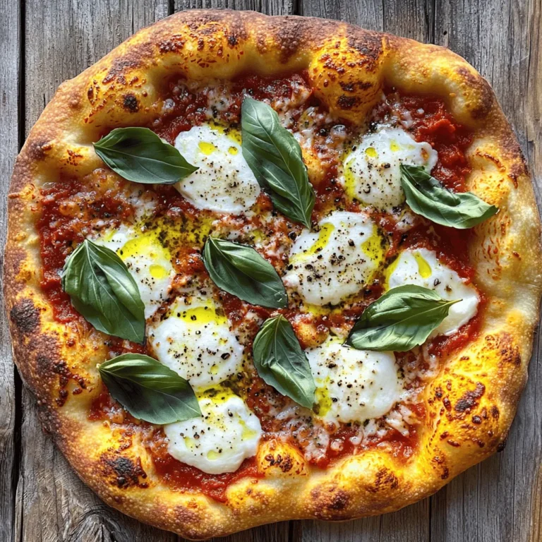 To make a great Margherita pizza, you need a few key ingredients: - 2 cups all-purpose flour - 1 teaspoon active dry yeast - 1 teaspoon granulated sugar - ¾ cup warm water (around 110°F / 43°C) - 1 teaspoon fine sea salt - 1 tablespoon extra virgin olive oil (plus more for greasing) - ½ cup canned San Marzano tomatoes, crushed - 1 tablespoon extra virgin olive oil (for the sauce) - 1 teaspoon fine sea salt (for the sauce) - 8 ounces fresh mozzarella cheese, sliced into rounds - Fresh basil leaves (a handful) - Extra virgin olive oil for drizzling - Fresh cracked black pepper to taste These ingredients create a simple yet flavorful pizza. Each plays a role in the taste and texture of your final dish. For the best results, I suggest using specific brands: - Flour: King Arthur Flour is a great choice for all-purpose flour. - Yeast: Saf Instant Yeast works well and is easy to find. - Tomatoes: Use Cento San Marzano tomatoes for authentic flavor. - Cheese: Look for fresh mozzarella from local dairies or brands like BelGioioso. These brands help ensure you get that true Italian taste in your pizza. Fresh ingredients make all the difference in flavor. When you use fresh mozzarella and basil, your pizza shines. Fresh tomatoes bring a bright taste that canned ones can't match. Using fresh ingredients also adds more nutrients. They help create a well-balanced meal. Always try to source your ingredients locally when possible. This supports local farmers and ensures quality. Incorporating fresh, high-quality ingredients will elevate your Margherita pizza. Trust me, your taste buds will thank you! For the full recipe, check the details above. To make the dough, start by mixing warm water, yeast, and sugar in a bowl. Stir the mixture gently and let it sit for five minutes. You will see bubbles forming on the top. This means the yeast is ready. In a larger bowl, whisk together flour and salt. Make a well in the center and add the yeast mixture and olive oil. Stir until the dough starts to form. Now, transfer the dough to a floured surface. Knead it for 5 to 7 minutes until it feels smooth and elastic. Place the dough in a lightly oiled bowl. Turn the dough in the bowl to coat it with oil. Cover the bowl with a damp towel and let it rise for about an hour. The dough will double in size. For the sauce, use canned San Marzano tomatoes for the best flavor. In a small bowl, mix the crushed tomatoes with olive oil and salt. Stir until combined. This sauce is simple but full of taste. Let it sit for a few minutes to blend the flavors. Fresh ingredients make a big difference, so take your time with this step. After the dough rises, punch it down to let out the air. Divide the dough into two equal pieces. Roll out one piece on a floured surface to about 12 inches wide. Carefully transfer it to a baking sheet or pizza peel. Spread half of the sauce over the dough, leaving a little edge. Next, layer fresh mozzarella slices over the sauce. Preheat your oven to its highest setting. If you have a pizza stone, put it in the oven to heat. Bake the pizza for 10 to 12 minutes. The crust should be golden and the cheese bubbling. Once baked, add fresh basil leaves, drizzle with olive oil, and sprinkle with black pepper. Slice the pizza and enjoy it warm. This is a classic Margherita pizza that you can impress anyone with. For a detailed recipe, check the Full Recipe. To make great pizza dough, use high-quality flour. All-purpose flour works well, but bread flour gives a chewier crust. Mix warm water with yeast and sugar, and let it foam for about five minutes. This step wakes up the yeast. When you knead, do it for 5-7 minutes until smooth. Let the dough rise in a warm spot for about an hour. This helps create air pockets, making the dough light. A hot oven makes a big difference. Preheat your oven to the highest setting, around 475°F (250°C). If you have a pizza stone, place it in the oven while it heats. This stone helps evenly cook the crust. Bake the pizza for about 10-12 minutes, watching for golden edges and bubbling cheese. A well-heated oven gives the best texture. While Margherita pizza is classic, feel free to play with toppings. You can add roasted vegetables like zucchini or bell peppers. For a smoky flavor, try adding prosciutto or pancetta. If you like spice, sprinkle some red pepper flakes on top. Don’t forget about fresh herbs like oregano or arugula for a fresh taste. These twists keep your pizza exciting while staying true to great flavors! For more details, check the Full Recipe for Classic Margherita Pizza. {{image_4}} The Margherita pizza stands out from other Italian pizzas. It showcases three main colors: red, white, and green. These colors represent the Italian flag. The base uses simple ingredients: fresh tomatoes, mozzarella, and basil. Other pizzas, like Pepperoni or Quattro Stagioni, add more toppings and flavors. These modifications can enhance the taste but may stray from the classic style. If you want to try something new, explore these variations, but remember the Margherita's charm lies in its simplicity. Eating gluten-free doesn’t mean missing out on pizza. You can make a tasty gluten-free dough using rice flour or almond flour. Mix these flours with baking powder and a bit of olive oil. You can also find pre-made gluten-free pizza crusts at many stores. Just check the label to ensure they meet your dietary needs. Making gluten-free dough takes a bit of practice, but it allows everyone to enjoy Margherita pizza. If you avoid dairy, there are great cheese alternatives. Look for vegan mozzarella made from cashews or soy. These substitutes can melt well and mimic the creamy texture of traditional cheese. You can also use nutritional yeast for a cheesy flavor without dairy. Adding fresh basil, garlic, or olive oil enhances the taste. This way, you can enjoy a flavorful Margherita pizza even without cheese. For the full recipe, check out the Margherita Pizza Delight section! To keep your pizza fresh, follow these steps: - Allow the pizza to cool to room temperature. - Place slices in an airtight container. - Use parchment paper between layers to avoid sticking. - Store in the refrigerator for up to 3 days. Keeping the pizza cold helps maintain its taste and texture. If you need to store it longer, freezing is the best option. Reheating pizza can be tricky. Here’s how to do it right: - Preheat your oven to 375°F (190°C). - Place the pizza on a baking sheet. - Heat for 10-15 minutes or until the cheese bubbles. - For a crispier crust, use a skillet. Just heat it on medium for 5-8 minutes. This method helps keep the crust crunchy and the cheese melty, just like fresh. Freezing pizza dough is simple and smart. Here’s what to do: - After kneading, shape the dough into a ball. - Wrap it tightly in plastic wrap. - Place it in a freezer bag and label it. - It can last up to 3 months in the freezer. For leftover pizza, follow these steps: - Wrap each slice in plastic wrap. - Place them in a freezer-safe container. - They can also last up to 3 months. When ready to eat, thaw in the fridge overnight before reheating. Enjoy your Margherita pizza even after a few days! A true Margherita pizza has three key ingredients: San Marzano tomatoes, fresh mozzarella, and basil. This pizza has a simple but rich flavor. The colors of the toppings represent the Italian flag: red, white, and green. True Margherita pizza comes from Naples, Italy. It uses a thin, crispy crust. This crust allows the toppings to shine. You can use regular tomatoes, but the flavor will differ. San Marzano tomatoes are sweeter and richer. They have less acidity, which gives the sauce a nice balance. If you choose regular tomatoes, try to use ripe ones. You may need to add a pinch of sugar to enhance the flavor. To get a crispier crust, follow these tips: - Use high-protein flour like bread flour. - Preheat your oven to its highest setting. - If you have a pizza stone, use it. This helps to absorb moisture. - Stretch the dough thinly and avoid excess toppings. - Bake the pizza directly on the stone or a hot baking sheet. For the full recipe, please refer to the Classic Margherita Pizza section above. In this blog post, we explored how to make classic Margherita pizza. I shared essential ingredients, focusing on quality and freshness. You learned step-by-step how to prepare the dough and sauce, bake, and add finishing touches. I also provided tips for perfect dough, oven settings, and tasty toppings. We discussed variations, including gluten-free and vegan options, plus tips for storing and reheating. With this knowledge, you can create delicious pizza at home. Enjoy the process and share it with family and friends!