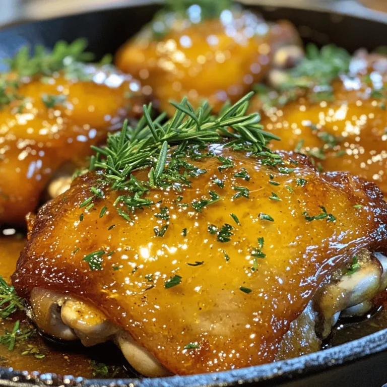 To make honey mustard chicken thighs, gather these items: - 4 chicken thighs, skin-on and bone-in - 1/4 cup honey - 1/4 cup Dijon mustard - 2 tablespoons extra-virgin olive oil - 2 cloves garlic, finely minced - 1 teaspoon fresh rosemary, finely chopped - 1 teaspoon fresh thyme, finely chopped - Salt and freshly ground black pepper to taste - Fresh parsley, finely chopped (for garnish) These ingredients work together to create a sweet and tangy flavor. You can swap some ingredients if needed: - Honey: Maple syrup or agave nectar can serve as a sweetener. - Dijon mustard: Yellow mustard or whole grain mustard works too. - Olive oil: Canola or avocado oil are great alternatives. - Garlic: Use garlic powder if you don’t have fresh garlic. - Herbs: Dried rosemary and thyme can replace fresh herbs. Use about a third of the amount. These swaps can keep your dish tasty even if you lack certain items. Fresh herbs boost flavor. Here are some good choices: - Rosemary: Adds a pine-like taste that pairs well with chicken. - Thyme: Offers a subtle earthiness. - Parsley: Brightens the dish when used as garnish. You can also try adding spices like paprika or cumin for extra depth. These small changes can make a big difference. To start, preheat your oven to 400°F (200°C). This heat will help your chicken thighs cook perfectly. While the oven warms up, mix your marinade. In a bowl, combine honey, Dijon mustard, olive oil, minced garlic, rosemary, thyme, salt, and pepper. Whisk everything until it blends well. Next, take your chicken thighs and place them in a large resealable bag or shallow dish. Pour the marinade over the chicken. Make sure each piece is coated fully. Seal the bag or cover the dish, and let the chicken marinate in the fridge. Aim for at least 30 minutes, but if you can wait, 2 hours works best. After marinating, take the chicken out of the fridge. Let it sit at room temperature for about 10 minutes. This helps it cook evenly. Now it’s time to sear! Heat an oven-safe skillet over medium-high heat. Add a splash of olive oil. Once the oil shimmers, place the chicken thighs skin-side down in the skillet. Don’t move them for about 5 minutes. This allows the skin to get golden and crispy. After that, flip the chicken over so the skin is facing up. Pour any leftover marinade over the chicken. Now, it’s baking time! Carefully transfer the skillet to your preheated oven. Bake the chicken for 25-30 minutes. You want the internal temperature to reach 165°F (74°C). The juices should run clear when you pierce the meat with a fork. Once cooked, remove the skillet from the oven and let the chicken rest for about 5 minutes. This helps keep the meat juicy. Before serving, sprinkle with fresh parsley for a burst of color. For the full recipe, refer back to the ingredients and instructions! Marinating is key to great flavor. For this honey mustard chicken, I recommend marinating for at least 30 minutes. If you can, let it sit for up to 2 hours. This longer time allows the chicken to soak up all the tasty honey and mustard. The garlic and fresh herbs also have time to infuse their flavors. To know if your chicken is done, use a meat thermometer. Insert it into the thickest part of the thigh. It should read 165°F (74°C). If you don’t have a thermometer, you can check the juices. They should run clear when you pierce the chicken. If the juices are pink, it needs more time. For a great meal, serve your honey mustard chicken with roasted vegetables. Try carrots, Brussels sprouts, or potatoes for a colorful plate. A fresh salad also pairs well. You can add a light vinaigrette to balance the sweet flavors of the chicken. Drizzling some extra marinade over the chicken right before serving adds more flavor and a nice shine. For the full recipe, check out the details above. {{image_4}} You can cook honey mustard chicken thighs in different ways. Grilling gives a nice smoky flavor. For grilling, marinate the chicken as usual. Preheat the grill to medium heat. Cook each thigh for about 6-7 minutes per side. This method adds a charred taste that many enjoy. Using a slow cooker is another great option. It keeps the chicken juicy and tender. After marinating, place the thighs in the slow cooker. Pour the marinade over them. Cook on low for 4-6 hours or high for 2-3 hours. The chicken will be fork-tender and packed with flavor. You can easily add new flavors to the honey mustard chicken. For a spicy kick, add some cayenne pepper or red pepper flakes to the marinade. This adds heat without overpowering the honey and mustard. If you prefer a citrusy twist, mix in the zest of a lemon or orange. You can also squeeze fresh juice into the marinade. This brightens the dish and adds a refreshing taste. When it comes to serving, you have many choices. You can drizzle extra honey mustard sauce over the chicken for more flavor. A creamy ranch or blue cheese dressing also works well on the side. Pair the chicken with sides like roasted vegetables or mashed potatoes. A fresh salad is also a great choice. For a complete meal, serve with rice or quinoa. This adds more texture and flavor to your plate. For a full recipe, check out the Honey Mustard Glazed Chicken Thighs. To keep your honey mustard chicken thighs fresh, let them cool first. Once cooled, place the chicken in an airtight container. You can also wrap them in foil or plastic wrap. Store them in the fridge for up to four days. Make sure they are sealed well to avoid drying out. When you're ready to eat the leftovers, you want them warm and tasty. The best way to reheat is in the oven. Preheat your oven to 350°F (175°C). Place the chicken on a baking sheet and cover it with foil. Heat for about 15-20 minutes. This keeps the chicken juicy. You can also use a microwave, but the oven gives better flavor. If you want to save the chicken for later, freezing is a great option. Before freezing, let the chicken cool completely. Wrap each piece in plastic wrap, then place them in a freezer bag. Remove as much air as you can. Label the bag with the date, and it can last for up to three months. When ready to eat, thaw it in the fridge overnight before reheating. For the best taste, reheat only once. You can check out the Full Recipe for more cooking tips and tricks. You can use yellow mustard, honey mustard, or whole grain mustard. Each brings a unique taste. Yellow mustard is milder, while honey mustard adds sweetness. Whole grain mustard has a nice texture and flavor. Just remember that the taste will change a bit with each option. Yes, boneless chicken thighs work great! They cook faster and still stay juicy. Adjust the cooking time to about 20-25 minutes. Always check the internal temperature. It should reach 165°F (74°C) for safety. You can keep leftover chicken in the fridge for up to 4 days. Store it in an airtight container. For longer storage, freeze it for up to 3 months. Just thaw it in the fridge before reheating. This keeps the chicken tasty and safe to eat. For the full recipe, check the details above! This blog post covered how to make honey mustard chicken thighs. We explored the ingredients, cooking steps, and ways to enhance flavor. You learned about marinating and serving tips. Variations offer new tastes and cooking methods but keep the core recipe intact. Proper storage preserves taste and quality. In final thoughts, these dishes are simple yet full of flavor. Enjoy trying different twists to keep it fresh!