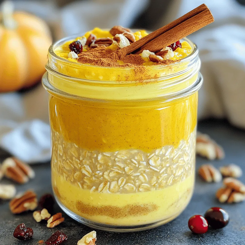 - 1 cup rolled oats - 1 cup almond milk (or your preferred milk type) - 1/2 cup canned pumpkin puree - 1 tablespoon pure maple syrup - 1 teaspoon pumpkin pie spice - 1/2 teaspoon pure vanilla extract - A pinch of sea salt The main ingredients for pumpkin spice overnight oats pack a punch of flavor. Each component plays a role in making this meal tasty and filling. Rolled oats are the base. They provide fiber and keep you full. Almond milk adds creaminess. You can use any milk you like. Canned pumpkin puree gives that classic pumpkin flavor. It is also rich in vitamins. Maple syrup adds sweetness. You can adjust the amount to your taste. Pumpkin pie spice brings warmth and earthiness. It usually has cinnamon, nutmeg, and ginger. Vanilla extract adds a lovely aroma. Finally, a pinch of sea salt enhances all the flavors. - Chopped walnuts - Dried cranberries - Toasted coconut flakes - Greek yogurt Toppings add fun and extra nutrition. Chopped walnuts give a nice crunch and healthy fats. Dried cranberries offer a sweet touch and a pop of color. Toasted coconut flakes add a tropical vibe. Greek yogurt brings creaminess and protein. You can mix and match these toppings based on what you enjoy. For the full recipe, check out the details further in the article. This meal is not just easy; it's also a healthy way to start your day! To start, gather your ingredients. In a large bowl or mason jar, combine: - 1 cup rolled oats - 1 cup almond milk (or your preferred milk type) Next, mix in: - 1/2 cup canned pumpkin puree - 1 tablespoon pure maple syrup - 1 teaspoon pumpkin pie spice - 1/2 teaspoon pure vanilla extract - A pinch of sea salt Use a spoon or whisk to stir everything well. Make sure the oats are fully coated in the liquid. Once mixed, cover the bowl or seal the mason jar. Place it in the refrigerator for at least 4-6 hours or overnight. This soaking allows the oats to absorb the liquid and flavors. When you're ready to eat, take the oats out of the fridge. Stir them well to mix the flavors again. If you find the oats too thick, add a little more almond milk to reach your desired creaminess. Spoon the oats into your favorite bowls or jars. Top with your choice of optional toppings like: - Chopped walnuts - Dried cranberries - Toasted coconut flakes - Greek yogurt Enjoy your Pumpkin Spice Overnight Oats for a healthy and filling meal! For the best texture, adjust the almond milk. If you like your oats thicker, use less milk. If you want them creamier, add more almond milk. This way, you can customize them to your taste. You can boost the flavor with extra spices. Try adding more cinnamon or nutmeg for a kick. A drizzle of honey can add a nice touch of sweetness too. Both options will make your oats even more delicious. To store overnight oats, use a sealed jar or airtight container. This keeps them fresh and tasty. You can prepare several jars at once for easy meal prep. They last about 3-5 days in the fridge, so you can enjoy them all week long. For more details, check the Full Recipe. {{image_4}} You can change the sweetness of your oats. Instead of maple syrup, try agave or honey. These sweeteners add unique flavors and can suit your taste. Agave gives a light, mild sweetness. Honey adds a floral note. Adjust the amount based on how sweet you like it. Get creative with flavor! You can mix in applesauce for added moisture and sweetness. Other seasonal fruits like pears or cranberries also work great. Fresh or dried fruit can make your oats even tastier. Feel free to experiment with what you have on hand. If you prefer nut-free or vegan options, swap almond milk for oat milk or coconut milk. Both of these milks keep your oats creamy and delicious. They also work well with the pumpkin flavor. This way, you still enjoy a tasty meal that fits your diet. For the full recipe, check out the instructions above and get started! To keep your pumpkin spice overnight oats fresh, use airtight containers. Mason jars work well. They seal tightly and let you see the layers. You can also use glass or plastic containers with lids. Make sure to leave some space at the top for expansion. These oats last up to five days in the refrigerator. They stay tasty and safe to eat during this time. Just make sure to keep them sealed. Check for any signs of spoilage before eating. If they look or smell off, it’s best to toss them out. You can freeze overnight oats! Just put them in freezer-safe containers. They can last up to three months in the freezer. When you’re ready to eat, let them thaw in the fridge overnight. You may need to stir in a bit more milk for the right texture after thawing. You can keep overnight oats in the fridge for up to five days. This makes them perfect for meal prep. Just store them in a sealed container. The flavors will blend and get better over time. You can use steel-cut oats, but they need more time to soak. They are chewier and take longer to soften. I recommend soaking them overnight for a better texture. If you prefer rolled oats, they are softer and quicker to prepare. You can add spices like cinnamon, nutmeg, or cardamom. Ginger gives a nice kick too. Try vanilla or even a pinch of allspice for extra warmth. Just be careful not to overpower the pumpkin flavor. Yes, this recipe is gluten-free if you use certified gluten-free oats. Always check the packaging to be sure. This makes it suitable for those with gluten sensitivities or celiac disease. To make more servings, simply multiply the ingredients. For example, use 2 cups of oats for 4 servings. You can prepare them in larger jars or bowls. Just ensure you have enough milk to cover all the oats. This blog post covered a simple and nutritious overnight oats recipe. You learned how to mix basic ingredients like oats, pumpkin puree, and milk. We discussed tips for creaminess and tasty variations to try. You also discovered storage options for leftovers. Overall, overnight oats are versatile and easy to make. They offer many chances to change flavors and add fun toppings. Enjoy your delicious creation!