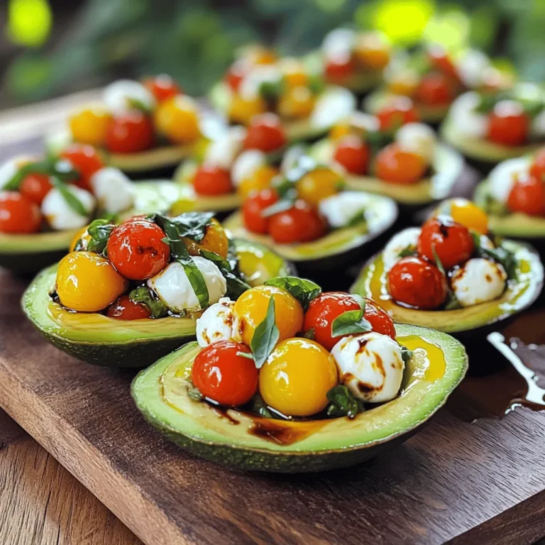 To make Caprese stuffed avocados, you’ll need these simple ingredients: - 2 ripe avocados - 1 cup cherry tomatoes, cut in half - 1 cup fresh mozzarella balls (bocconcini), well-drained - 1/4 cup fresh basil leaves, finely chopped - 2 tablespoons balsamic glaze - 1 tablespoon extra virgin olive oil - Freshly ground salt and pepper, to taste Each of these items brings fresh flavors to the dish. The creamy avocado pairs well with the juicy tomatoes and mild mozzarella. Basil adds a burst of herbal notes. When picking avocados, look for those that are ripe but not mushy. Gently squeeze the avocado; it should yield slightly. If it feels hard, it’s not ready yet. You want avocados that are smooth with no dark spots. This will ensure your dish tastes fresh and vibrant. While the basic recipe shines, you can try adding other ingredients for extra flair: - A pinch of red pepper flakes for heat - Chopped olives for brininess - Sun-dried tomatoes for a sweet-tart touch - A sprinkle of lemon juice for brightness These additions can elevate your Caprese stuffed avocados, making them unique and exciting. Feel free to mix and match based on your taste. Check out the Full Recipe for more tips on preparation and serving! Caprese stuffed avocados are fun and easy to make. You need about 10 minutes to prep. This dish serves four people. You will love the bright colors and fresh flavors. Start by cutting the avocados in half lengthwise. Carefully remove the pit from each half. Use a spoon to scoop out a bit of the flesh. Set this flesh aside in a mixing bowl to use later. This creates more space for the filling. In the bowl with the avocado flesh, add the halved cherry tomatoes, mozzarella balls, and chopped basil. Next, drizzle in the olive oil and sprinkle some salt and pepper. Gently fold these ingredients together. Be careful not to mash the avocado. You want it mixed but still chunky. Now, take your avocado halves and fill them with the tomato and mozzarella mix. Press the filling down lightly so it stays in place. Make sure the filling is heaping over the top for a lovely presentation. To finish, drizzle balsamic glaze over the stuffed avocados. This adds a sweet and tangy flavor. For an extra touch, you can add more basil leaves on top. A light sprinkle of salt will enhance all the flavors. For the full recipe, check the details above. To make your Caprese stuffed avocados shine, focus on the texture. Choose ripe avocados; they should yield slightly when you press them. This gives a creamy base that pairs well with the filling. When mixing the ingredients, fold gently. You want to keep the mozzarella balls intact. This adds a nice bite to each spoonful. Consider adding a pinch of garlic powder or red pepper flakes for a flavor boost. A squeeze of fresh lemon juice can brighten the dish, too. Balance is key. You want rich, creamy, and tangy all in one bite. One common mistake is over-mixing the filling. You want to blend the ingredients, not mash them. This can lead to a less appealing texture. Another mistake is choosing hard avocados. They should be ripe but not too soft. If they feel mushy, they may be past their prime. Also, don’t skip the salt and pepper. These enhance flavors. Finally, avoid using too much balsamic glaze. A light drizzle goes a long way. Too much can overpower the dish. Presentation matters. Serve your stuffed avocados on a colorful platter. Arrange them with fresh basil leaves and extra cherry tomatoes for a pop of color. Drizzle balsamic glaze around the avocados for a gourmet touch. You can also sprinkle some extra salt on top. This elevates the look and taste. For a fun twist, serve with a side of crusty bread for dipping. Each bite should be a feast for the eyes and the palate. For the full recipe, check out the recipe section above. {{image_4}} You can easily swap ingredients for different diets. For a vegan option, replace mozzarella with cubed tofu or vegan cheese. If you avoid gluten, this recipe is already safe! Use fresh herbs like cilantro or parsley instead of basil for a new flavor. If you want to skip the balsamic glaze, a squeeze of lemon adds brightness. To make this meal heartier, add proteins. Grilled chicken or shrimp pairs well with the fresh flavors. You can also add chickpeas or black beans for a plant-based protein boost. Just mix them into the filling with the tomatoes and mozzarella. This change makes the dish filling and satisfying. You can serve Caprese stuffed avocados in fun ways. Try placing them on a bed of greens for a salad twist. Or slice them into wedges for easy sharing at parties. Another idea is to serve them with crusty bread for dipping. These presentation styles make the dish look appealing and delicious. For more details on the recipe, check out the Full Recipe. To store leftover Caprese stuffed avocados, place them in an airtight container. This helps keep the flavors fresh. If you have some filling left, store it separately. The avocados may brown quickly, so try to eat them within one day. To keep your stuffed avocados fresh, use a few tips: - Use lemon juice: Squeeze some on the exposed avocado to slow browning. - Cover tightly: Wrap the container well with plastic wrap or a lid. - Refrigerate immediately: Store them in the fridge right after serving. These steps will help maintain the taste and look of your dish. Reheating Caprese stuffed avocados is tricky. It’s best to eat them cold or at room temperature. If you must reheat them, do so gently. Place them in a microwave for just a few seconds. Avoid heating too long, as this can ruin the avocado. For a fresh meal, I recommend making just enough for your gathering. Check out the Full Recipe to get the right amounts. Caprese stuffed avocados are a tasty dish. They blend creamy avocado with fresh ingredients. You make them by slicing ripe avocados and scooping out some flesh. In a bowl, mix cherry tomatoes, mozzarella, basil, olive oil, salt, and pepper. Then, fill the avocado halves with this mix. Drizzle balsamic glaze on top for flavor. You can find the full recipe details above. Yes, you can prepare some parts in advance. You can mix the filling and store it in the fridge. Just wait to stuff the avocados until you're ready to serve. This keeps the avocado fresh and green. If you stuff them too early, they may brown. To make Caprese stuffed avocados vegan, swap the mozzarella for a plant-based cheese. You can also use marinated tofu for a protein boost. Choose a vegan balsamic glaze or make your own. With these swaps, you keep the great taste while making it vegan. Caprese stuffed avocados pair well with many sides. A light salad can complement their flavors. You can also serve them with crusty bread or crackers. For a heartier meal, add grilled chicken or shrimp on the side. These options enhance your meal while keeping it fresh and tasty. Caprese stuffed avocados are a tasty dish that’s easy to make. We covered key ingredients, from ripe avocados to fresh herbs. I shared steps to prepare and stuff them with flavor. Remember the tips on gaining great texture and avoiding common mistakes. Variations let you swap ingredients for your needs. Store any leftovers properly to keep them fresh. In conclusion, making these stuffed avocados brings delight to meals. Enjoy crafting this dish and impressing anyone you serve!