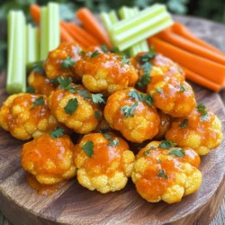 - 1 medium head of cauliflower - 1 cup all-purpose flour - 1 cup unsweetened almond milk - 1 cup buffalo sauce - Fresh parsley for garnish - 1 teaspoon garlic powder - 1 teaspoon onion powder - 1 teaspoon smoked paprika - ½ teaspoon sea salt - ½ teaspoon black pepper - Celery sticks - Carrot sticks - Optional dipping sauces (ranch or blue cheese) Buffalo cauliflower bites are fun to make and eat. They have a crispy outside and a soft inside. The key to their success lies in the ingredients. You start with a medium head of cauliflower. Break it into bite-sized florets. This helps them cook evenly and makes them easy to eat. Next, you need a cup of all-purpose flour. This creates a nice batter that sticks well. Use unsweetened almond milk for a creamy texture, or feel free to use any non-dairy milk you like. The flavors come alive with buffalo sauce. I recommend using your favorite brand or making your own for more control over the heat. You also need fresh parsley to garnish your bites. It adds color and a fresh taste. For added flavor, include garlic powder, onion powder, smoked paprika, sea salt, and black pepper. These spices enhance the bites' taste and give them depth. Finally, think about what to serve with your bites. Crunchy celery and carrot sticks are perfect for dipping. You can also serve ranch or blue cheese dressing on the side. These add a creamy contrast to the spicy bites. For the full recipe, check out the details provided earlier. Enjoy your cooking adventure! - Preheat the oven to 450°F (230°C) - Line a baking sheet with parchment paper To start making your buffalo cauliflower bites, first, preheat your oven. Set it to 450°F, which helps crisp the bites perfectly. Next, take a baking sheet and line it with parchment paper. This step makes cleanup easy and prevents sticking. - Combine dry ingredients in a large bowl - Gradually whisk in almond milk Now, grab a large bowl. In this bowl, combine the all-purpose flour, garlic powder, onion powder, smoked paprika, sea salt, and black pepper. Use a whisk to mix these dry ingredients well. Slowly pour in the almond milk while you whisk. Keep whisking until your batter is smooth and lump-free. - Dip florets in the batter - Arrange on the baking sheet and oil Take your cauliflower florets and dip them into the batter. Make sure each floret gets a nice coating. After dipping, shake off any extra batter. Place the coated florets on the lined baking sheet. Once they are all laid out, drizzle some olive oil over them. Use your hands to toss the florets gently to coat them evenly. - Bake for 20-25 minutes until golden - Prepare buffalo sauce mixture Now, put your baking sheet in the hot oven. Bake the cauliflower bites for 20 to 25 minutes. Keep an eye on them until they turn golden brown and crispy. While they bake, mix your buffalo sauce in a bowl. You can add any leftover batter to the sauce for extra thickness. - Toss cooked florets in buffalo sauce - Bake for an additional 10 minutes Once the bites are done, take them out of the oven. Immediately toss them in the buffalo sauce mixture. Make sure each piece is well coated. Then, return the sauced florets to the baking sheet. Pop them back in the oven for another 10 minutes. This final bake gives them extra flavor and crunch. Enjoy making these buffalo cauliflower bites! For the full recipe, check the details above. To get that perfect crunch, start by using a high oven temperature of 450°F. This helps the cauliflower develop a golden crust. Also, make sure to arrange the cauliflower in a single layer on the baking sheet. This way, each piece gets equal heat and air flow, which is key to crispiness. Don't be afraid to shake things up! Try different buffalo sauces to find your favorite flavor. You can also add extra spices to the batter. A pinch of cayenne could kick it up a notch. Mixing in some smoked paprika can add depth and warmth too. When it comes to serving, remember that looks matter. Use fresh herbs, like parsley, to garnish your bites. They add a nice pop of color. Pair your buffalo cauliflower bites with vibrant veggie sides, like celery and carrot sticks, for a refreshing contrast. This not only makes your dish tasty but also visually appealing. {{image_4}} If you need a gluten-free snack, you can swap all-purpose flour for almond flour or gluten-free flour. This change keeps the texture light and crispy. Many people enjoy this option, especially those with gluten sensitivities. For those who love heat, I suggest adding cayenne pepper to the batter. Start with 1/4 teaspoon and adjust to your taste. This small tweak gives the Buffalo cauliflower bites an extra kick. It makes them even more exciting to eat. To make a tasty vegan blue cheese dip, blend soaked cashews, lemon juice, and nutritional yeast. Add some garlic powder and a splash of non-dairy milk for creaminess. Blend until smooth and creamy. This sauce pairs perfectly with your Buffalo cauliflower bites. It adds a rich flavor that enhances your snack experience. For the full recipe, check the complete instructions to create these delicious bites. To store your leftover buffalo cauliflower bites, place them in an airtight container. This helps keep them fresh. I recommend letting them cool first. Once cooled, transfer them to the container. You can store them in the fridge for up to three days. Just make sure to seal it tightly. This way, they retain their flavor and texture. If you want to keep them longer, freezing is a great option. First, let the bites cool completely. Then, place them in a freezer-safe bag or container. Try to remove as much air as possible. They can stay good in the freezer for up to three months. When you’re ready to eat, thaw them in the fridge overnight. Reheat in the oven for best results. This helps to keep them crispy. In the fridge, buffalo cauliflower bites stay fresh for about three days. After that, they may lose their crunch. To enjoy them at their best, eat them sooner rather than later. If you notice any off smells or changes in texture, it’s best to toss them. Remember, freshness is key for that crave-worthy taste! To add heat, you can mix cayenne pepper into the batter. Start with a half teaspoon and adjust to your taste. You can also choose a hotter buffalo sauce. Some brands offer extra spicy options that pack a punch. For more heat, try adding sliced jalapeños on top before baking. Yes, you can prep these bites ahead. Cut the cauliflower and mix the batter a day in advance. Store them in the fridge in separate containers. When ready to bake, just coat the florets and roast them. For best results, bake them fresh, but prepped ingredients save time. Buffalo cauliflower bites shine with tasty dips! Serve them with ranch or blue cheese dressing. A creamy avocado dip also works great. You can add celery and carrot sticks as fresh sides. They balance the heat and add a nice crunch. Check the bites after 20-25 minutes in the oven. They should look golden brown and crispy. You can test one by poking it with a fork. If it feels tender inside and crispy outside, they are ready. If they need more time, return them to the oven for a few minutes. Yes, you can use frozen cauliflower! Thaw it and pat it dry before battering. This helps the batter stick better. Follow the same cooking instructions. Just keep an eye on the time, as frozen florets may need a minute or two longer. Absolutely! Buffalo cauliflower bites are great for meal prep. Bake a large batch and store them in the fridge. They will last for up to four days. Reheat them in the oven or an air fryer for crispiness. Add them to salads, wraps, or enjoy as a snack. For the full recipe, check out the detailed instructions above. Buffalo Cauliflower Bites are simple to make and full of flavor. You start with basic ingredients, mix a tasty batter, and bake until golden. Tips for crispiness and variations like gluten-free options make this dish even better. If you want to impress at your next gathering, serve them with fresh veggies and dips. These bites offer a fun twist on a classic favorite. Enjoy experimenting and creating your perfect version. Your kitchen is now ready for delicious bites that everyone will love!