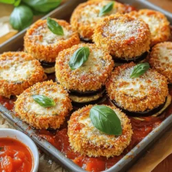 To make Eggplant Parmesan Bites, you need simple ingredients. Here’s what to gather: - 1 medium eggplant, sliced into 1/2-inch rounds - 1 cup all-purpose flour - 2 large eggs, beaten - 1 cup breadcrumbs (preferably Italian-style) - 1 cup marinara sauce, plus extra for dipping - 1 1/2 cups shredded mozzarella cheese - 1/2 cup grated Parmesan cheese These ingredients create a rich flavor and great texture. Seasoning gives these bites their tasty kick. Here’s what to add: - 1 teaspoon dried oregano - 1 teaspoon garlic powder - Salt and pepper to taste The oregano and garlic powder add depth, while salt and pepper enhance all the flavors. Dipping sauces make eating more fun. Some tasty suggestions include: - Extra marinara sauce - Garlic aioli - Ranch dressing These sauces pair well and allow for a tasty twist. For the full recipe, check the baking steps to enjoy these delicious bites! Start by slicing the eggplant into 1/2-inch rounds. This size helps them cook evenly. Sprinkle each slice lightly with salt. This draws out moisture and bitterness. Let the slices rest for about 30 minutes. Rinse them under cold water afterward, then pat them dry with paper towels. Drying is key to keeping the bites crisp. Next, you need a good setup for breading. Use three shallow bowls. Place flour in the first bowl. In the second, add the beaten eggs. In the third bowl, mix breadcrumbs, oregano, garlic powder, salt, and pepper. This will make coating the eggplant easier and faster. Now, it's time to fry! Heat olive oil in a large skillet over medium heat. The oil is ready when a crumb sizzles in it. Take a slice of eggplant and dip it in the flour first. Then, dip it in the eggs, letting excess drip off. Finally, coat it with the breadcrumb mix. Fry the slices for 2-3 minutes on each side. They should be golden brown. Once done, place them on a plate lined with paper towels to absorb extra oil. Grab a baking dish and lightly grease it with olive oil. Start layering! Spread a thin layer of marinara sauce on the bottom. Place half of the fried eggplant slices over it. Next, add half of the marinara sauce, half of the shredded mozzarella, and half of the grated Parmesan. Repeat these layers with the remaining ingredients. For the top layer, add the rest of the mozzarella and Parmesan. This will make a cheesy crust. Once layered, bake in your preheated oven at 375°F for 20-25 minutes. The cheese should be melted and bubbly. Let the Eggplant Parmesan Bites cool a bit before serving. Enjoy with extra marinara for dipping. For a fresh touch, garnish with basil leaves. For the complete recipe, check the Full Recipe. To get the best breading on your eggplant, follow these steps: - Salt the slices: Sprinkle salt on the eggplant rounds. It removes some moisture and bitterness. - Dry well: After rinsing, pat the slices dry with paper towels. A dry surface helps the coating stick. - Use a three-step process: Dip each slice in flour, then in beaten eggs, and finally coat with breadcrumbs. This method ensures an even layer. The right oil makes a big difference in frying: - Olive oil: It adds flavor and works well for frying. Use a good-quality olive oil for the best taste. - Canola oil: This oil has a high smoke point, making it ideal for frying. It has a neutral flavor, so it won’t overpower your dish. - Peanut oil: For a slightly nutty taste, peanut oil is a great choice. It also has a high smoke point. A cheesy topping is key for Eggplant Parmesan Bites: - Layer cheese evenly: After each layer of eggplant, add mozzarella and Parmesan. This builds flavor and texture. - Use fresh cheese: Fresh mozzarella melts better than pre-shredded cheese. It gives a gooey, delicious top. - Broil for extra browning: If you want a crispy top, broil the dish for a couple of minutes after baking. Keep an eye on it to avoid burning. For the full recipe, check out the details above. Enjoy making these tasty bites! {{image_4}} You can make Eggplant Parmesan Bites vegetarian by skipping the eggs. Use a mixture of plant-based milk and flour to coat the eggplant. For a vegan version, use nutritional yeast instead of cheese. This adds a cheesy flavor without dairy. You can also use vegan cheese brands available in stores. They melt well and taste great! While mozzarella and Parmesan are classic choices, feel free to mix it up. Try provolone for a sharper taste. Fontina melts beautifully and adds creaminess. If you love blue cheese, sprinkle some for a stronger flavor. Mixing different cheeses makes these bites even more exciting! Want to boost nutrition? Add veggies like spinach or zucchini between layers. They blend well with eggplant. If you want protein, consider adding cooked ground turkey or lentils. These additions make your Eggplant Parmesan Bites heartier. You can customize them to fit your cravings while keeping them tasty. For the full recipe, check out the [Full Recipe]. To keep your Eggplant Parmesan Bites fresh, place them in an airtight container. Make sure they cool completely before sealing. Store them in the fridge for up to three days. If you need them to last longer, freezing is a great option. To freeze Eggplant Parmesan Bites, first cool them completely. Then, layer them in a freezer-safe container with parchment paper between layers. This helps prevent sticking. They can stay in the freezer for up to three months. When ready to eat, just take out what you need. To reheat, place the bites on a baking sheet. Preheat your oven to 350°F (175°C) and bake for about 15-20 minutes. This keeps them crispy. If you're in a hurry, you can microwave them for 1-2 minutes, but they may lose some crispiness. Enjoy them hot with extra marinara sauce from the Full Recipe! Yes, you can make Eggplant Parmesan Bites ahead of time. Prepare them and bake as directed. Allow them to cool and then store in the fridge. When you're ready to eat, just reheat them in the oven. This will help keep them crispy and tasty. If you want to swap out mozzarella, you can use provolone or gouda. Both cheeses melt well and add great flavor. For a dairy-free option, try vegan mozzarella. It gives a similar texture with a different taste. To make Eggplant Parmesan Bites gluten-free, use gluten-free flour and gluten-free breadcrumbs. Many brands offer tasty alternatives. Always check the labels to ensure they are truly gluten-free. This way, everyone can enjoy this snack. Eggplant Parmesan Bites pair well with a simple salad. A mixed greens salad with balsamic dressing is a great choice. You can also serve them with garlic bread or a side of marinara sauce for dipping. Each side adds a lovely touch to the meal. For the full recipe, check out the detailed instructions! Eggplant Parmesan Bites are tasty and fun to make. We covered the main ingredients and tips to get them crispy. You learned how to prepare, bread, and cook the bites perfectly. I shared ways to change it up with different cheeses and extra veggies. Storing leftovers and reheating for the best taste is easy. Enjoy these bites as a snack or meal. Now it's your turn to make them and impress your friends!