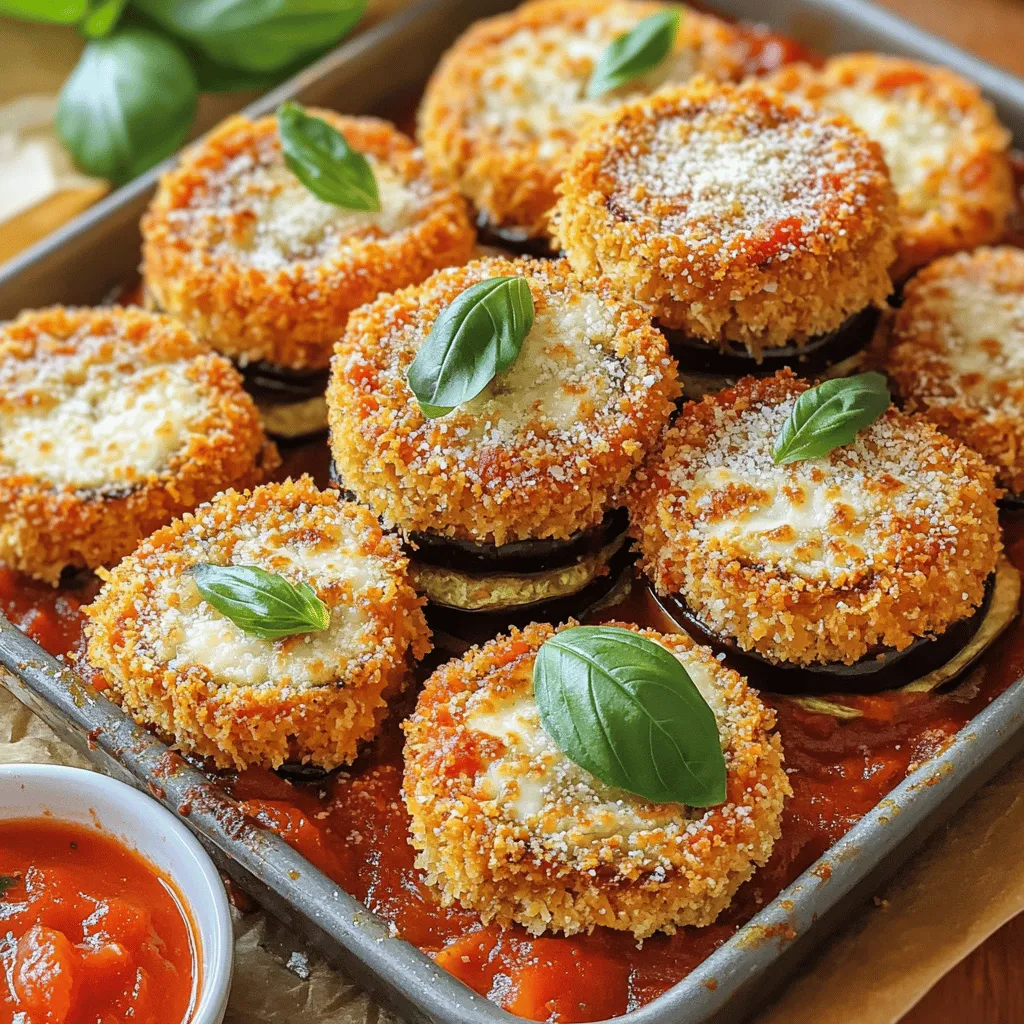 To make Eggplant Parmesan Bites, you need simple ingredients. Here’s what to gather: - 1 medium eggplant, sliced into 1/2-inch rounds - 1 cup all-purpose flour - 2 large eggs, beaten - 1 cup breadcrumbs (preferably Italian-style) - 1 cup marinara sauce, plus extra for dipping - 1 1/2 cups shredded mozzarella cheese - 1/2 cup grated Parmesan cheese These ingredients create a rich flavor and great texture. Seasoning gives these bites their tasty kick. Here’s what to add: - 1 teaspoon dried oregano - 1 teaspoon garlic powder - Salt and pepper to taste The oregano and garlic powder add depth, while salt and pepper enhance all the flavors. Dipping sauces make eating more fun. Some tasty suggestions include: - Extra marinara sauce - Garlic aioli - Ranch dressing These sauces pair well and allow for a tasty twist. For the full recipe, check the baking steps to enjoy these delicious bites! Start by slicing the eggplant into 1/2-inch rounds. This size helps them cook evenly. Sprinkle each slice lightly with salt. This draws out moisture and bitterness. Let the slices rest for about 30 minutes. Rinse them under cold water afterward, then pat them dry with paper towels. Drying is key to keeping the bites crisp. Next, you need a good setup for breading. Use three shallow bowls. Place flour in the first bowl. In the second, add the beaten eggs. In the third bowl, mix breadcrumbs, oregano, garlic powder, salt, and pepper. This will make coating the eggplant easier and faster. Now, it's time to fry! Heat olive oil in a large skillet over medium heat. The oil is ready when a crumb sizzles in it. Take a slice of eggplant and dip it in the flour first. Then, dip it in the eggs, letting excess drip off. Finally, coat it with the breadcrumb mix. Fry the slices for 2-3 minutes on each side. They should be golden brown. Once done, place them on a plate lined with paper towels to absorb extra oil. Grab a baking dish and lightly grease it with olive oil. Start layering! Spread a thin layer of marinara sauce on the bottom. Place half of the fried eggplant slices over it. Next, add half of the marinara sauce, half of the shredded mozzarella, and half of the grated Parmesan. Repeat these layers with the remaining ingredients. For the top layer, add the rest of the mozzarella and Parmesan. This will make a cheesy crust. Once layered, bake in your preheated oven at 375°F for 20-25 minutes. The cheese should be melted and bubbly. Let the Eggplant Parmesan Bites cool a bit before serving. Enjoy with extra marinara for dipping. For a fresh touch, garnish with basil leaves. For the complete recipe, check the Full Recipe. To get the best breading on your eggplant, follow these steps: - Salt the slices: Sprinkle salt on the eggplant rounds. It removes some moisture and bitterness. - Dry well: After rinsing, pat the slices dry with paper towels. A dry surface helps the coating stick. - Use a three-step process: Dip each slice in flour, then in beaten eggs, and finally coat with breadcrumbs. This method ensures an even layer. The right oil makes a big difference in frying: - Olive oil: It adds flavor and works well for frying. Use a good-quality olive oil for the best taste. - Canola oil: This oil has a high smoke point, making it ideal for frying. It has a neutral flavor, so it won’t overpower your dish. - Peanut oil: For a slightly nutty taste, peanut oil is a great choice. It also has a high smoke point. A cheesy topping is key for Eggplant Parmesan Bites: - Layer cheese evenly: After each layer of eggplant, add mozzarella and Parmesan. This builds flavor and texture. - Use fresh cheese: Fresh mozzarella melts better than pre-shredded cheese. It gives a gooey, delicious top. - Broil for extra browning: If you want a crispy top, broil the dish for a couple of minutes after baking. Keep an eye on it to avoid burning. For the full recipe, check out the details above. Enjoy making these tasty bites! {{image_4}} You can make Eggplant Parmesan Bites vegetarian by skipping the eggs. Use a mixture of plant-based milk and flour to coat the eggplant. For a vegan version, use nutritional yeast instead of cheese. This adds a cheesy flavor without dairy. You can also use vegan cheese brands available in stores. They melt well and taste great! While mozzarella and Parmesan are classic choices, feel free to mix it up. Try provolone for a sharper taste. Fontina melts beautifully and adds creaminess. If you love blue cheese, sprinkle some for a stronger flavor. Mixing different cheeses makes these bites even more exciting! Want to boost nutrition? Add veggies like spinach or zucchini between layers. They blend well with eggplant. If you want protein, consider adding cooked ground turkey or lentils. These additions make your Eggplant Parmesan Bites heartier. You can customize them to fit your cravings while keeping them tasty. For the full recipe, check out the [Full Recipe]. To keep your Eggplant Parmesan Bites fresh, place them in an airtight container. Make sure they cool completely before sealing. Store them in the fridge for up to three days. If you need them to last longer, freezing is a great option. To freeze Eggplant Parmesan Bites, first cool them completely. Then, layer them in a freezer-safe container with parchment paper between layers. This helps prevent sticking. They can stay in the freezer for up to three months. When ready to eat, just take out what you need. To reheat, place the bites on a baking sheet. Preheat your oven to 350°F (175°C) and bake for about 15-20 minutes. This keeps them crispy. If you're in a hurry, you can microwave them for 1-2 minutes, but they may lose some crispiness. Enjoy them hot with extra marinara sauce from the Full Recipe! Yes, you can make Eggplant Parmesan Bites ahead of time. Prepare them and bake as directed. Allow them to cool and then store in the fridge. When you're ready to eat, just reheat them in the oven. This will help keep them crispy and tasty. If you want to swap out mozzarella, you can use provolone or gouda. Both cheeses melt well and add great flavor. For a dairy-free option, try vegan mozzarella. It gives a similar texture with a different taste. To make Eggplant Parmesan Bites gluten-free, use gluten-free flour and gluten-free breadcrumbs. Many brands offer tasty alternatives. Always check the labels to ensure they are truly gluten-free. This way, everyone can enjoy this snack. Eggplant Parmesan Bites pair well with a simple salad. A mixed greens salad with balsamic dressing is a great choice. You can also serve them with garlic bread or a side of marinara sauce for dipping. Each side adds a lovely touch to the meal. For the full recipe, check out the detailed instructions! Eggplant Parmesan Bites are tasty and fun to make. We covered the main ingredients and tips to get them crispy. You learned how to prepare, bread, and cook the bites perfectly. I shared ways to change it up with different cheeses and extra veggies. Storing leftovers and reheating for the best taste is easy. Enjoy these bites as a snack or meal. Now it's your turn to make them and impress your friends!