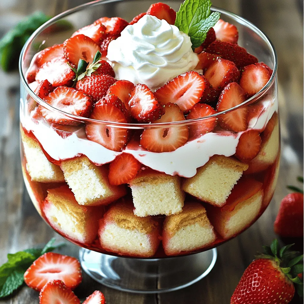 - 2 cups fresh strawberries, hulled and sliced - 1 tablespoon granulated sugar - 1 pound pound cake, cut into bite-sized cubes - 1 cup heavy whipping cream - 1/2 cup powdered sugar - 1 teaspoon pure vanilla extract - 1 cup creamy vanilla yogurt - Fresh mint leaves for garnish To make a great strawberry shortcake trifle, you need fresh, ripe strawberries. Their sweet taste makes the dessert shine. The granulated sugar helps bring out the strawberry juices. A pound cake works best for this recipe. It adds a soft, buttery layer that blends well with the cream and fruit. Next, heavy whipping cream is key for a rich topping. You'll whip it until fluffy, adding powdered sugar for sweetness. Pure vanilla extract gives a lovely flavor, making the cream even better. Creamy vanilla yogurt adds a nice tang and smooth texture. Finally, fresh mint leaves are perfect for garnish. They add a pop of color and a hint of freshness. These ingredients come together to create a beautiful, layered dessert. You can find the full recipe for the strawberry shortcake trifle above. Enjoy crafting this delightful treat! To prepare the strawberries, start by hulling and slicing them. Place the strawberries in a medium bowl. Next, sprinkle 1 tablespoon of granulated sugar over the berries. Gently toss them to coat. This process is called macerating. Let the strawberries sit for about 15 minutes. This resting time helps draw out their juices and boosts their sweetness. The result is juicy, flavorful strawberries that enhance your trifle. For perfect whipped cream, use heavy whipping cream. Pour it into a mixing bowl. With a hand mixer, whip the cream on medium speed. Slowly add the powdered sugar and pure vanilla extract as you whip. Keep an eye on it; stop when soft peaks form. Be careful not to overwhip, as this can turn the cream grainy. You want it to stay light and fluffy for a nice texture. Now, let’s lighten the yogurt. In a separate bowl, add 1 cup of creamy vanilla yogurt. Take a tablespoon of the whipped cream and stir it into the yogurt. This step makes it easier to mix. Next, gently fold in the rest of the whipped cream. Use a spatula to combine until the mixture is even. This technique keeps the texture airy and fluffy, making it perfect for your trifle. Begin layering your trifle in a clear glass dish. Start with a layer of pound cake cubes. This forms the base. Next, add a layer of the whipped cream and yogurt mixture. Follow that with a layer of the macerated strawberries and their tasty juices. Repeat these layers until you reach the top of the dish. Finish with a layer of whipped cream on top. This makes the trifle look beautiful and balanced. For an attractive finish, decorate the top of your trifle. Use fresh strawberry slices and a few mint leaves. This adds color and freshness. Choose garnishes that match the flavors. They should complement the sweet strawberries and creamy layers. This final touch makes your trifle even more inviting. Chill the trifle before serving. Cover it with plastic wrap or a lid and place it in the refrigerator. Let it chill for at least 1 hour. Chilling is important because it allows the flavors to blend beautifully. This enhances the overall taste. When you finally serve it, each bite will be refreshing and delicious. For the complete experience, check out the Full Recipe. To make your trifle just right, adjust the sweetness. If your strawberries are very sweet, cut back on the sugar. For a less sweet treat, add more sugar to the cream. You can also swap out ingredients for dietary needs. Use gluten-free pound cake for a gluten-free version. If you want a lighter dessert, try using a low-fat yogurt. This trifle shines at summer picnics and birthday parties. It’s great for family gatherings too. Pair it with a light salad or grilled foods for a full meal. You can serve it in clear glasses for a fun twist. This way, everyone can see the lovely layers. Top each glass with a mint leaf for a pop of color. For more tips and ideas, check out the Full Recipe. {{image_4}} You can change up the fruits in your trifle for fun. While strawberries are classic, other fruits work well too. Think about using blueberries, raspberries, or peaches. - Blueberries add a tart flavor that pairs nicely with cream. - Raspberries bring a juicy burst and vibrant color. - Peaches offer a sweet, juicy twist that feels like summer. You can also pick fruits based on the season. In spring, use fresh berries. In fall, try apples or pears. This helps keep the trifle exciting all year round. Adding flavors to the cream or yogurt makes your trifle even better. Start with the whipped cream. You can mix in flavors like almond or lemon extract. A splash of liqueur, such as Amaretto or Chambord, adds depth, too. In the yogurt, consider adding a bit of honey or maple syrup for sweetness. These small tweaks can elevate your dessert and make it uniquely yours. If you need a gluten-free trifle, use gluten-free pound cake. Many bakeries offer this option, or you can make your own. When layering, try using fruit puree or whipped cream instead of cake. This still gives you a delicious treat without gluten. You can also stack in jars for a fun presentation. These variations let you customize your trifle while keeping it simple and tasty. Check the Full Recipe for the basics, then get creative! To keep your strawberry shortcake trifle fresh, store it in the fridge. Use an airtight container to seal it tightly. This will help keep it from drying out. To prevent sogginess, avoid adding the strawberries until you are ready to serve. Store them separately if you have leftovers. You can store the trifle in the fridge for up to three days. After that, it may lose its texture and taste. Signs of spoilage include an off smell or watery layers. Always check your trifle before enjoying it again. If it doesn't look or smell right, it's best to toss it out. To keep the pound cake firm, use these tips: - Layer Quickly: Build your trifle soon after preparing the ingredients. - Use Fresh Cake: Fresh pound cake holds its shape better than older cake. - Limit Liquid: Don’t add too much syrup or juice to the layers. Yes, you can! Here’s how: - Assemble Ahead: Layer the trifle a few hours before serving. - Chill It: Keep it in the fridge for up to 4 hours. This allows flavors to mix. - Add Garnish Later: Wait to add mint and strawberries until just before serving. If you want lighter options, try these: - Greek Yogurt: It adds creaminess and tang. - Coconut Cream: It’s rich and dairy-free. - Whipped Topping: Use store-bought for ease. The original recipe is not gluten-free, but you can adapt it: - Gluten-Free Cake: Use gluten-free pound cake. - Check Other Ingredients: Make sure yogurt and other items are gluten-free. Absolutely! Here are some ideas: - Citrus Zest: Add lemon or orange zest to the cream. - Extracts: Use almond or mint extract for a twist. - Nutmeg or Cinnamon: Sprinkle some for added warmth. These desserts make great pairings: - Ice Cream: Vanilla or strawberry flavors complement it well. - Fruit Salad: A light, fresh fruit salad balances the richness. - Cookies: Shortbread or sugar cookies add a nice crunch. For a detailed guide, check the Full Recipe! You now have a solid guide to make a delicious Strawberry Shortcake Trifle. We explored fresh ingredients like strawberries and whipping cream. I showed you how to prepare, layer, and chill your trifle for maximum flavor. You learned to use tips and tricks for perfect sweetness and special dietary needs. Finally, I shared variations and storage tips to keep your dessert fresh. This trifle is perfect for any occasion, and you can have fun with it. Your dessert will impress everyone and be enjoyed all year round. Enjoy making your trifle!