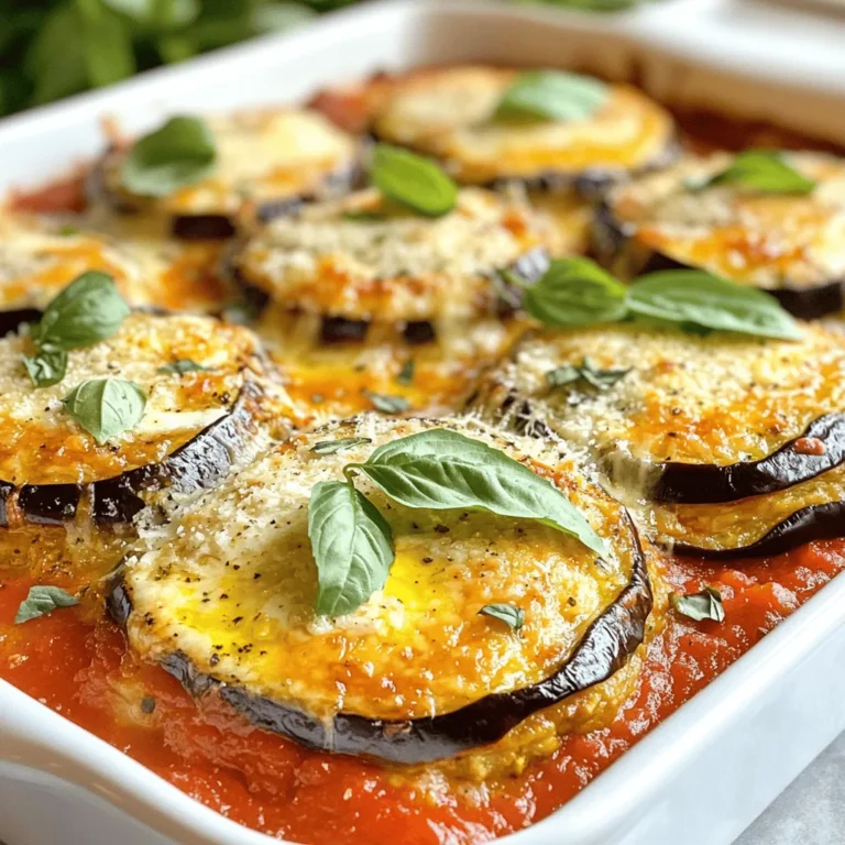 To make a savory Eggplant Parmesan Bake, you'll need the following ingredients: - 2 medium eggplants - 1 teaspoon salt - 2 cups marinara sauce - 2 cups ricotta cheese - 1 cup grated Parmesan cheese - 3 cups shredded mozzarella cheese - 1 teaspoon dried basil - 1 teaspoon dried oregano - Olive oil, for drizzling - Fresh basil leaves for garnish (optional) Each ingredient plays a key role in creating a rich and tasty dish. Eggplants provide a meaty base, while the cheeses add creaminess and depth. Marinara sauce brings a bright, tangy flavor that ties everything together. The herbs give the bake that extra pop, making it truly special. Using fresh ingredients matters. When selecting eggplants, look for firm ones with smooth skin. They should feel heavy for their size. A good marinara sauce can be homemade or store-bought, but go for quality. This makes a big difference in taste. By gathering these ingredients, you set yourself up for success in making a delicious Eggplant Parmesan Bake. For the full recipe, follow the steps to bring this dish to life and impress your family or friends! 1. Preheat the oven: Set your oven to 375°F (190°C). This helps the bake cook evenly. 2. Slice and salt the eggplant: Cut the eggplants into ½-inch thick rounds. Sprinkle salt on them. Let the slices sit in a colander for about 30 minutes. The salt draws out moisture and bitterness. 3. Rinse and pat dry: After 30 minutes, rinse the eggplant slices under cold water. Use paper towels to gently pat them dry. This step is key for a tasty bake. 1. Sautéing the eggplant: In a large skillet, drizzle olive oil over medium heat. Add the eggplant slices in batches. Cook each side for about 3-4 minutes, until golden brown and tender. Transfer to a paper towel-lined plate to absorb excess oil. 2. Preparing the ricotta filling: In a medium bowl, mix the ricotta cheese, half of the grated Parmesan, dried basil, and oregano. Add a pinch of salt and pepper. Stir until creamy and well combined. 1. Layering ingredients in the baking dish: Start by spreading a thin layer of marinara sauce on the bottom of your baking dish. Place half of the sautéed eggplant slices on top. 2. Instructions for baking: Spoon half of the ricotta mixture over the eggplant. Then, add another layer of marinara sauce, followed by a generous layer of mozzarella cheese. Repeat this process until all ingredients are used. Finish with a final layer of marinara sauce, mozzarella, and remaining Parmesan cheese. Drizzle a little olive oil on top for a golden finish. Cover the dish with aluminum foil and bake for 30 minutes. After that, remove the foil and bake for another 15 minutes, until the cheese is bubbly and golden. For the complete steps, refer to the Full Recipe. - Choosing the right eggplants: Look for firm, shiny, and unblemished eggplants. They should feel heavy for their size. Smaller eggplants tend to be sweeter and less bitter. Try to select medium-sized ones for the best texture. - Importance of salting the eggplant: Salting helps remove moisture and bitterness. Slice the eggplants and sprinkle salt on both sides. Let them rest in a colander for about 30 minutes. Rinse the slices and pat them dry with a paper towel. This step is key for a tasty bake. - Tips for layering: Start with a layer of marinara sauce at the bottom. Then, add a layer of eggplant slices. Spoon half of the ricotta mixture over the eggplant, followed by another layer of sauce and mozzarella. Repeat this process. Finish with sauce and cheese on top. This method creates a rich, flavorful dish. - Recommended marinara sauce types: Use a homemade sauce if you can. It often tastes fresher. If you choose store-bought, look for brands that use high-quality ingredients. A sauce with herbs can add great flavor. - Alternative cheeses for different tastes: While mozzarella is classic, try mixing in gouda or fontina for a twist. They melt well and add depth. You can also use vegan cheese if you're going dairy-free. Mixing different cheeses can enhance the overall flavor of your bake. If you want more details, refer to the Full Recipe. Enjoy your cooking adventure! {{image_4}} If you want a vegan eggplant parmesan, you can swap out the dairy. Use cashew cheese or store-bought vegan cheese. Nutritional yeast is a great option for a cheesy flavor without dairy. Also, make sure your marinara sauce is vegan-friendly. For gluten-free options, replace regular breadcrumbs with gluten-free ones. You can also use ground almonds or cornmeal for a crunchy layer. Just be sure to check all labels when buying pre-made items. To boost the flavor, try adding veggies like spinach or mushrooms. You can layer them in between the eggplant slices. Bell peppers or zucchini are great choices too. Sprinkle in some red pepper flakes for a little heat. Experimenting with different cheeses can also elevate your dish. Swap mozzarella for provolone or gouda for a twist. Each cheese adds its own flavor, making your eggplant bake unique. The full recipe can guide you in making these adjustments. To keep your Eggplant Parmesan Bake fresh, store it in the fridge. Place leftovers in an airtight container. This will help maintain flavor and texture. The bake stays good for about three to five days. If you want to save it longer, freezing is a great option. To freeze the Eggplant Parmesan Bake, let it cool completely. Then, wrap it tightly in plastic wrap and aluminum foil. This keeps out moisture and protects it from freezer burn. It can last up to three months in the freezer. When you're ready to eat, just thaw it overnight in the fridge before reheating. You can reheat your Eggplant Parmesan Bake in two ways: the oven or the microwave. The oven gives you a crispy top. Preheat it to 350°F (175°C). Place the bake in an oven-safe dish and cover it with foil. Heat for about 20-25 minutes, or until it’s hot all the way through. If you’re short on time, the microwave works too. Just place a slice on a microwave-safe plate. Heat for 1-2 minutes, checking every 30 seconds. The microwave may not keep the bake as crispy, but it’s quick! To keep the bake moist while reheating, add a splash of water or extra marinara sauce before heating. This helps prevent it from drying out. Enjoy your delicious leftovers! How long does Eggplant Parmesan Bake last in the fridge? Eggplant Parmesan Bake lasts about 3 to 5 days in the fridge. Make sure to store it in an airtight container. This keeps it fresh and tasty. Can I prepare Eggplant Parmesan Bake in advance? Yes, you can prepare it in advance. Assemble the layers, then cover and refrigerate. Just bake it when you are ready to eat. This makes meal prep easy and fun. What can I serve alongside Eggplant Parmesan Bake? I love serving this dish with a fresh salad or garlic bread. You can also pair it with pasta for a heartier meal. The flavors complement each other well. How can I make it spicier? To add heat, try using crushed red pepper flakes in the marinara sauce. You can also mix in some spicy sausage or jalapeños for an extra kick. What type of eggplant is best for this recipe? I recommend using globe eggplants. They have a nice texture and flavor. Japanese or Italian eggplants work too. They are smaller and sweeter, which can add a unique taste. Is it necessary to peel eggplants? No, it is not necessary to peel eggplants. The skin adds texture and nutrients. However, if you prefer a softer bite, you can peel them. It is all about your personal taste. For the full recipe and detailed steps, check out the [Full Recipe]. Making Eggplant Parmesan Bake is simple and fun. You learned about the key ingredients, preparation steps, and cooking tips. My tips on choosing the right eggplant and salting it will help you perfect your dish. You can even explore variations to suit your taste or diet. Remember, storing leftovers and reheating correctly keeps your dish tasty. Enjoy making this delicious recipe and share it with others. Happy cooking!