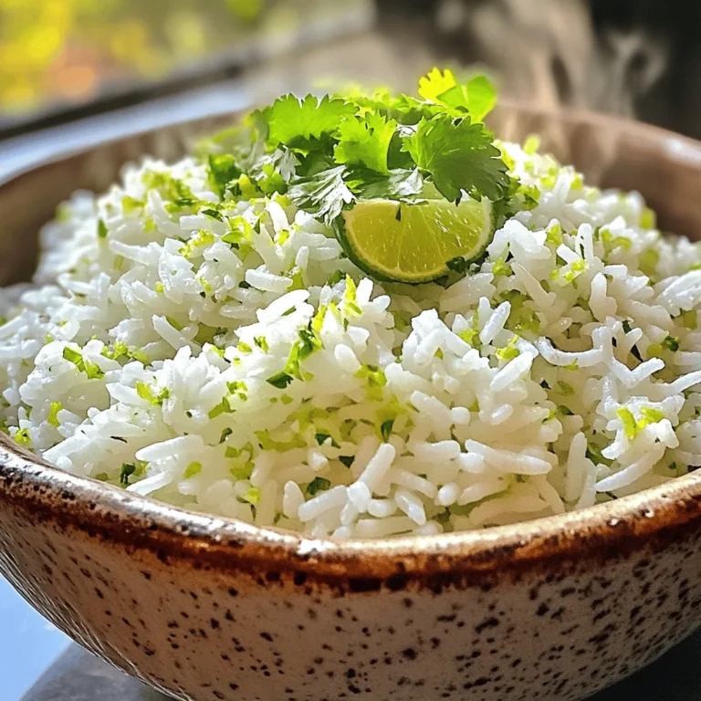 - 1 cup basmati rice - 2 cups vegetable broth - 1 tablespoon olive oil - 1 teaspoon garlic powder - Juice of 1 lime - Zest of 1 lime - 1/2 cup fresh cilantro, finely chopped - Salt to taste - Freshly ground black pepper to taste Alternatives for Basmati Rice If you cannot find basmati rice, you can use jasmine rice or long-grain rice. Both options work well and will give a nice texture. Vegan options for broth You can use mushroom broth or homemade vegetable broth. This keeps the dish vegan and packed with flavor. Choosing the right cilantro Look for bright green leaves with no wilting. Fresh cilantro has a strong, pleasant aroma. Avoid any bunches with yellowing leaves. Picking limes for zest and juice Choose limes that feel heavy for their size. The skin should be smooth and slightly shiny. This indicates that they are juicy and flavorful. - Rinsing the rice: Start by rinsing 1 cup of basmati rice under cold water. Swirl the rice gently until the water runs clear. This step removes excess starch and keeps the rice fluffy. - Sautéing the rice: In a medium saucepan, heat 1 tablespoon of olive oil over medium heat. Once the oil shimmers, add the rinsed rice. Sauté the rice for 2-3 minutes, stirring often. The rice should turn slightly golden and release a nice aroma. - Combining with broth: Pour in 2 cups of vegetable broth and 1 teaspoon of garlic powder. Add a pinch of salt for flavor. Increase the heat to get a rolling boil, then lower the heat. Cover the saucepan tightly. - Simmering the rice: Let the rice simmer on low heat for 15 minutes. This allows the rice to absorb the broth. Check that all the liquid is gone and that the rice is tender. - Steaming finish: After 15 minutes, take the saucepan off the heat. Keep it covered for 5 more minutes. This resting time helps the rice finish cooking and soak up even more flavor. - Fluffing and adding flavor: Use a fork to fluff the rice. Add the juice and zest of 1 lime, along with 1/2 cup of finely chopped fresh cilantro. Taste and adjust with more salt and black pepper if needed. This zesty cilantro lime rice is now ready to serve! You can find the full recipe above for all the details. To make perfect cilantro lime rice, pay attention to the water-to-rice ratio. For basmati rice, I use a 2:1 ratio of broth to rice. This helps the rice cook evenly. If you want your rice a bit softer, you can add a little extra broth. To ensure fluffy rice, rinse it well. Rinsing removes excess starch, which can make rice sticky. After cooking, let the rice rest with the lid on for 5 minutes. This helps it finish cooking and keeps it fluffy. You can enhance the flavor by adding spices or herbs. Try adding a pinch of cumin or some chopped green onions if you want to change things up. These additions can give your rice a whole new vibe. Adding toppings is another way to boost flavor. Fresh avocado slices, diced tomatoes, or black beans work great. They add color and taste, making your dish more exciting. Cilantro lime rice pairs well with many main dishes. It’s excellent alongside grilled chicken, fish, or even tacos. The zesty flavors brighten up any plate. For a fun twist, use it as a base for grain bowls. Top it with roasted veggies, beans, and a drizzle of your favorite sauce. This makes for a hearty and colorful meal. For the complete recipe, check out the [Full Recipe]. {{image_4}} You can make zesty cilantro lime rice even better by adding vegetables. Try mixing in diced bell peppers, peas, or corn. This not only adds color but also boosts nutrition. You can also incorporate beans or legumes. Black beans or chickpeas work well. They add protein and make the dish heartier. Each bite becomes more satisfying! To spice things up, consider making spicy cilantro lime rice. Add diced jalapeños or a pinch of cayenne pepper while cooking. This will give it a nice kick! Another fun idea is coconut cilantro lime rice. Use coconut milk instead of vegetable broth. This creates a rich, creamy texture and a subtle sweetness that pairs perfectly with lime. You can find many Latin American variations of cilantro lime rice. Each region has its own twist. For example, some might add diced tomatoes or a touch of cumin for warmth. Indian influences can also be seen in some recipes. You could spice up your rice with turmeric or mustard seeds. This adds a unique flavor and a beautiful golden color. For more ideas, check out the Full Recipe for zesty cilantro lime rice! To store cilantro lime rice, let it cool first. Place it in an airtight container. This keeps the rice fresh and tasty. You can store it in the fridge for up to three days. If you wait longer, it may lose flavor and texture. You can freeze cilantro lime rice for later use. First, let the rice cool completely. Then, divide it into portions. Use freezer-safe bags or containers. Press out any extra air to prevent freezer burn. Frozen rice lasts for about three months. To reheat your rice, I recommend using the microwave or stovetop. If using a microwave, add a splash of water. This helps to keep the rice moist. Cover the dish to trap steam. On the stovetop, heat it in a pan. Add a touch of water and stir until warm. This method helps keep the rice flavorful and fluffy. Enjoy your rice just like it was fresh! Can I make this dish ahead of time? Yes, you can make cilantro lime rice in advance. Cool the rice after cooking and store it in an airtight container. It stays fresh in the fridge for about three days. Reheat it on the stovetop or microwave. Add a splash of lime juice to restore some flavor. How can I make cilantro lime rice spicy? To add some heat, mix in diced jalapeños or red pepper flakes. You can also add a pinch of cayenne pepper. Just a little goes a long way, so start small and taste as you go. What to do if the rice is sticky? If your rice turns out sticky, it likely has too much starch. Next time, rinse the rice under cold water until the water runs clear. If it’s already cooked, try fluffing it gently with a fork. Adding a little olive oil can also help separate the grains. Fixing overcooked or undercooked rice For overcooked rice, try to drain excess water and spread the rice out on a baking sheet to cool. For undercooked rice, add a splash of water, cover, and cook for a few more minutes. Keep an eye on it to avoid overcooking. Caloric content per serving Each serving of cilantro lime rice has about 180 calories. This varies based on the specific brands of ingredients you use. Dietary considerations (gluten-free, vegan options) This recipe is naturally gluten-free and vegan. Use vegetable broth to keep it plant-based. Always check labels to ensure all ingredients meet your dietary needs. For a heartier meal, consider adding black beans or corn for extra protein and fiber. For the full recipe, check out the detailed instructions. Cilantro lime rice is a simple and tasty dish. We covered ingredients, cooking steps, and storage tips. Remember, select fresh cilantro and limes for the best flavor. Adjust spices to match your taste. This dish can pair with many meals or stand alone in a grain bowl. You can easily modify it with veggies or beans. Explore variations and enjoy your cooking journey. With these tips, you’ll make delicious cilantro lime rice each time!