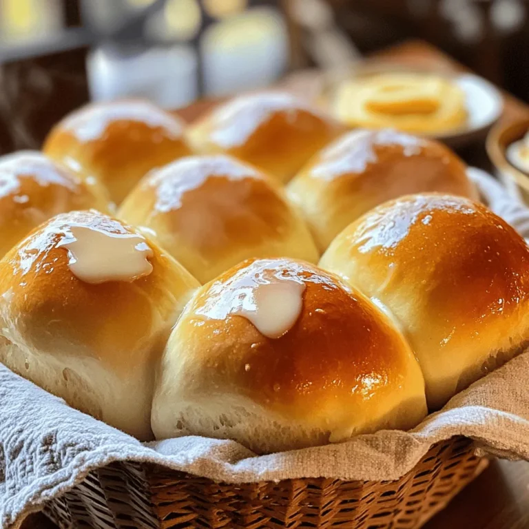 - 4 cups all-purpose flour - 1 packet (2 ¼ teaspoons) instant yeast - 1/4 cup granulated sugar - 1 teaspoon salt - 1 cup warm milk (about 110°F/43°C) - 1/4 cup unsalted butter, melted - 1 tablespoon honey - Extra melted butter for brushing - 2 large eggs To make soft dinner rolls, you need a few key items. First, all-purpose flour gives the rolls structure. Instant yeast helps them rise and become fluffy. Granulated sugar adds a hint of sweetness. Next, you’ll need salt. Salt enhances flavor and controls yeast activity. Warm milk activates the yeast. It also adds moisture. Unsalted butter enriches the rolls and makes them tender. You can also use optional ingredients. Honey adds a lovely flavor and sweetness. Brushing the rolls with melted butter gives them a nice shine. Eggs can add richness, making the rolls even softer. Check the [Full Recipe] for complete details. This guide will help you create warm, soft rolls that everyone will love! Mixing dry ingredients Start with a large bowl. Add 2 cups of all-purpose flour, the instant yeast, granulated sugar, and salt. Stir well to mix the dry ingredients. This helps the yeast to activate and the sugar to sweeten the rolls. Combining wet ingredients In a separate bowl, whisk together 1 cup of warm milk, melted butter, honey, and eggs. Mix until the blend is smooth. Use milk that is about 110°F. This warmth helps the yeast grow, making the rolls soft. Incorporating the wet mixture Slowly pour the wet mixture into the dry ingredients. Stir with a wooden spoon or spatula. Keep mixing until a sticky dough forms. Kneading the dough Add the remaining flour, one cup at a time. Mix well after each addition until the dough pulls away from the bowl. Transfer the dough to a floured surface and knead for 8-10 minutes. The dough should feel elastic and smooth. This process builds strength in the dough. First rise process Place the kneaded dough in a greased bowl. Cover it with a clean kitchen towel. Let it rise in a warm spot for about 1 hour. The dough should double in size. Shaping the rolls After the dough has risen, gently punch it down. This releases air bubbles. Divide the dough into 12 equal pieces. Shape each piece into a ball. Arrange these balls snugly in a greased 9x13 inch baking dish. Second rise Cover the shaped rolls with a towel. Let them rise again for 30-45 minutes. They should puff up beautifully, ready to bake. Baking temperature and time While the rolls rise, preheat your oven to 375°F. Once the rolls have risen, bake them for 15-20 minutes. They should turn golden brown on top. When they are done, brush the tops with melted butter for a shiny finish. Enjoy the soft, fluffy rolls right from the oven! For the complete process, check the Full Recipe. To make soft rolls, kneading is key. Knead your dough for 8-10 minutes. This helps develop gluten, making your rolls fluffy. When kneading, push the dough away, fold it back, and repeat. You want a smooth, elastic texture. The rising environment matters a lot. Dough likes warmth. If your kitchen is cold, find a cozy spot. You can turn on your oven for a minute, then turn it off. Place the bowl inside with a towel over it. This warm area helps the dough rise perfectly. One big mistake is over-proofing the dough. If you let it rise too long, the rolls can deflate. Keep an eye on them. They should double in size but not get too puffy. Another mistake is using the wrong oven temperature. If your oven is too hot or too cool, it affects baking. Always preheat your oven to 375°F (190°C) before baking. A steady temperature helps your rolls cook evenly. You can boost flavor with flavored butters. Try mixing herbs, garlic, or spices into your butter. This adds a tasty twist. Another way to enhance flavor is by adding herbs or garlic to the dough. Minced garlic and fresh herbs, like rosemary or thyme, can make your rolls stand out. Just mix these in when you combine your wet ingredients. This little change can make a big difference! For the full recipe, check out the Cloud-like Soft Dinner Rolls. Enjoy the process and get ready to impress your family and friends! {{image_4}} To make garlic herb rolls, start by adding minced garlic to your dough. This adds a lovely aroma and taste. I use about 3 cloves for a strong flavor. Next, mix in fresh herbs. Chopped rosemary or thyme works well. These herbs elevate the rolls, making them a perfect side for any meal. If you want sweet rolls, try a cinnamon-sugar topping. Mix 1/4 cup of sugar with 1 tablespoon of cinnamon. Sprinkle this mix on top before baking. You can also add dried fruit, like raisins or cranberries. Nuts, such as chopped pecans or walnuts, add a nice crunch. These sweet rolls are great for breakfast or dessert. For gluten-free rolls, use blends of gluten-free flours. I recommend almond flour or a gluten-free all-purpose flour blend. These options keep the rolls light and fluffy. You may need to adjust the liquid in your dough. This ensures the rolls stay moist and tender. Adding a bit of apple cider vinegar helps with texture. Enjoy these variations for a unique twist on your dinner rolls! For the complete recipe, check out [Full Recipe]. To keep your soft dinner rolls fresh, store them at room temperature. Use a breadbox or a sealed container. This helps keep them soft and tasty for a few days. Avoid placing them in the fridge, as it can dry them out. For long-term storage, freezing is a great option. Place the rolls in a freezer-safe bag once they cool. Remove as much air as possible before sealing. To reheat, simply preheat your oven to 350°F (175°C). Place the frozen rolls on a baking sheet and bake for about 10 to 15 minutes. Enjoy them warm and soft! To keep your rolls soft for longer, try to store them with a slice of bread. The moisture from the bread helps keep the rolls fresh. To avoid stale rolls, make sure to seal them well. If you notice any hard spots, you can lightly brush them with melted butter and warm them slightly in the oven. To make dinner rolls from scratch, follow these steps: - Mix dry ingredients: Combine flour, yeast, sugar, and salt in a bowl. - Combine wet ingredients: In another bowl, whisk warm milk, butter, honey, and eggs. - Make the dough: Pour the wet mix into the dry mix. Stir until sticky dough forms. - Knead: Transfer dough to a floured surface. Knead for 8-10 minutes until smooth. - First rise: Place dough in a greased bowl, cover, and let rise for about 1 hour. - Shape rolls: Punch down the dough, divide it, and shape each piece into a ball. - Second rise: Let the shaped rolls rise for another 30-45 minutes. - Bake: Preheat oven to 375°F (190°C). Bake for 15-20 minutes. The essential ingredients for these rolls include: - 4 cups all-purpose flour - 1 packet (2 ¼ teaspoons) instant yeast - 1/4 cup granulated sugar - 1 teaspoon salt - 1 cup warm milk - 1/4 cup unsalted butter - 2 large eggs - 1 tablespoon honey If your dough doesn’t rise, check these common causes: - Inactive yeast: Ensure your yeast is fresh and active. Test yeast by mixing it with warm water and sugar. It should bubble. - Cold environment: Dough needs warmth to rise. Find a warm spot in your kitchen or use an oven with the light on. - Over-proofing: If dough rises too long, it can collapse. Watch the time closely. To troubleshoot, try these techniques: - Re-knead: If dough is too sticky, add a bit more flour and knead again. - Warm it up: If dough is cold, place it in a warm oven for a short time to help it rise. Yes, you can prepare dinner rolls in advance! Here are some options: - Make-ahead dough: After kneading, cover the dough and store it in the fridge for up to 24 hours. Let it come to room temp before rising. - Shaped rolls: After shaping the rolls, you can cover and freeze them before the second rise. Just thaw and let them rise when ready to bake. Best practices for baking later include: - Thaw slowly: If frozen, let rolls thaw in the fridge overnight. - Preheat oven: Always preheat your oven before baking for best results. The ideal baking temperature for rolls is 375°F (190°C). Preheating your oven is very important because it helps the rolls rise and bake evenly. - Even baking: A preheated oven ensures that heat circulates properly. This gives you a nice, golden crust. - Moisture control: Proper temperature helps maintain moisture inside the rolls, keeping them soft. Following these tips will help you bake the fluffiest, most irresistible dinner rolls! For the full recipe, check out the detailed instructions. Making dinner rolls at home is easy and fun. We covered key ingredients like flour, yeast, and butter. You learned step-by-step how to mix, knead, rise, and bake rolls. I shared tips for soft rolls and common mistakes to avoid. We also explored variations, from garlic herb to gluten-free options. Lastly, I provided storage tips for keeping your rolls fresh. Now, you can impress your family with warm, homemade rolls anytime. Happy baking!