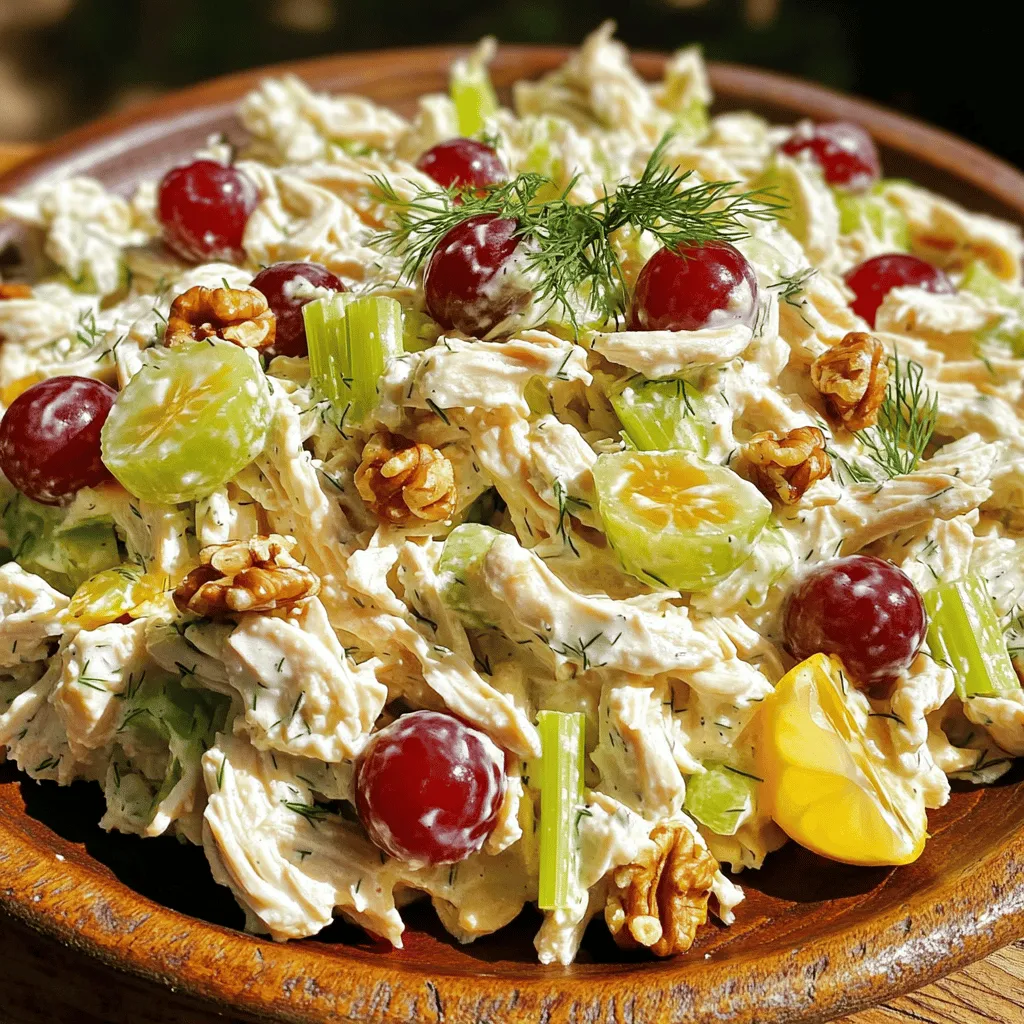 For my Simple Greek Yogurt Chicken Salad, I use a few key ingredients that make it delicious and fresh: - 2 cups cooked chicken, shredded or diced - 1 cup plain Greek yogurt - 1/4 cup celery, finely chopped - 1/4 cup red grapes, halved - 1/4 cup walnuts, chopped - 1 tablespoon Dijon mustard - 1 tablespoon honey - 1 tablespoon fresh dill, finely chopped - 1 tablespoon fresh lemon juice - Salt and black pepper, to taste These ingredients mix well together. The chicken adds protein. Greek yogurt gives a creamy texture. Celery and grapes add crunch and sweetness. Walnuts offer a nice nutty flavor. You can switch things up with optional ingredients. Try adding: - Diced apples for sweetness - Sliced almonds for extra crunch - Fresh herbs like parsley or basil These options let you personalize the salad. Feel free to get creative based on your tastes! I always add salt and black pepper to taste. These seasonings boost the flavors of the salad. Adjust them to suit your preferences. A little extra salt can make all the difference! For the full recipe, check out the detailed steps. 1. In a large mixing bowl, combine the shredded or diced cooked chicken with the Greek yogurt. Use a spatula or wooden spoon to mix thoroughly. You want every piece of chicken coated in yogurt. 2. Next, add the finely chopped celery, halved red grapes, and chopped walnuts into the bowl. Gently stir these ingredients together. This helps blend the flavors and gives the salad great texture. 1. In a separate small bowl, whisk together the Dijon mustard, honey, fresh dill, lemon juice, and a pinch of salt and black pepper. Make sure the dressing is smooth and well combined. 1. Drizzle the prepared dressing over the chicken mixture. Gently fold the dressing into the salad. Stir until everything is well mixed and creamy. 2. Taste the salad and adjust the seasoning with more salt and pepper if needed. 3. Cover the bowl with plastic wrap or transfer the salad to an airtight container. Refrigerate for at least 30 minutes. This makes the flavors meld perfectly. 4. Serve the salad chilled. It’s perfect on its own, in sandwiches, or on a bed of greens. For the full recipe, check out [Full Recipe]. For the best taste, use rotisserie or grilled chicken. Rotisserie chicken is juicy and full of flavor. Grilled chicken adds a nice smoky touch. You can also use leftover chicken from last night's dinner. Just make sure it is shredded or diced into small pieces. This helps the chicken mix well with the yogurt and other ingredients. To get the perfect texture, mix the chicken and Greek yogurt first. Use a spatula or wooden spoon to blend them well. This ensures every piece of chicken is coated. Next, add in the celery, grapes, and walnuts. Gently stir so you keep some crunch. Don’t mash the ingredients; you want a nice bite in every scoop. For the dressing, whisk it in a separate bowl first. This makes it smooth and easy to combine. Then, drizzle it over the chicken mixture and fold it in slowly. This keeps the salad light and creamy. You can serve this salad in many ways. One great option is on whole-grain bread for a sandwich. Another fun idea is to use lettuce leaves as wraps. These are fresh and low-carb. You can also plate it on a bed of mixed greens for a fancy touch. Add some extra dill or lemon slices on top for color and flavor. This salad is perfect for lunch, picnics, or light dinners. For the full recipe, check out the Complete Recipe section. {{image_4}} You can swap the chicken for turkey. Turkey adds a leaner taste. Tofu is a great choice for plant-based diets. It soaks up flavors well. Chickpeas offer a nice crunch and protein boost. They make the salad hearty and filling. Add a teaspoon of curry powder for warmth. This spice brings a new twist to the dish. Fresh herbs like basil or parsley can brighten the flavors. You can also experiment with garlic powder or smoked paprika. These ingredients add depth and complexity to the mix. For a gluten-free option, ensure all ingredients are safe. Most brands of Greek yogurt are gluten-free. If you need a dairy-free choice, try coconut yogurt. It gives a creamy texture and slight sweetness. Always check labels to confirm they fit your dietary needs. This salad stays fresh in the fridge for about three to four days. Keep it in an airtight container. The flavors will deepen as it sits, making it even tastier. You can freeze chicken salad with Greek yogurt, but I don't recommend it. The yogurt can change texture when thawed. It may become watery or grainy, affecting the taste. Use airtight containers to keep your salad fresh. Glass containers work well. They do not absorb odors and are easy to clean. If you use plastic, choose BPA-free options. Proper storage helps maintain flavor and texture for days. For the full recipe, check out the main article. Yes, you can make this salad ahead of time. I often prepare it a few hours before serving. When you let it sit, the flavors combine and taste even better. Just keep it in the fridge until you're ready to eat. For best taste, try to eat it within two days. This salad is versatile and pairs well with many sides. Here are some ideas: - Fresh fruit salad - Whole grain bread or wraps - Crunchy vegetable sticks like carrots and cucumbers - Mixed greens with a light vinaigrette These sides add variety and balance to your meal. You can make this salad even healthier with a few simple tips: - Use low-fat Greek yogurt instead of regular. - Add more veggies like bell peppers or spinach for extra nutrients. - Swap out walnuts for sunflower seeds to cut fat. These changes keep the salad tasty while lowering calories. This blog post walked you through making a tasty Greek yogurt chicken salad. We discussed choosing the best ingredients, preparing the dressing, and mixing everything for a great flavor. I shared tips for storage, serving, and healthy adjustments. You can always tweak this recipe to fit your tastes. Try new proteins or add herbs for a fun twist. Enjoy making your own version of this dish, and remember to have fun in the kitchen!